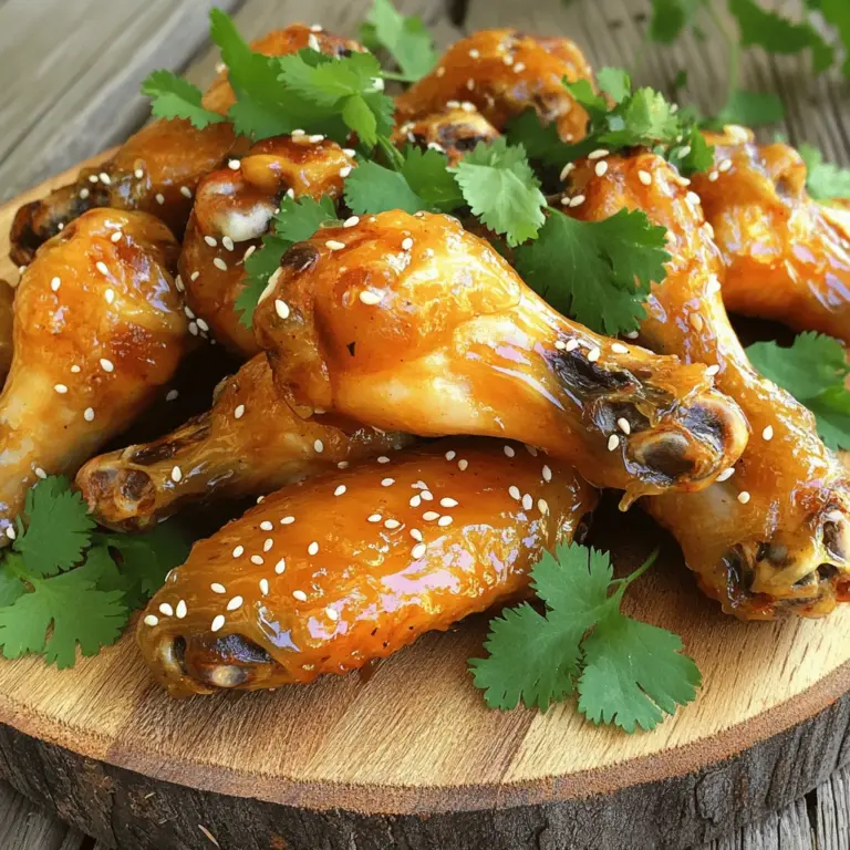 To make sweet and tangy chicken wings, you need the following items: - 2 lbs chicken wings - 1/2 cup honey - 1/4 cup soy sauce (low sodium) - 2 tablespoons apple cider vinegar - 1 tablespoon ginger, grated - 3 cloves garlic, minced - 1 teaspoon chili flakes (adjust to taste) - Salt and pepper to taste - 1 tablespoon sesame seeds (for garnish) - Fresh cilantro leaves (for garnish) You can swap some ingredients to fit your taste or pantry. - Use brown sugar instead of honey for a deeper flavor. - If you don’t have soy sauce, try tamari for a gluten-free option. - You can replace apple cider vinegar with rice vinegar for a milder taste. - Swap ginger with ground ginger if fresh is not available. - Use shallots instead of garlic for a different flavor. Garnishes can elevate your dish's look and taste. - Sprinkle sesame seeds on top for a nice crunch. - Add fresh cilantro leaves for a burst of color and flavor. - Drizzle extra honey for a sweeter finish. - Serve with lime wedges for a zesty kick. You can find the full recipe in the article above. To make the marinade, grab a large mixing bowl. Add 1/2 cup honey and 1/4 cup soy sauce. Next, pour in 2 tablespoons of apple cider vinegar. Then, add 1 tablespoon of grated ginger and 3 minced garlic cloves. For a little heat, include 1 teaspoon of chili flakes. Finally, sprinkle in salt and pepper to taste. Whisk everything together until it blends well. This sweet and tangy mix will coat the wings beautifully. Now, it’s time to marinate the wings. Take 2 lbs of chicken wings and place them in your marinade bowl. Make sure all wings get covered in the marinade. This step is crucial for flavor. Once coated, cover the bowl with plastic wrap. Put it in the fridge for at least 1 hour. If you have time, let them marinate overnight. This will deepen the flavors even more. Preheat your oven to 400°F (200°C). While it heats, line a baking tray with aluminum foil. Place a wire rack on top of the tray. This will help the wings cook evenly. After marinating, take the wings out and let excess marinade drip off. Arrange the wings in a single layer on the wire rack. Bake for 35-40 minutes, flipping them halfway through. The wings should look golden and crispy. In the last 5 minutes, brush on some leftover marinade for a tasty glaze. Once done, take them out and let them rest for a few minutes. Garnish with sesame seeds and fresh cilantro leaves before serving. For the complete recipe, check the [Full Recipe]. To get crispy chicken wings, you need to dry them well. Pat them with paper towels. You can also let them sit in the fridge for an hour. This helps the skin dry out. For extra crispiness, bake the wings on a wire rack. The hot air can flow all around. This method helps them cook evenly too. Want to boost the flavor? Add more spices to the marinade. Try smoked paprika for a smoky taste. You can also mix in some fresh herbs like thyme or rosemary. For a kick, add more chili flakes or hot sauce. This makes the wings more exciting. You can even try using different types of honey, like orange blossom. This will change the taste profile a bit. Having the right tools makes cooking easier. A large mixing bowl helps combine your marinade well. You’ll need a wire rack for baking. It keeps the wings from sitting in grease. A good pair of tongs helps flip the wings with ease. Lastly, use a meat thermometer to check the doneness. Wings should reach an internal temperature of 165°F (75°C). For the full recipe, check the instructions above. {{image_2}} You can spice up your wings easily. Add more chili flakes for a kick. You can also mix in some hot sauce. A tablespoon of sriracha or buffalo sauce works great. This adds heat while keeping the sweet and tangy flavor. Adjust the heat to fit your taste. After cooking, you can add extra sauce. Try using a mix of honey and soy sauce. This creates a tasty glaze. You can also use barbecue sauce for a smoky flavor. Just brush it over the wings before serving. For a fruity twist, add a bit of mango or pineapple sauce. These options make your wings even more exciting. You can cook these wings in different ways. Grilling gives them a nice smoky flavor. Simply follow the same marinade steps, then grill them over medium heat. Flip them often to avoid burning. Air frying is another great choice. It cooks the wings quickly and makes them crispy. Set the air fryer to 375°F and cook for 25-30 minutes. No matter how you cook them, your sweet and tangy chicken wings will taste amazing. For the full recipe, check out the Sweet and Tangy Chicken Wings section. To keep your leftover sweet and tangy chicken wings fresh, place them in an airtight container. Make sure they cool down first. You can store them in the fridge for up to four days. This way, they stay tasty and safe to eat. When you want to enjoy your leftover wings, the best method is to reheat them in the oven. Preheat the oven to 350°F (175°C). Arrange the wings on a baking sheet. Heat them for about 10-15 minutes or until they are hot. This method keeps the wings crispy and delicious. You can freeze chicken wings if you want them to last longer. To do this, let the wings cool completely first. Then, place them in a freezer-safe bag or container. Label it with the date. They can stay in the freezer for up to three months. When you're ready to eat them, thaw in the fridge overnight. After that, reheat them using the oven method mentioned above. You should marinate chicken wings for at least 1 hour. For the best flavor, marinate them overnight. The longer they soak, the more the flavors will blend. Yes, you can use boneless chicken for this recipe. You may need to adjust cooking time. Boneless wings will cook faster, so check for doneness sooner. Sweet and tangy chicken wings go great with many sides. Here are some ideas: - Crisp coleslaw - Creamy potato salad - Fresh veggie sticks with dip - Fluffy rice or quinoa - Sweet corn on the cob These sides balance the flavors of the wings well. You can mix and match! Check the Full Recipe for more tips on serving. You now have a clear picture of making delicious chicken wings. We covered the best ingredients, easy steps, and handy tips. You learned about flavor changes and cool ways to cook. Plus, we covered how to store leftovers and answered common questions. With these insights, you can make great wings every time. Enjoy your cooking journey!
