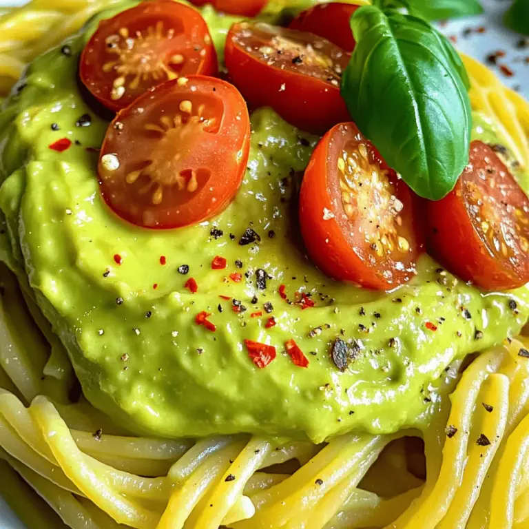 To make creamy avocado pasta, you need these simple ingredients: - 2 ripe avocados, pitted and peeled - 2 cloves garlic, minced - 1 tablespoon lemon juice - 1/4 cup fresh basil leaves, plus extra for garnish - 2 tablespoons olive oil - 1/4 teaspoon red pepper flakes (optional) - Salt and pepper, to taste - 12 ounces spaghetti or your favorite pasta - 1/4 cup grated Parmesan cheese (optional) - Cherry tomatoes, halved (for garnish) These ingredients work together to create a rich, creamy sauce that coats the pasta well. The fresh basil and lemon juice bring brightness, while garlic adds depth. You can tweak this recipe to fit your taste. Here are some ideas: - Swap avocados for ripe bananas for a different flavor. - Use any pasta shape you like, such as penne or fusilli. - Add spinach or kale for more greens. - Try different herbs like parsley or cilantro instead of basil. - For a vegan option, skip the cheese or use a plant-based alternative. Feel free to mix and match these options to make the dish yours. To prepare this dish, you will need: - A large pot for boiling pasta - A blender or food processor for the sauce - A colander to drain pasta - A mixing bowl for combining pasta and sauce - A cutting board and knife for chopping Having the right tools makes cooking easier and more fun. Enjoy the process! Start by boiling water in a large pot. Add a good amount of salt to the water. Once it boils, add 12 ounces of spaghetti or your favorite pasta. Cook it according to the package instructions until it is al dente. This usually takes about 8 to 10 minutes. When the pasta is ready, save 1 cup of the pasta water before draining it. This water will help adjust the sauce later. Drain the pasta in a colander and set it aside. Now, let’s make the creamy avocado sauce. In a blender or food processor, combine the following: - 2 ripe avocados, pitted and peeled - 2 cloves garlic, minced - 1 tablespoon lemon juice - 1/4 cup fresh basil leaves - 2 tablespoons olive oil - 1/4 teaspoon red pepper flakes (optional) - Salt and pepper, to taste Blend these ingredients until the mixture is smooth and creamy. If the sauce is thick, add a bit of the reserved pasta water. Blend again until you reach your desired consistency. In the same pot where you cooked the pasta, add the drained pasta and the creamy avocado sauce. Toss everything well. Make sure the pasta is completely coated with the sauce. Taste your dish and adjust the flavor with more salt, pepper, or lemon juice if needed. If you want a cheesy touch, mix in 1/4 cup of grated Parmesan cheese at this point. For a lovely finish, serve the creamy avocado pasta in a large bowl. Top it off with halved cherry tomatoes and a sprinkle of fresh basil. This dish looks as good as it tastes! Enjoy your meal! For the full recipe, check out my detailed instructions. To get the best creamy sauce, start with ripe avocados. If your sauce is too thick, add a little of the pasta water. This water has starch, which helps the sauce cling to the pasta. Blend the sauce until it is smooth and creamy. If you want it lighter, add more olive oil or lemon juice. For a tasty kick, consider adding red pepper flakes. A pinch can make a big difference. Fresh herbs like parsley or cilantro can change the flavor, too. If you want a cheesy touch, stir in grated Parmesan. You could also add a splash of white wine for depth. Taste your sauce before mixing it with the pasta. Adjust salt and lemon juice for the best flavor. How you serve the dish matters. Use a large pasta bowl for a beautiful look. Drizzle some olive oil over the top for shine. For color, add red pepper flakes and fresh basil leaves. Halved cherry tomatoes also add a nice pop. Keep it simple but eye-catching. A great presentation makes the meal even more enjoyable. For the full recipe, check back on the main article. {{image_2}} You can easily add protein to creamy avocado pasta. Grilled chicken or shrimp works well. For a quick option, use canned tuna or salmon. Simply mix in your choice after combining the pasta and sauce. This adds flavor and makes the dish more filling. While spaghetti is a classic choice, you can use any pasta. Try penne, fusilli, or even whole grain options. Gluten-free pasta also works great. Cook it just like you would regular pasta. The creamy avocado sauce will coat any type perfectly. To keep this dish vegan, skip the Parmesan cheese. You can use nutritional yeast for a cheesy flavor. It adds a nice touch without dairy. If you want a creamier sauce, add a splash of plant-based milk. Almond or coconut milk can enhance the texture. To keep your creamy avocado pasta fresh, store it in an airtight container. Make sure the container is clean and dry. Place the pasta in the fridge. It will stay good for up to three days. To prevent browning, cover the pasta with plastic wrap. This keeps air out and the color bright. When you are ready to eat, reheat gently. You can use a microwave or a pan on low heat. Add a splash of water or olive oil to help loosen the sauce. Stir often to keep it from sticking. Heat just until warm, not too hot. This helps keep the creamy texture intact. Freezing creamy avocado pasta is not the best option. The sauce may change texture when thawed. If you do choose to freeze it, store in a freezer-safe bag. Try to remove as much air as possible. You can keep it in the freezer for up to a month. When ready to eat, thaw overnight in the fridge. Reheat as mentioned above. For best results, make the sauce fresh each time. You can find the full recipe for creamy avocado pasta to make a fresh batch anytime! Yes, you can use frozen avocados. Just thaw them before blending. This saves time and keeps the dish creamy. Frozen avocados work well because they blend smoothly. Creamy avocado pasta pairs well with many sides. Try a fresh salad or garlic bread. You could also serve it with grilled chicken or shrimp. These options add protein and balance the meal. To add spice, stir in red pepper flakes. You can also use fresh jalapeños or chili powder. Adjust the amount based on your heat preference. This gives the dish a nice kick. Yes, this recipe can be gluten-free. Just swap regular pasta for gluten-free options. Many brands offer great choices that taste amazing. Check the label to ensure it fits your diet. To prevent browning, use lemon juice in the sauce. The acidity slows down oxidation. Blend the sauce just before serving for the best color. If you have leftovers, cover tightly to keep it fresh. For the full recipe, check the section above. Enjoy your creamy avocado pasta! This blog post covered everything you need for creamy avocado pasta. We looked at key ingredients, step-by-step cooking instructions, and useful tips. We explored flavor variations, storage options, and answered common questions. Now, you can make this dish perfectly every time. Enjoy experimenting with different toppings and flavors. Your pasta will impress anyone lucky enough to try it.