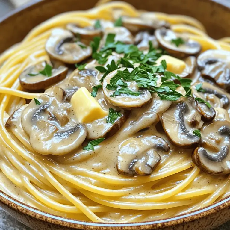 - 12 oz mixed mushrooms (cremini, shiitake, button), sliced - 1 medium onion, finely chopped - 3 cloves garlic, minced - 1 tablespoon olive oil - 1 tablespoon vegan butter - 8 oz pasta of choice (fettuccine, macaroni, or gluten-free) The mushrooms are the star here. They add depth and a savory taste. You can use any mix of mushrooms you like. I prefer cremini and shiitake for their rich flavors. The onion and garlic provide a solid base. They make the dish aromatic and bright. - 1 teaspoon dried thyme - 1 teaspoon smoked paprika - 1 cup coconut cream or cashew cream - 2 tablespoons soy sauce or tamari - 2 tablespoons nutritional yeast Dried thyme lends an earthy note, while smoked paprika adds warmth. Coconut cream or cashew cream gives a rich, creamy texture. Nutritional yeast brings a cheesy flavor, which rounds out the taste. Soy sauce adds umami, making the dish even more flavorful. - 1 cup vegetable broth - Salt and pepper to taste Vegetable broth is key for a full-bodied sauce. It adds moisture and flavor. Don't forget to season with salt and pepper. These simple ingredients elevate the dish. Combine everything carefully for a balanced flavor. For the full recipe, be sure to check the instructions. Enjoy cooking! How to Cook Pasta Perfectly To cook pasta well, bring a large pot of water to a boil. Add salt to the water; this adds flavor. Then, add your pasta. Stir it gently. Cook it according to the package time. Test it a minute early to see if it's al dente. That's when it's firm but not hard. Drain the pasta but save some of that water. Tips for Reserving Pasta Water While draining, keep a cup of pasta water. This water is starchy and can help your sauce. If the sauce is too thick later, add some pasta water. It helps blend the flavors and makes the sauce creamy. Sautéing Onions and Garlic In a large skillet, heat olive oil and vegan butter on medium heat. Add finely chopped onions. Sauté for about 5 to 7 minutes until they look clear. Then, add minced garlic. Cook for one more minute. The smell will be amazing! Cooking the Mushrooms Now, add the sliced mushrooms to the skillet. These can be cremini, shiitake, or button mushrooms. Sprinkle in dried thyme and smoked paprika. Cook for about 8 to 10 minutes. You want the mushrooms to brown and lose some water. Adding Broth and Sauces After cooking the mushrooms, pour in vegetable broth and soy sauce. Stir well to mix everything. Let it simmer for about 5 minutes. This step brings all the flavors together. Final Touches for Perfect Consistency Lower the heat and stir in coconut cream or cashew cream. Add nutritional yeast next. Let this mix simmer gently for another 5 minutes. If the sauce is too thick, add some reserved pasta water. This makes it creamy and smooth. Finally, season with salt and pepper to your taste. Now, combine the cooked pasta with the mushroom sauce. Mix gently until all the pasta is coated. This recipe is truly a delight! For the full recipe, check out the details above. Using fresh herbs can lift your dish. Try adding parsley or thyme at the end. This gives a bright aroma. Fresh herbs make every bite taste special. Balancing creaminess with broth is key. Start with a cup of vegetable broth. Mix in coconut or cashew cream after the mushrooms cook. This keeps the sauce rich but not too thick. If it starts to get heavy, add more broth until you reach the right consistency. Overcooking mushrooms is a common mistake. Cook them until they are golden brown, about 8 to 10 minutes. If you cook them too long, they may become soggy. Keep an eye on them for the best texture. Getting sauce thickness right can be tricky. If your sauce is too thin, let it simmer longer. If it's too thick, add some reserved pasta water. This will help you find that perfect creamy texture. For the best side dishes to pair with stroganoff, consider a simple green salad. It adds a nice crunch and freshness. Garlic bread also works well, giving you a warm, cozy meal. For garnishing tips, sprinkle fresh parsley on top before serving. You can also add a dash of nutritional yeast for extra flavor. This makes your dish look fancy and appetizing. For the full recipe, check out the complete guide. {{image_2}} To make a gluten-free version of vegan mushroom stroganoff, start by choosing gluten-free pasta. Many brands offer great options like rice or chickpea pasta. These types cook well and taste good in the dish. Next, modify your sauce ingredients. Check that your vegetable broth is gluten-free. Use tamari instead of soy sauce, as it is gluten-free too. This way, you can enjoy a creamy and tasty meal without gluten. You can boost the protein in your stroganoff by using lentils or tofu. Cooked lentils mix well into the sauce. They add texture and protein. For tofu, try firm or extra-firm. Cut it into cubes and sauté until golden. This will add a nice bite to the dish. Another option is adding nutritional yeast for extra protein. It gives a cheesy flavor and loads of nutrients. Just a couple of tablespoons will enhance the taste. Experimenting with different mushrooms can change the flavor. Try using portobello or oyster mushrooms for a richer taste. Each type brings its own unique flavor profile. Incorporating other vegetables is another fun way to add depth. Think about adding spinach, peas, or bell peppers. These can add color and extra nutrients to your vegan mushroom stroganoff. Feel free to get creative; cooking should be fun! For the complete vegan mushroom stroganoff recipe, check out the Full Recipe. To keep your leftover vegan mushroom stroganoff fresh, use proper storage techniques. Let the dish cool down to room temperature before storing. This step helps prevent sogginess. - Use airtight containers to store leftovers. - Glass or BPA-free plastic containers work well. - Divide into smaller portions for easy reheating. For reheating, I recommend a few methods to keep the flavor intact. The stovetop is my favorite because it warms the dish evenly. - Place stroganoff in a skillet over low heat. - Stir often to avoid sticking or burning. - Add a splash of vegetable broth or water to keep it moist. Microwave is also an option, but be careful to avoid uneven heating. Use a microwave-safe dish, cover it, and heat in short bursts. Stir between intervals for even heat. Yes, you can freeze vegan stroganoff! This is great for meal prep or saving leftovers. - Allow the dish to cool completely before freezing. - Use freezer-safe containers or heavy-duty bags. - Label containers with the date for reference. When it’s time to eat, thaw the stroganoff in the fridge overnight. For quicker thawing, run the sealed bag under cold water. Reheat using stovetop or microwave as mentioned above, and enjoy! Vegan Mushroom Stroganoff is a creamy, savory dish. It uses mushrooms, pasta, and rich sauces. The main ingredients create a hearty meal. Overview of Ingredients in the Dish: - 12 oz mixed mushrooms (cremini, shiitake, button), sliced - 1 medium onion, finely chopped - 3 cloves garlic, minced - 1 tablespoon olive oil - 1 tablespoon vegan butter - 1 teaspoon dried thyme - 1 teaspoon smoked paprika - 1 cup vegetable broth - 1 cup coconut cream or cashew cream - 2 tablespoons soy sauce or tamari - 2 tablespoons nutritional yeast - Salt and pepper to taste - 8 oz pasta of choice The mix of flavors makes this dish special. You get earthiness from the mushrooms. The cream adds richness. To keep Vegan Mushroom Stroganoff healthy, focus on the ingredients. The mushrooms provide fiber and vitamins. Coconut cream offers healthy fats without dairy. Nutritional Info and Health Benefits: - Low in saturated fat - Rich in antioxidants - Good source of protein from nutritional yeast - Packed with vitamins from vegetables Using whole grain pasta boosts fiber. This helps you feel full longer. Yes, you can prepare Vegan Mushroom Stroganoff ahead of time. This makes it even easier to enjoy later. How to Prep Ahead of Time: - Cook pasta and allow it to cool. - Prepare the mushroom sauce, then cool it too. - Store both in separate containers in the fridge. When you’re ready to eat, just reheat. This saves time on busy nights. You can use many types of pasta with Vegan Mushroom Stroganoff. Each type adds a unique touch to the dish. Recommendations for Pasta Types: - Fettuccine is a classic choice. - Macaroni works well for a fun twist. - Gluten-free pasta is great for those with dietary needs. Choose your favorite pasta to make this dish your own. To see the full recipe, check out the details above. You learned about making a tasty Vegan Mushroom Stroganoff. We covered key ingredients, from mushrooms to pasta, and how flavor can shine through seasoning. I shared steps for cooking and tips to avoid common errors. You can even try variations for a unique twist! With proper storage methods, you can enjoy this dish later. Now you're ready to impress with this delicious, plant-based meal. Enjoy cooking and sharing it with others!