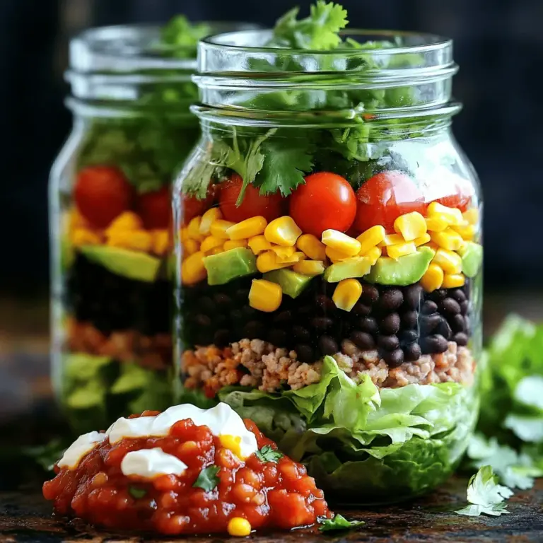 For a tasty Taco Salad in a Jar, you need fresh and simple ingredients. Here’s what you will need: - 1 cup cooked black beans, drained and rinsed - 1 cup corn, cooked or canned - 1 cup cherry tomatoes, halved - 1 avocado, diced - 1 cup shredded lettuce - 1 cup seasoned ground turkey or beef (cooked with taco seasoning) - 1/2 cup shredded cheddar cheese - 1/4 cup sour cream or Greek yogurt - 1/4 cup salsa - Fresh cilantro, for garnish - 4 large mason jars (16 oz) These ingredients come together to create layers of flavor and texture. You can adjust them based on your taste. For example, use more cheese if you love it! Or swap out black beans for kidney beans if you prefer. Using fresh ingredients will give your salad the best taste. I recommend using ripe avocados and juicy cherry tomatoes. The colors of these ingredients will make your salad look amazing in the jar! For the full recipe, check out the [Full Recipe]. To start, flip the jar upside down. This step helps keep the layers neat. Spoon a layer of salsa at the bottom. This salsa adds great flavor right away. Next, add a layer of sour cream or Greek yogurt. This creamy layer balances the salsa nicely. After that, it's time to layer the black beans. Use one cup of cooked black beans, drained and rinsed. Spread them evenly over the sour cream. They should cover the entire layer. Then, add a layer of corn. One cup of corn works well here. Press it down slightly to keep everything together. Now, let’s add some protein. Use one cup of seasoned ground turkey or beef. This meat adds heartiness to the salad. Spoon it over the corn, making sure it’s spread out evenly. Next, include the fresh veggies. Add halved cherry tomatoes next. One cup is just right. Then, add one diced avocado on top. The avocado will add a creamy texture. Now, it’s time for your leafy greens. Top the jar with one cup of shredded lettuce. This will give a nice crunch to the salad. After the lettuce, sprinkle shredded cheddar cheese on top. About half a cup works well. The cheese adds flavor and richness. Finally, garnish with fresh cilantro. This adds a pop of color and taste. Once all the layers are in place, it’s time to seal the jars. Close each jar tightly with its lid. This will keep your salad fresh. You can store these jars in the fridge for up to three days. When you're ready to eat, simply shake the jar to mix the layers. Or, pour it onto a plate for a colorful salad display. Enjoy your Taco Salad in a Jar! For a detailed recipe, check out the Full Recipe. To keep your Taco Salad in a Jar fresh, layer your ingredients right. Start with salsa at the bottom. It will help keep other items from getting mushy. Next, add sour cream or Greek yogurt. This creamy layer will also act as a barrier. After that, place your black beans. They are sturdy and can hold up well. Then, add corn. This layer is light and adds sweetness. Follow it with your seasoned meat. This protein layer adds flavor. Now, it’s time for veggies. Place cherry tomatoes and diced avocado on top. These items are delicate, so keep them towards the top. Finish with shredded lettuce. It stays crisp when layered above everything else. This method helps prevent sogginess. Each bite remains fresh and full of flavor. Serving Taco Salad in a Jar can be fun! Use clear jars to show off the colorful layers. It catches the eye and makes the meal more appealing. You can also use jars of different sizes. This adds variety to your display. For a festive touch, try using jars in bright colors. You can decorate the jars with ribbons or labels. This makes it a great option for parties or picnics. Making Taco Salad in a Jar ahead of time is easy. You can prepare these jars for busy days. Just layer everything and seal them up. They last in the fridge for about three days. Each jar is a perfect portion. This helps with controlling servings. Plus, it makes grabbing a meal quick and simple. You can shake the jar to mix before eating, or pour it onto a plate. For the full recipe, check out the earlier section. Enjoy your fresh and tasty meals! {{image_2}} You can easily make this dish vegetarian. Just swap the meat for proteins like quinoa or beans. Quinoa is a great choice. It adds a nutty flavor and a nice texture. Using black beans or pinto beans also works well. They are filling and tasty. This way, you enjoy a hearty meal without meat. Dressings or salsas can change the taste of your salad. Try using a creamy avocado dressing for a rich flavor. You can also use spicy salsa if you like heat. Adding jalapeños or hot sauce brings extra spice. Experiment with flavors to find what you love. Using seasonal produce makes your salad fresh and vibrant. In spring, try adding radishes or peas. In summer, include bell peppers or zucchini. In fall, roasted butternut squash adds warmth. In winter, consider kale or brussels sprouts. Adjusting for the seasons keeps your meals exciting and tasty. You can find the full recipe above. Enjoy making your Taco Salad in a Jar! To keep your Taco Salad in a Jar fresh, follow these tips: - Layering Order: Place the salsa at the bottom. This keeps moisture away from the greens. - Use Air-Tight Jars: Make sure your jars are sealed tightly. This prevents air from getting in. - Chill Quickly: Store the jars in the fridge right after making them. This keeps everything crisp. You can store the salad for up to three days. Enjoy it within this time for the best taste and texture. While most salads are best cold, you can enjoy this one warm if you like. Here’s how: - Microwave Method: Pour the contents into a microwave-safe bowl. Heat for 30 seconds, then stir and heat again if needed. - Stovetop Method: Place the salad in a pan over low heat. Stir occasionally until warm. This adds a different twist if you want a warm meal. It’s important to know when your salad is no longer fresh. Look for these signs: - Discoloration: If the veggies look brown or mushy, it’s time to toss it. - Unpleasant Smell: A sour or off smell means the salad has spoiled. - Texture Changes: If the lettuce is wilting or slimy, it’s best not to eat it. Always check these signs before enjoying your Taco Salad in a Jar. Yes, you can make Taco Salad in a Jar ahead of time. This meal is perfect for meal prep. I recommend making the jars on Sunday for easy lunches during the week. Store the jars in the fridge. Use large mason jars to keep everything fresh. For best results, layer your ingredients wisely. Start with salsa at the bottom to keep the beans dry. Then, add sour cream or Greek yogurt. This keeps the beans and corn from getting soggy. You can stack your other ingredients next. Seal the jars tightly after filling them. They should stay fresh for up to three days. If you don't have black beans, there are great substitutes. You can use pinto beans or kidney beans. Both have a similar texture and taste. If you want more protein, try chickpeas or lentils. They add a nice touch to the salad. For a meatier option, ground turkey or shredded chicken can work well. These choices keep the salad hearty and filling. You can even mix and match beans and proteins for extra flavor. Taco Salad in a Jar can last up to three days in the fridge. The key is how you layer the ingredients. Ingredients like lettuce and tomatoes may wilt faster. To keep them fresh, store them at the top of the jar. When you prepare your salad, always check for freshness. If the ingredients smell off or look slimy, it's time to toss them out. Enjoy your salad while it's fresh for the best taste! This blog post covered making Taco Salad in a Jar from start to finish. We looked at the key ingredients, simple steps, and fun tips. You can create layers, keep salads fresh, and even try new flavors. Meal prep makes busy days easier. Remember to store it right and recognize spoilage signs. Enjoy experimenting with variations for taste and freshness. Taco Salad in a Jar is not just easy; it’s fun and delicious!