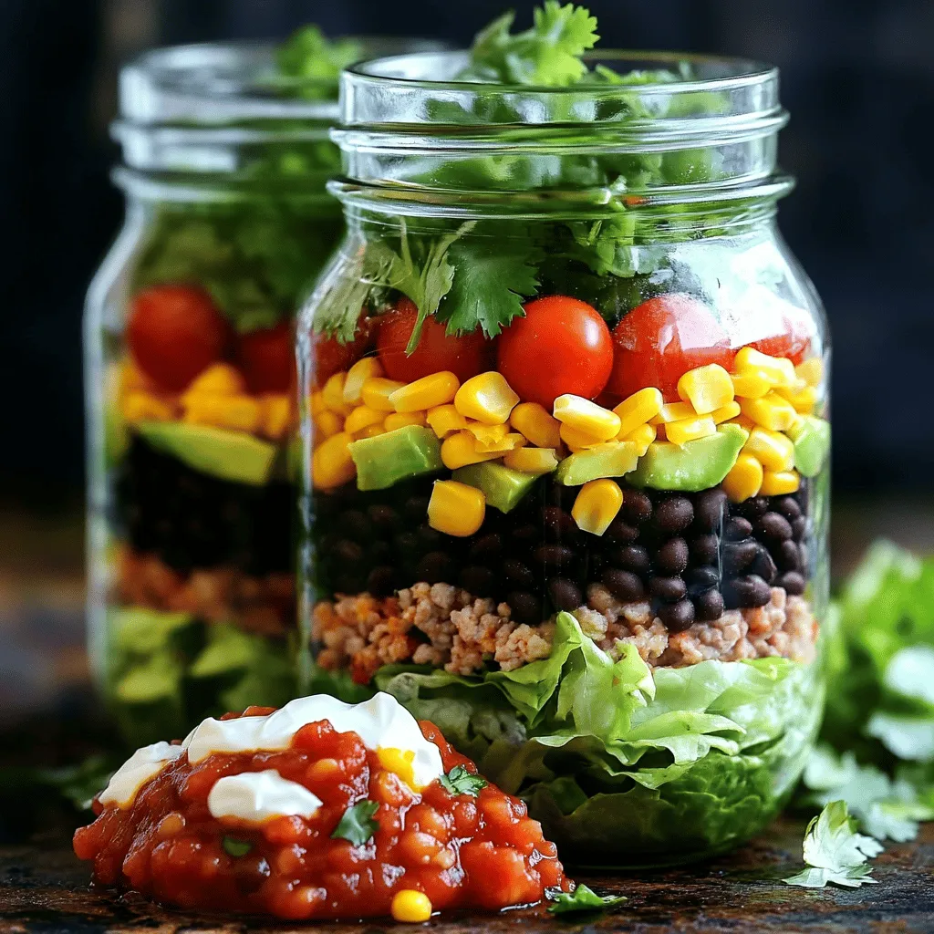 For a tasty Taco Salad in a Jar, you need fresh and simple ingredients. Here’s what you will need: - 1 cup cooked black beans, drained and rinsed - 1 cup corn, cooked or canned - 1 cup cherry tomatoes, halved - 1 avocado, diced - 1 cup shredded lettuce - 1 cup seasoned ground turkey or beef (cooked with taco seasoning) - 1/2 cup shredded cheddar cheese - 1/4 cup sour cream or Greek yogurt - 1/4 cup salsa - Fresh cilantro, for garnish - 4 large mason jars (16 oz) These ingredients come together to create layers of flavor and texture. You can adjust them based on your taste. For example, use more cheese if you love it! Or swap out black beans for kidney beans if you prefer. Using fresh ingredients will give your salad the best taste. I recommend using ripe avocados and juicy cherry tomatoes. The colors of these ingredients will make your salad look amazing in the jar! For the full recipe, check out the [Full Recipe]. To start, flip the jar upside down. This step helps keep the layers neat. Spoon a layer of salsa at the bottom. This salsa adds great flavor right away. Next, add a layer of sour cream or Greek yogurt. This creamy layer balances the salsa nicely. After that, it's time to layer the black beans. Use one cup of cooked black beans, drained and rinsed. Spread them evenly over the sour cream. They should cover the entire layer. Then, add a layer of corn. One cup of corn works well here. Press it down slightly to keep everything together. Now, let’s add some protein. Use one cup of seasoned ground turkey or beef. This meat adds heartiness to the salad. Spoon it over the corn, making sure it’s spread out evenly. Next, include the fresh veggies. Add halved cherry tomatoes next. One cup is just right. Then, add one diced avocado on top. The avocado will add a creamy texture. Now, it’s time for your leafy greens. Top the jar with one cup of shredded lettuce. This will give a nice crunch to the salad. After the lettuce, sprinkle shredded cheddar cheese on top. About half a cup works well. The cheese adds flavor and richness. Finally, garnish with fresh cilantro. This adds a pop of color and taste. Once all the layers are in place, it’s time to seal the jars. Close each jar tightly with its lid. This will keep your salad fresh. You can store these jars in the fridge for up to three days. When you're ready to eat, simply shake the jar to mix the layers. Or, pour it onto a plate for a colorful salad display. Enjoy your Taco Salad in a Jar! For a detailed recipe, check out the Full Recipe. To keep your Taco Salad in a Jar fresh, layer your ingredients right. Start with salsa at the bottom. It will help keep other items from getting mushy. Next, add sour cream or Greek yogurt. This creamy layer will also act as a barrier. After that, place your black beans. They are sturdy and can hold up well. Then, add corn. This layer is light and adds sweetness. Follow it with your seasoned meat. This protein layer adds flavor. Now, it’s time for veggies. Place cherry tomatoes and diced avocado on top. These items are delicate, so keep them towards the top. Finish with shredded lettuce. It stays crisp when layered above everything else. This method helps prevent sogginess. Each bite remains fresh and full of flavor. Serving Taco Salad in a Jar can be fun! Use clear jars to show off the colorful layers. It catches the eye and makes the meal more appealing. You can also use jars of different sizes. This adds variety to your display. For a festive touch, try using jars in bright colors. You can decorate the jars with ribbons or labels. This makes it a great option for parties or picnics. Making Taco Salad in a Jar ahead of time is easy. You can prepare these jars for busy days. Just layer everything and seal them up. They last in the fridge for about three days. Each jar is a perfect portion. This helps with controlling servings. Plus, it makes grabbing a meal quick and simple. You can shake the jar to mix before eating, or pour it onto a plate. For the full recipe, check out the earlier section. Enjoy your fresh and tasty meals! {{image_2}} You can easily make this dish vegetarian. Just swap the meat for proteins like quinoa or beans. Quinoa is a great choice. It adds a nutty flavor and a nice texture. Using black beans or pinto beans also works well. They are filling and tasty. This way, you enjoy a hearty meal without meat. Dressings or salsas can change the taste of your salad. Try using a creamy avocado dressing for a rich flavor. You can also use spicy salsa if you like heat. Adding jalapeños or hot sauce brings extra spice. Experiment with flavors to find what you love. Using seasonal produce makes your salad fresh and vibrant. In spring, try adding radishes or peas. In summer, include bell peppers or zucchini. In fall, roasted butternut squash adds warmth. In winter, consider kale or brussels sprouts. Adjusting for the seasons keeps your meals exciting and tasty. You can find the full recipe above. Enjoy making your Taco Salad in a Jar! To keep your Taco Salad in a Jar fresh, follow these tips: - Layering Order: Place the salsa at the bottom. This keeps moisture away from the greens. - Use Air-Tight Jars: Make sure your jars are sealed tightly. This prevents air from getting in. - Chill Quickly: Store the jars in the fridge right after making them. This keeps everything crisp. You can store the salad for up to three days. Enjoy it within this time for the best taste and texture. While most salads are best cold, you can enjoy this one warm if you like. Here’s how: - Microwave Method: Pour the contents into a microwave-safe bowl. Heat for 30 seconds, then stir and heat again if needed. - Stovetop Method: Place the salad in a pan over low heat. Stir occasionally until warm. This adds a different twist if you want a warm meal. It’s important to know when your salad is no longer fresh. Look for these signs: - Discoloration: If the veggies look brown or mushy, it’s time to toss it. - Unpleasant Smell: A sour or off smell means the salad has spoiled. - Texture Changes: If the lettuce is wilting or slimy, it’s best not to eat it. Always check these signs before enjoying your Taco Salad in a Jar. Yes, you can make Taco Salad in a Jar ahead of time. This meal is perfect for meal prep. I recommend making the jars on Sunday for easy lunches during the week. Store the jars in the fridge. Use large mason jars to keep everything fresh. For best results, layer your ingredients wisely. Start with salsa at the bottom to keep the beans dry. Then, add sour cream or Greek yogurt. This keeps the beans and corn from getting soggy. You can stack your other ingredients next. Seal the jars tightly after filling them. They should stay fresh for up to three days. If you don't have black beans, there are great substitutes. You can use pinto beans or kidney beans. Both have a similar texture and taste. If you want more protein, try chickpeas or lentils. They add a nice touch to the salad. For a meatier option, ground turkey or shredded chicken can work well. These choices keep the salad hearty and filling. You can even mix and match beans and proteins for extra flavor. Taco Salad in a Jar can last up to three days in the fridge. The key is how you layer the ingredients. Ingredients like lettuce and tomatoes may wilt faster. To keep them fresh, store them at the top of the jar. When you prepare your salad, always check for freshness. If the ingredients smell off or look slimy, it's time to toss them out. Enjoy your salad while it's fresh for the best taste! This blog post covered making Taco Salad in a Jar from start to finish. We looked at the key ingredients, simple steps, and fun tips. You can create layers, keep salads fresh, and even try new flavors. Meal prep makes busy days easier. Remember to store it right and recognize spoilage signs. Enjoy experimenting with variations for taste and freshness. Taco Salad in a Jar is not just easy; it’s fun and delicious!