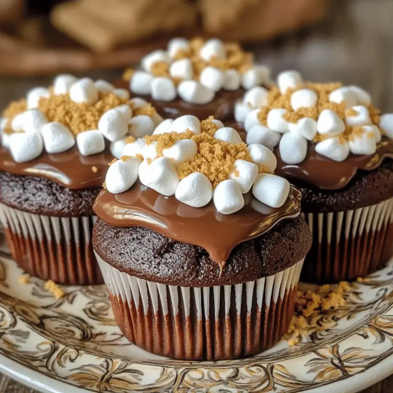 To create perfect s’mores cupcakes, you need the right ingredients. Here’s a list to guide you through: - 1 cup all-purpose flour - 1/2 cup unsweetened cocoa powder - 1 teaspoon baking soda - 1/2 teaspoon salt - 1/2 cup unsalted butter, softened - 1 cup granulated sugar - 2 large eggs - 1 teaspoon vanilla extract - 1/2 cup buttermilk - 1 cup mini marshmallows - 1/2 cup chocolate chips - 1/2 cup graham cracker crumbs (plus extra for topping) - 1/2 cup mini marshmallows for topping - 1/4 cup heavy cream - 1/2 cup chocolate frosting (store-bought or homemade) These ingredients come together to create a rich, chocolatey treat with that classic s’mores flavor. The combination of chocolate, marshmallows, and graham crackers makes every bite a delight. The unsweetened cocoa powder adds depth, while the mini marshmallows provide that gooey texture. Using high-quality chocolate chips and butter will make a big difference. The heavy cream in the ganache adds a smooth finish that elevates these cupcakes. If you follow the full recipe, you'll see how these ingredients create a delicious dessert that's perfect for any occasion. 1. Preheat the Oven: Set your oven to 350°F (175°C). Line a cupcake pan with paper liners. 2. Combine Dry Ingredients: In a medium bowl, whisk together the all-purpose flour, unsweetened cocoa powder, baking soda, and salt. This mix gives the cupcakes a rich flavor. 3. Cream Butter and Sugar: In a large bowl, beat the softened butter and granulated sugar with an electric mixer. Mix until it looks light and fluffy. This step helps to aerate the mixture. 4. Add Eggs and Vanilla: Crack the eggs one at a time into the butter mixture. Mix well after each addition. Then, pour in the vanilla extract for added flavor. 5. Incorporate Dry Ingredients: Gradually add your dry mix to the butter mixture. Alternate with buttermilk, starting and ending with the dry ingredients. Mix until just combined. 1. Fill Cupcake Liners: Pour the batter into the cupcake liners, filling them about two-thirds full. This will allow room for rising. 2. Bake Time and Temperature: Place the cupcake pan in the preheated oven. Bake for 18-20 minutes. A toothpick inserted in the center should come out clean. 3. Cooling Process: After baking, take the cupcakes out and let them cool in the pan for 5 minutes. Then, move them to a wire rack to cool completely. 1. Make Ganache Topping: While the cupcakes cool, heat the heavy cream in a small saucepan over medium heat. Once it simmers, remove it from heat. Stir in the chocolate frosting until smooth. 2. Frost the Cupcakes: Once the cupcakes are cool, dip the tops into the chocolate ganache. Let the excess drip off for a clean finish. 3. Add Marshmallows and Graham Crackers: On each frosted cupcake, place extra mini marshmallows. Sprinkle with graham cracker crumbs for that classic s'mores touch. 4. Optional Marshmallow Toasting: If you want a toastier flavor, use a kitchen torch to lightly toast the marshmallows. Aim for a golden brown color for the best results. Following these steps will guide you to create the perfect s'mores cupcakes. For the complete recipe, check out [Full Recipe]. To make sure your cupcakes are moist, start with room temperature ingredients. Softened butter and eggs blend better and keep the batter light. Also, do not overmix your batter. Mix until just combined. This helps keep air in the batter. This air is what makes the cupcakes fluffy. Measuring ingredients accurately is key. Use a kitchen scale for precise amounts. If you use cups, spoon flour into the cup and level it off. Do not pack it down. This can lead to dense cupcakes. Get creative with toppings! You can use crushed graham crackers, caramel drizzle, or even sprinkles. Each adds a fun twist. For a classic s'mores look, stick with mini marshmallows and chocolate. Using a kitchen torch for toasting marshmallows adds great flavor. Hold the torch a few inches away from the marshmallows. Move it back and forth until they are golden brown. This gives them a nice toasted finish. For serving, arrange your cupcakes on a decorative platter. Drizzle extra chocolate ganache over the top. Sprinkle more graham cracker crumbs around the base. This makes the presentation pop and invites everyone to dig in. For the complete recipe, check out [Full Recipe]. {{image_2}} You can have fun with the flavor of your s'mores cupcakes. Here are three tasty ideas: - Chocolate s'mores cupcakes: Use dark chocolate cocoa powder for a richer flavor. It adds depth and keeps the chocolate taste strong. - Peanut butter s'mores versions: Swap half the butter with creamy peanut butter. It gives a nutty twist that pairs well with chocolate. - Gluten-free s'mores cupcakes: Use gluten-free flour blends instead of all-purpose flour. This way, everyone can enjoy your treats! Mixing ingredients can make your cupcakes even better. Here are some simple swaps: - Dairy-free alternatives: Use coconut oil instead of butter and almond milk instead of buttermilk. This keeps the cupcakes moist without dairy. - Healthier ingredient substitutions: Opt for coconut sugar instead of granulated sugar. It gives a caramel-like taste without too much sweetness. You can also use applesauce to replace some butter for a lighter cupcake. - Different frosting options: Try cream cheese frosting for a tangy kick or whipped cream for a lighter topping. You can even mix in some peanut butter for a fun twist. These variations let you get creative and make each batch of cupcakes unique! If you want the full recipe, you can check it out above. Store your perfect s'mores cupcakes at room temperature for up to three days. Keep them in an airtight container to prevent them from drying out. If you want to keep them longer, refrigerate them. Place the cupcakes in a container, and they can last for up to a week. For even longer storage, you can freeze them. Wrap each cupcake in plastic wrap, and then place them in a freezer bag. They stay fresh for up to three months. When you are ready to enjoy them, just thaw them at room temperature. To reheat your cupcakes, preheat the oven to 350°F (175°C). Place the cupcakes on a baking sheet and cover them loosely with foil. Heat for about 10 minutes. This method helps keep the cupcakes moist and soft. If you need a quicker option, use the microwave. Heat each cupcake for about 10-15 seconds. Be careful not to overheat, or they will become dry. Enjoy them warm for a delightful treat. For more delicious recipes, check out the Full Recipe. What’s the best way to prevent cupcakes from sticking? To prevent sticking, use paper liners in your cupcake pan. Greasing the liners with butter can help too. This way, your cupcakes will come out clean and look great. Can I use regular marshmallows instead of mini ones? Yes, you can use regular marshmallows. Just cut them into smaller pieces. This helps them mix well in the batter or stay on top nicely. How do I know when the cupcakes are done? Check the cupcakes at about 18 minutes. Insert a toothpick in the center. If it comes out clean or with a few crumbs, they are ready. Can I make the batter ahead of time? You can make the batter ahead of time. Store it in the fridge for up to 24 hours. When ready, let it sit out for 30 minutes before baking. What's the origin of s'mores? S'mores date back to the 1920s. They became popular in North America, especially during camping trips. The mix of chocolate, marshmallows, and graham crackers is a classic treat. Why are my cupcakes dry? Dry cupcakes may happen if you overbake them. Always check for doneness early. Also, too much flour can cause dryness. Make sure to measure accurately. How to fix overbaked cupcakes? If your cupcakes are overbaked, you can try adding a simple syrup. Mix equal parts sugar and water, heat until dissolved, and brush on the cupcakes. This adds moisture back in. How to make cupcakes fluffier? To make fluffier cupcakes, beat the butter and sugar well until light. Also, avoid overmixing once you add the flour. This keeps the air in the batter, giving you a light texture. We have explored the key ingredients and steps to create delicious s'mores cupcakes. You learned about baking tips, decoration ideas, and even variations for special diets. Remember, measuring carefully and avoiding overmixing keeps your cupcakes moist. Enjoy your baking journey and have fun experimenting with toppings! With these tips, your cupcakes will not only taste great but also look amazing.