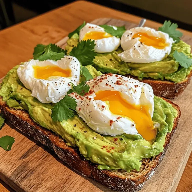 - Whole-Grain Bread - Ripe Avocado - Large Eggs - Lemon Juice - Olive Oil - Red Pepper Flakes - Fresh Cilantro or Parsley - Additional Seasonings Using these simple ingredients, you can make a tasty avocado toast that shines. Whole-grain bread gives a nice base. It adds fiber and flavor. Choose a ripe avocado. It should feel soft but not mushy. This fruit brings creaminess and healthy fats to your dish. For the eggs, large eggs work best. They poach well and fit perfectly on the toast. You can add lemon juice for a fresh zing. A drizzle of olive oil adds richness. If you like a kick, sprinkle red pepper flakes on top. Garnish your toast with fresh herbs, like cilantro or parsley. These add color and flavor. You can also try other seasonings. Get creative! The key is to balance all the tastes. For the full recipe, check the details above. Enjoy crafting your savory avocado toast with poached egg delight! - Toasting the Bread Start by toasting two slices of whole-grain bread. You can use a toaster or a skillet. Toast them until they are golden brown and crispy. The right crispness will help hold the toppings well. - Achieving the Right Crispness Make sure your bread is crispy but not burnt. You want that perfect crunch. This texture will give your avocado toast a solid base and enhance the overall taste. - Preparing the Avocado Take a ripe avocado and cut it in half. Remove the pit and scoop the flesh into a bowl. This step is crucial. A ripe avocado is soft and easy to mash. - Adding Lemon Juice and Seasonings Next, add one tablespoon of lemon juice, salt, and pepper to taste. Mash the avocado with a fork until you reach your preferred texture. You can make it smooth or keep it chunky for more bite. - Creating the Whirlpool Effect Fill a small pot with water and bring it to a gentle simmer. Crack each egg into a small bowl. Once the water simmers, stir it with a spoon to create a whirlpool. This trick helps the egg white wrap around the yolk. - Cooking Time for Different Egg Textures Carefully slide the eggs into the whirlpool. Poach them for about 3 to 4 minutes for a soft yolk. If you like a firmer yolk, add a minute or two. Use a slotted spoon to remove the eggs and let them drain on a paper towel. Now you can move on to assembling your savory avocado toast with poached eggs! For the full recipe, check the details provided earlier. To make a perfect poached egg, avoid these common mistakes: - Using boiling water: Boiling makes eggs tough and rubbery. - Not creating a whirlpool: A whirlpool helps eggs stay together. - Overcooking: Watch the time closely for the best yolk. To achieve the ideal yolk consistency, aim for 3-4 minutes of poaching. This time gives you a soft, runny yolk that flows beautifully when you cut into it. If you like a firmer yolk, add a minute or two. Always use fresh eggs; they hold their shape better. To elevate your avocado toast, try different seasonings. Instead of just salt and pepper, consider: - Smoked paprika for a smoky kick. - Garlic powder for added depth. - Cumin for a warm, earthy flavor. For a twist, add toppings like: - Feta cheese for creaminess. - Sliced radishes for crunch. - Cherry tomatoes for sweetness. Presenting your avocado toast well makes it even more enjoyable. Here are some ideas: - Serve on a rustic cutting board for a homey feel. - Use a colorful plate to brighten the table. - Add a side of cherry tomatoes or mixed greens for color. For garnishing techniques, sprinkle fresh herbs like cilantro or parsley on top. A light drizzle of olive oil adds shine and flavor. Remember, we eat with our eyes first! For the full recipe, see below. {{image_2}} Gluten-Free Alternatives If you need a gluten-free option, choose gluten-free bread. Many brands offer tasty choices made from rice or almond flour. This way, you can enjoy your toast without worry. Vegan Substitutes For a vegan spin, skip the eggs. You can replace them with chickpea flour scrambled or a tofu scramble. Both options give you a nice protein boost. Use nutritional yeast for a cheesy flavor. Adding Spices or Herbs You can boost flavor by adding spices. Try garlic powder, smoked paprika, or even cumin. Fresh herbs like basil or dill can also brighten the dish. A squeeze of lime adds a fun twist. Different Bread Options Don’t feel stuck with whole-grain bread. Sourdough, rye, or even bagels work great. Each bread brings its own taste. Experiment to find your favorite. Accompanying Ingredients Pair your toast with cherry tomatoes or arugula for a fresh touch. Pickled onions or radishes add a nice crunch. You can also serve it with a side of fruit for a sweet balance. Complementary Dishes for a Meal If you want a full meal, add a smoothie or yogurt. A side of soup works well too, especially on chilly days. These sides turn a simple toast into a feast. For the full recipe, check out the complete details above. To keep your avocado toast fresh, store each component separately. Avocado can brown quickly. Here are the best practices: - Avocado: Place leftover mashed avocado in an airtight container. Add a layer of plastic wrap directly on the surface to limit air contact. You can also sprinkle a bit of lemon juice on top to slow browning. - Poached Eggs: Place poached eggs in a bowl and cover them with water. Seal the bowl with a lid or plastic wrap. This keeps them moist and ready to use later. When you want to enjoy your toast again, here are some easy methods: - Reheat Toast: Use a toaster or an oven. If using an oven, preheat it to 350°F (175°C). Place the toast on a baking sheet for about 5 minutes until warm and crisp. - Keeping Texture and Flavor: Avoid using a microwave, as it can make the toast soggy. Stick to the oven or toaster for the best results. If you want to prepare avocado ahead of time, follow these tips: - Preparing Avocado Ahead of Time: You can mash avocado in advance. Just be sure to store it properly to keep it fresh. - Preventing Browning: Use lemon juice or lime juice to slow down browning. This helps keep your avocado green and tasty. For the full recipe, check out the detailed instructions! It takes about 3 to 4 minutes to poach an egg. For a soft yolk, aim for 3 minutes. If you like a firmer yolk, leave it for 4 minutes. The key is to keep the water simmering gently. This keeps the egg white together while it cooks. You can prepare the avocado mash ahead of time. Just store it in an airtight container. To keep it fresh, add some lemon juice. This helps slow down browning. However, I recommend toasting the bread and poaching the eggs just before serving. Whole-grain bread is my top choice for avocado toast. It adds a nice nutty flavor and great texture. You can also try sourdough or rye for a twist. Choose any bread that you enjoy and that toasts well. - Additional common queries: - How do I achieve the perfect avocado consistency? - Can I add toppings to my avocado toast? - What are some healthy sides for avocado toast? In this blog post, we explored how to make delicious avocado toast. We covered essential ingredients, including whole-grain bread, ripe avocados, and large eggs. You learned about optional ingredients like lemon juice and olive oil that can enhance flavor. I shared tips for perfect poached eggs and creative garnishing ideas for a stunning presentation. Finally, we discussed storage tips to keep your ingredients fresh and tasty. Enjoy making this easy dish and feel free to experiment with variations. Your avocado toast will always impress!