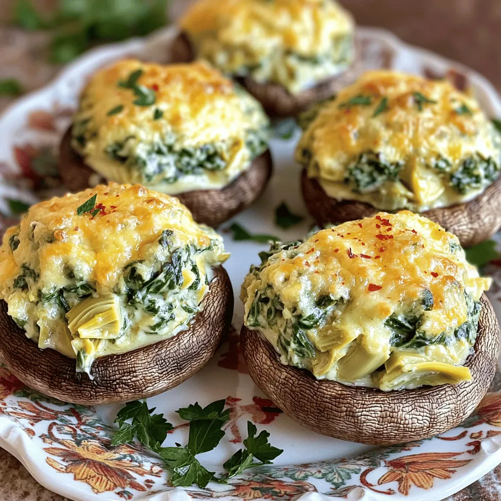 To make Spinach Artichoke Stuffed Mushrooms, you will need: - 16 large cremini or button mushrooms, stems removed - 1 cup fresh spinach, chopped - 1 cup artichoke hearts, drained and chopped - 1 cup cream cheese, softened - 1/2 cup grated Parmesan cheese - 1/2 cup shredded mozzarella cheese - 2 cloves garlic, minced - 1 tablespoon olive oil - 1/2 teaspoon red pepper flakes - Salt and pepper to taste - Fresh parsley, chopped (for garnish) Measuring your ingredients correctly is key. Use a dry measuring cup for solids like cheese and spinach. For liquids, use a liquid measuring cup. This helps your dish taste just right. I recommend leveling off dry ingredients with a knife for accuracy. Accurate measurements lead to consistent results, making your cooking easier. If you need to swap out items, you have options. For cream cheese, you can use Greek yogurt or cashew cream for a lighter touch. If you want a dairy-free version, try vegan cream cheese. For artichokes, canned or frozen will work well. Fresh spinach can be replaced with kale or Swiss chard. These swaps keep the dish tasty and fun while meeting your needs. First, preheat your oven to 375°F (190°C). This step is important for even cooking. In a skillet, heat 1 tablespoon of olive oil over medium heat. Add 2 cloves of minced garlic and sauté for about 1 minute. You want the garlic to smell good but not brown. Next, toss in 1 cup of chopped spinach and 1 cup of chopped artichoke hearts. Cook this mixture for 3-4 minutes until the spinach wilts. In a large bowl, mix 1 cup of softened cream cheese, 1/2 cup of grated Parmesan cheese, and 1/2 cup of shredded mozzarella cheese. Add your cooked spinach and artichokes to this bowl. Stir in 1/2 teaspoon of red pepper flakes, salt, and pepper to taste. Now, spoon this cheesy mixture into 16 large cremini or button mushroom caps. Make sure to pack the stuffing well. Place the stuffed mushrooms on a baking sheet. Bake them in the preheated oven for 20-25 minutes. Watch for the mushrooms to get tender and the stuffing to bubble and turn golden. Once done, remove the mushrooms from the oven. Let them cool for a minute, then garnish with fresh chopped parsley. You can find the full recipe [here](Full Recipe). When choosing mushrooms, look for large and firm ones. Fresh mushrooms have a clean look. Avoid any that are slimy or have dark spots. Clean the mushrooms gently with a damp cloth to remove dirt. Do not soak them in water, as they can absorb it. Removing the stems allows more space for stuffing. Set the stems aside; they can be chopped and added to the filling for extra flavor. Timing is key in making these stuffed mushrooms. The total time from start to finish is about 40 minutes. Prep the ingredients first to save time later. Cooking the filling properly ensures great taste. Pay attention to how the mushrooms look when baking. They should soften but not fall apart. Enjoy watching the cheese melt and bubble as they cook. This dish is not only fun to make, but it also tastes amazing! To make the best spinach artichoke stuffed mushrooms, follow these expert tips: - Choose the right mushrooms: Use large cremini or button mushrooms. They hold the stuffing well. - Pre-cook the filling: Sauté the spinach and artichokes before mixing. This adds flavor and reduces moisture. - Don’t overstuff: Fill each mushroom cap generously but avoid overflowing. This keeps the filling intact. - Bake until golden: Keep an eye on them while baking. You want a golden top for great flavor. Watch out for these pitfalls when making stuffed mushrooms: - Wet mushrooms: Rinse mushrooms just before using. Excess water can make them soggy. - Not seasoning enough: Taste the filling before stuffing. Add more salt or pepper if needed. - Skipping the rest: Let stuffed mushrooms cool slightly after baking. This helps the filling set. These stuffed mushrooms shine on their own, but pair them with these ideas: - Dips: Serve with a light dip like tzatziki or hummus for extra flavor. - Salads: A fresh green salad brightens up the plate and adds crunch. - Wine: A light white wine, like Sauvignon Blanc, complements the dish well. For the full recipe, check the detailed instructions above. Enjoy crafting these tasty bites! {{image_2}} You can make this dish vegetarian by swapping the cheese. Use cashew cream or hummus instead of cream cheese. You can also add nutritional yeast for a cheesy flavor. For a vegan option, ensure all cheese is dairy-free. This keeps the taste rich without any animal products. Cheese is key to the flavor. Try mixing in goat cheese for a tangy kick. Feta also works well to add a salty taste. If you want something creamier, use ricotta. Each cheese brings a unique flavor that makes this dish special. Get creative with spices and herbs to change the taste. Add a pinch of smoked paprika for warmth. Fresh basil or dill can also brighten the dish. You can even include sun-dried tomatoes for a sweet twist. Each addition makes the stuffed mushrooms more exciting and fun to eat. To keep your leftover stuffed mushrooms fresh, place them in an airtight container. Make sure they cool down to room temperature first. Store them in the fridge for up to three days. If you have a lot, consider separating layers with parchment paper to prevent sticking. Reheating stuffed mushrooms can be tricky. I recommend using the oven for the best texture. Preheat your oven to 350°F (175°C). Place the mushrooms on a baking sheet and cover them loosely with foil. Heat for about 10-15 minutes. This helps keep the filling creamy and the mushrooms tender. You can freeze stuffed mushrooms for longer storage. First, bake them as directed and let them cool completely. Then, place them in a single layer on a baking sheet. Freeze until solid, then transfer them to a freezer bag. They can last for up to three months. To reheat, bake directly from the freezer at 375°F (190°C) for about 25-30 minutes. Enjoy the flavors anytime with this handy trick! Stuffed mushrooms last about 3 to 5 days in the fridge. Always store them in an airtight container. This keeps them fresh and safe to eat. If they smell bad or look off, throw them away. Yes, you can make these stuffed mushrooms in advance. Prepare the filling and stuff the mushrooms. Then, cover them and keep them in the fridge for up to 24 hours. You can bake them just before serving. This saves time and makes party prep easier. The best mushrooms for this recipe are large cremini or button mushrooms. They hold the stuffing well and have great flavor. You can also try portobello mushrooms if you want a bigger bite. Just make sure they are fresh and firm for the best taste. For the full recipe, check the detailed instructions above. You now have all the tools to make great Spinach Artichoke Stuffed Mushrooms. We covered ingredients, cooking steps, tips, and fun variations. Remember, measuring is key for the best flavor. Don't forget to try alternative ingredients and spices to make the dish your own. Keep these tips in mind for perfect mushrooms every time. With practice, you’ll impress friends and family. Enjoy your cooking and remember, experimentation is part of the fun!