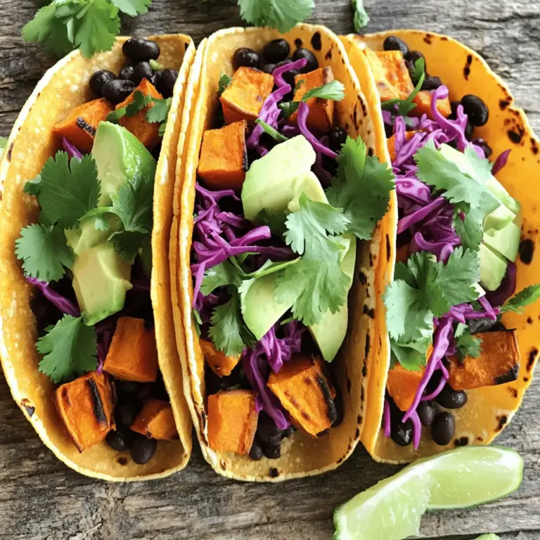 To make tasty sweet potato and black bean tacos, gather these items: - 2 medium sweet potatoes, peeled and diced - 1 can (15 oz) black beans, rinsed and drained - 1 tablespoon olive oil - 1 teaspoon smoked paprika - 1 teaspoon cumin - ½ teaspoon chili powder - Salt and pepper to taste - 8 small corn tortillas - 1 cup red cabbage, shredded - 1 avocado, sliced - ¼ cup fresh cilantro, chopped - Lime wedges for serving You can add a few extra ingredients to boost the flavor: - Diced jalapeños for spice - Feta cheese for creaminess - Sour cream or yogurt for richness - Salsa for freshness Choose the best sweet potatoes and vegetables for your tacos: - Look for sweet potatoes that are firm and smooth. Avoid any with soft spots. - Select bright red cabbage with crisp leaves. The color should be vibrant. - Pick ripe avocados that yield slightly when pressed. This means they'll be creamy inside. - Check for fresh cilantro that is bright green and fragrant. Avoid wilted leaves. First, preheat your oven to 400°F (200°C). This step is key for crisping the sweet potatoes. Next, peel and dice the sweet potatoes into small cubes. In a large bowl, add the sweet potatoes, olive oil, smoked paprika, cumin, chili powder, salt, and pepper. Mix everything well until the sweet potatoes are fully coated. Spread them in a single layer on a baking sheet. Roast in the oven for 25-30 minutes. Stir halfway through to ensure even cooking. You want them tender and caramelized. While the sweet potatoes roast, grab a small saucepan. Add the rinsed and drained black beans. Heat them over low heat. Stir occasionally until the beans are warmed through. This usually takes 5-7 minutes. Season with salt and pepper to your taste. Warm beans add a hearty touch to your tacos. Now it's time to make your tacos! Warm the corn tortillas in a dry skillet over medium heat. Heat each side for about 30 seconds until they are pliable. On each tortilla, place a generous spoonful of roasted sweet potatoes and black beans. Top with shredded red cabbage for crunch, sliced avocado for creaminess, and fresh cilantro for flavor. Serve the tacos with lime wedges on the side. Squeeze lime juice over the top for an extra kick. For the full recipe, check the Full Recipe section. To roast sweet potatoes well, cut them into small, even pieces. This helps them cook evenly. Toss them with olive oil and spices for great flavor. Use smoked paprika, cumin, and chili powder to add depth. Spread them out on a baking sheet. Make sure they are in a single layer. This way, they will caramelize nicely. Roast them at 400°F (200°C) for about 25-30 minutes. Stir them halfway through for even cooking. Look for a golden brown color and a soft texture. Warming tortillas makes them soft and easy to fold. Heat a dry skillet over medium heat. Place the tortillas in the skillet for about 30 seconds on each side. This step brings out their flavor. If you have a microwave, you can wrap them in a damp cloth and heat them for 20-30 seconds. This method also works well. Be gentle when folding to avoid tearing. Fresh, warm tortillas make your tacos more enjoyable. To boost the flavor of your tacos, consider adding toppings. Shredded red cabbage gives a nice crunch. Sliced avocado adds creaminess. Fresh cilantro provides a burst of herbal taste. You can also squeeze lime juice over the top. This adds brightness and acidity, enhancing all the flavors. For extra spice, add jalapeños or hot sauce. These enhancements elevate your meal. Follow the [Full Recipe] for a detailed guide to making these delicious tacos. {{image_2}} You can get creative with toppings for your tacos. Instead of red cabbage, try using shredded lettuce or diced tomatoes. For a kick, add sliced jalapeños or pickled onions. Crumbled feta cheese is a nice touch if you want some creaminess. You can serve your tacos with a side of corn salad or a fresh fruit salsa for added flavor. If you're looking for a gluten-free option, use corn tortillas, which are naturally gluten-free. For a vegan twist, skip any cheese and stick with fresh veggies. If you need to avoid beans, try using lentils or quinoa. These will still give you a great texture and protein. Always check labels to ensure your ingredients fit your dietary needs. Roasting sweet potatoes in the oven is great, but you can also grill them. Just toss the diced sweet potatoes in a grill basket. Cook them over medium heat until they are tender. If you prefer, use an air fryer. Cook the sweet potatoes at 400°F for about 15 minutes. This method gives them a nice crispy texture. Each method brings out different flavors, so feel free to experiment. For the full recipe, check the earlier section. To store leftover tacos, first separate the components. Place the sweet potatoes and black beans in airtight containers. Keep the tortillas wrapped in foil or a plastic bag. Store shredded cabbage, avocado, and cilantro in separate containers as well. This helps keep everything fresh and tasty. Leftovers can last in the fridge for 3 to 4 days. When it's time to enjoy leftovers, reheat the sweet potatoes and black beans. Use a microwave or stovetop for this. If using a microwave, heat in short bursts, stirring in between. For stovetop reheating, add a splash of water to keep them moist. Warm tortillas in a dry skillet for about 30 seconds on each side. This brings back their softness. To keep things fresh, store each taco part separately. Place roasted sweet potatoes and black beans in their own containers. Wrap tortillas to avoid drying out. Store cabbage, avocado, and cilantro in airtight containers. Avocado can brown quickly, so sprinkle some lime juice on it to slow the process. When you're ready to eat, just assemble your tacos again. This method keeps the flavors bright and vibrant. For the full recipe, check out the Sweet Potato and Black Bean Tacos. Yes, you can prepare these tacos ahead of time. Cook the sweet potatoes and black beans first. Store them in separate containers in the fridge. You can keep them for up to three days. When you are ready to eat, just warm them up. Heat the sweet potatoes in the oven, and warm the beans in a pot. Then, assemble your tacos fresh. This way, they taste great! These tacos pair well with many sides. Here are some ideas: - Fresh salsa - Guacamole - Mexican rice - Corn salad - Grilled vegetables You can also serve a light salad with lime dressing. These sides can add flavor and variety to your meal. Yes, these tacos are both vegetarian and vegan. They contain no meat or animal products. The sweet potatoes and black beans provide healthy protein and nutrients. This makes them a great option for everyone. Enjoy them knowing they fit various diets! For the full recipe, refer to the previous section. Sweet potato and black bean tacos are easy to make and tasty. You learned about key ingredients, cooking steps, and helpful tips. We explored variations and storage ideas for long-lasting meals. These tacos are flexible and suit many diets. Use this guide to create your own delicious meals. Enjoy making these fun, healthy tacos anytime!