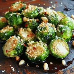 To make Crispy Garlic Parmesan Brussels Sprouts, you need the following items: - 1 pound Brussels sprouts, trimmed and halved - 3 tablespoons olive oil - 4 cloves garlic, minced - ½ cup grated Parmesan cheese - 1 teaspoon garlic powder - 1 teaspoon onion powder - ½ teaspoon red pepper flakes (optional) - Salt and pepper to taste - 1 tablespoon balsamic glaze (for drizzling, optional) These ingredients come together to create a dish that bursts with flavor. The Brussels sprouts provide a hearty base while garlic and Parmesan add depth. Olive oil helps achieve that perfect crispiness. Don’t forget the balsamic glaze! It gives a sweet touch that balances the savory flavors. If you want a little kick, try adding red pepper flakes. Each ingredient plays a key role in making this dish special. For the full recipe, check back for the step-by-step guide! - Preheat your oven to 425°F (220°C). - Line a baking sheet with parchment paper. - In a large bowl, combine the halved Brussels sprouts, minced garlic, and olive oil. - Add garlic powder, onion powder, red pepper flakes, salt, and pepper. - Toss everything until the Brussels sprouts are well coated. - Spread the Brussels sprouts on the baking sheet, cut side down. This helps them get crispy. - Roast in the oven for 20 minutes. Then, take them out and sprinkle the grated Parmesan cheese evenly. - Return the baking sheet to the oven. Roast for an additional 10-15 minutes until golden brown and crispy. - When done, let them cool slightly. If you like, drizzle with balsamic glaze and add a final sprinkle of salt and pepper. - Serve warm as a tasty side dish or a snack! For the complete details, check out the Full Recipe. To make crispy Brussels sprouts, start by cutting them properly. Halve each sprout from top to bottom. This way, you expose more surface area. Coat them well with olive oil and seasonings in a bowl. The oil helps them crisp up in the oven. Roast the Brussels sprouts in a single layer. This means space them out on the baking sheet. When they are crowded, they steam instead of roast. A single layer allows hot air to circulate around each sprout, giving you that perfect crunch. You can spice up your Brussels sprouts by adding extra flavors. Try using smoked paprika for a smoky taste. You can also add fresh herbs, like thyme or rosemary, for a fragrant twist. If you want to change the cheese, consider using pecorino romano for a sharper flavor. You could even mix in some cheddar for extra richness. These changes can make the dish more exciting and tailored to your taste. Crispy Garlic Parmesan Brussels Sprouts pair well with many main dishes. They go great with roasted chicken or grilled steak. They also make a tasty side for a hearty pasta dish. When serving, think about presentation. You can place them in a nice bowl and drizzle with balsamic glaze. This adds sweetness and a beautiful touch to the dish. Enjoy these sprouts warm as a side or a fun snack! For the full recipe, check out my detailed instructions. {{image_2}} You can change up the cheese in this dish. Try using feta for a tangy kick. Cheddar adds a sharp flavor, while goat cheese gives a creamy touch. You can also swap Brussels sprouts for other vegetables like cauliflower or broccoli. These veggies roast well and take on flavors nicely. To make this recipe gluten-free, ensure your seasonings and cheese are gluten-free. Most cheeses are safe, but always check labels. For a vegan option, use nutritional yeast instead of Parmesan. You can also replace olive oil with avocado oil or melted coconut oil for a unique taste. Want to add some zing? Try drizzling sriracha or chili sauce on top after roasting. You can also explore different seasonings, like smoked paprika for a deeper flavor or curry powder for a warm spice. Mixing in some fresh herbs like thyme or rosemary can elevate the dish too. To keep your leftover Brussels sprouts fresh, let them cool first. Once they are at room temperature, transfer them to an airtight container. This helps keep the moisture out and maintains their flavor. Use a glass or plastic container with a tight lid for best results. You can store them in the fridge for up to 3 days. If you want to keep them longer, consider freezing them. Use a freezer-safe bag or container. They will stay good in the freezer for about 2 months. To reheat your Brussels sprouts, the oven is your best friend. Preheat it to 375°F (190°C). Spread the sprouts evenly on a baking sheet. Bake them for about 10-15 minutes. This method helps restore their crispiness. You can also reheat them in a skillet. Just add a bit of olive oil and heat on medium. Stir occasionally until they are warm. If you microwave them, they can get soggy. So, avoid that if you want to keep them crispy. How to choose fresh Brussels sprouts? Look for firm, bright green Brussels sprouts. They should feel heavy for their size. Avoid any with yellow leaves or brown spots. Fresh sprouts have a sweeter taste and better texture. Can I make this dish ahead of time? Yes, you can prep the Brussels sprouts ahead. Toss them with oil and seasonings. Store them in the fridge for up to 24 hours. Roast them just before serving for best results. What to do if my Brussels sprouts aren't crispy? If your Brussels sprouts lack crispiness, try these tips: - Make sure they are cut in half. - Avoid overcrowding on the baking sheet. - Increase roast time and check often. What are the health benefits of Brussels sprouts? Brussels sprouts are low in calories and high in fiber. They are rich in vitamins C and K. They also contain antioxidants, which help fight free radicals in the body. Can I use frozen Brussels sprouts? Yes, you can use frozen Brussels sprouts. However, they may not get as crispy. Thaw and drain them first to remove excess moisture. What's the ideal cooking time for Brussels sprouts? Roast Brussels sprouts for about 30 to 35 minutes. At 425°F, they should turn golden brown and crispy. Check for doneness by piercing with a fork. What can I substitute for Parmesan cheese? You can use Pecorino Romano or nutritional yeast for a vegan option. Both add flavor and richness. Just adjust the amount to taste. Can I use a different oil than olive oil? Yes, you can use oils like avocado or canola oil. Each oil has its own flavor. Choose one that suits your taste and diet. This article covered how to make roasted Brussels sprouts perfectly. You learned about essential ingredients, simple steps, and tips for the best flavor and texture. We explored variations and storage methods to keep your sprouts fresh. Roasted Brussels sprouts are easy and delicious, making them a great side dish. Now, try making them your way and enjoy a healthier option at your table!