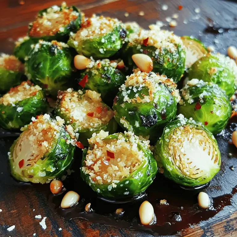 To make Crispy Garlic Parmesan Brussels Sprouts, you need the following items: - 1 pound Brussels sprouts, trimmed and halved - 3 tablespoons olive oil - 4 cloves garlic, minced - ½ cup grated Parmesan cheese - 1 teaspoon garlic powder - 1 teaspoon onion powder - ½ teaspoon red pepper flakes (optional) - Salt and pepper to taste - 1 tablespoon balsamic glaze (for drizzling, optional) These ingredients come together to create a dish that bursts with flavor. The Brussels sprouts provide a hearty base while garlic and Parmesan add depth. Olive oil helps achieve that perfect crispiness. Don’t forget the balsamic glaze! It gives a sweet touch that balances the savory flavors. If you want a little kick, try adding red pepper flakes. Each ingredient plays a key role in making this dish special. For the full recipe, check back for the step-by-step guide! - Preheat your oven to 425°F (220°C). - Line a baking sheet with parchment paper. - In a large bowl, combine the halved Brussels sprouts, minced garlic, and olive oil. - Add garlic powder, onion powder, red pepper flakes, salt, and pepper. - Toss everything until the Brussels sprouts are well coated. - Spread the Brussels sprouts on the baking sheet, cut side down. This helps them get crispy. - Roast in the oven for 20 minutes. Then, take them out and sprinkle the grated Parmesan cheese evenly. - Return the baking sheet to the oven. Roast for an additional 10-15 minutes until golden brown and crispy. - When done, let them cool slightly. If you like, drizzle with balsamic glaze and add a final sprinkle of salt and pepper. - Serve warm as a tasty side dish or a snack! For the complete details, check out the Full Recipe. To make crispy Brussels sprouts, start by cutting them properly. Halve each sprout from top to bottom. This way, you expose more surface area. Coat them well with olive oil and seasonings in a bowl. The oil helps them crisp up in the oven. Roast the Brussels sprouts in a single layer. This means space them out on the baking sheet. When they are crowded, they steam instead of roast. A single layer allows hot air to circulate around each sprout, giving you that perfect crunch. You can spice up your Brussels sprouts by adding extra flavors. Try using smoked paprika for a smoky taste. You can also add fresh herbs, like thyme or rosemary, for a fragrant twist. If you want to change the cheese, consider using pecorino romano for a sharper flavor. You could even mix in some cheddar for extra richness. These changes can make the dish more exciting and tailored to your taste. Crispy Garlic Parmesan Brussels Sprouts pair well with many main dishes. They go great with roasted chicken or grilled steak. They also make a tasty side for a hearty pasta dish. When serving, think about presentation. You can place them in a nice bowl and drizzle with balsamic glaze. This adds sweetness and a beautiful touch to the dish. Enjoy these sprouts warm as a side or a fun snack! For the full recipe, check out my detailed instructions. {{image_2}} You can change up the cheese in this dish. Try using feta for a tangy kick. Cheddar adds a sharp flavor, while goat cheese gives a creamy touch. You can also swap Brussels sprouts for other vegetables like cauliflower or broccoli. These veggies roast well and take on flavors nicely. To make this recipe gluten-free, ensure your seasonings and cheese are gluten-free. Most cheeses are safe, but always check labels. For a vegan option, use nutritional yeast instead of Parmesan. You can also replace olive oil with avocado oil or melted coconut oil for a unique taste. Want to add some zing? Try drizzling sriracha or chili sauce on top after roasting. You can also explore different seasonings, like smoked paprika for a deeper flavor or curry powder for a warm spice. Mixing in some fresh herbs like thyme or rosemary can elevate the dish too. To keep your leftover Brussels sprouts fresh, let them cool first. Once they are at room temperature, transfer them to an airtight container. This helps keep the moisture out and maintains their flavor. Use a glass or plastic container with a tight lid for best results. You can store them in the fridge for up to 3 days. If you want to keep them longer, consider freezing them. Use a freezer-safe bag or container. They will stay good in the freezer for about 2 months. To reheat your Brussels sprouts, the oven is your best friend. Preheat it to 375°F (190°C). Spread the sprouts evenly on a baking sheet. Bake them for about 10-15 minutes. This method helps restore their crispiness. You can also reheat them in a skillet. Just add a bit of olive oil and heat on medium. Stir occasionally until they are warm. If you microwave them, they can get soggy. So, avoid that if you want to keep them crispy. How to choose fresh Brussels sprouts? Look for firm, bright green Brussels sprouts. They should feel heavy for their size. Avoid any with yellow leaves or brown spots. Fresh sprouts have a sweeter taste and better texture. Can I make this dish ahead of time? Yes, you can prep the Brussels sprouts ahead. Toss them with oil and seasonings. Store them in the fridge for up to 24 hours. Roast them just before serving for best results. What to do if my Brussels sprouts aren't crispy? If your Brussels sprouts lack crispiness, try these tips: - Make sure they are cut in half. - Avoid overcrowding on the baking sheet. - Increase roast time and check often. What are the health benefits of Brussels sprouts? Brussels sprouts are low in calories and high in fiber. They are rich in vitamins C and K. They also contain antioxidants, which help fight free radicals in the body. Can I use frozen Brussels sprouts? Yes, you can use frozen Brussels sprouts. However, they may not get as crispy. Thaw and drain them first to remove excess moisture. What's the ideal cooking time for Brussels sprouts? Roast Brussels sprouts for about 30 to 35 minutes. At 425°F, they should turn golden brown and crispy. Check for doneness by piercing with a fork. What can I substitute for Parmesan cheese? You can use Pecorino Romano or nutritional yeast for a vegan option. Both add flavor and richness. Just adjust the amount to taste. Can I use a different oil than olive oil? Yes, you can use oils like avocado or canola oil. Each oil has its own flavor. Choose one that suits your taste and diet. This article covered how to make roasted Brussels sprouts perfectly. You learned about essential ingredients, simple steps, and tips for the best flavor and texture. We explored variations and storage methods to keep your sprouts fresh. Roasted Brussels sprouts are easy and delicious, making them a great side dish. Now, try making them your way and enjoy a healthier option at your table!