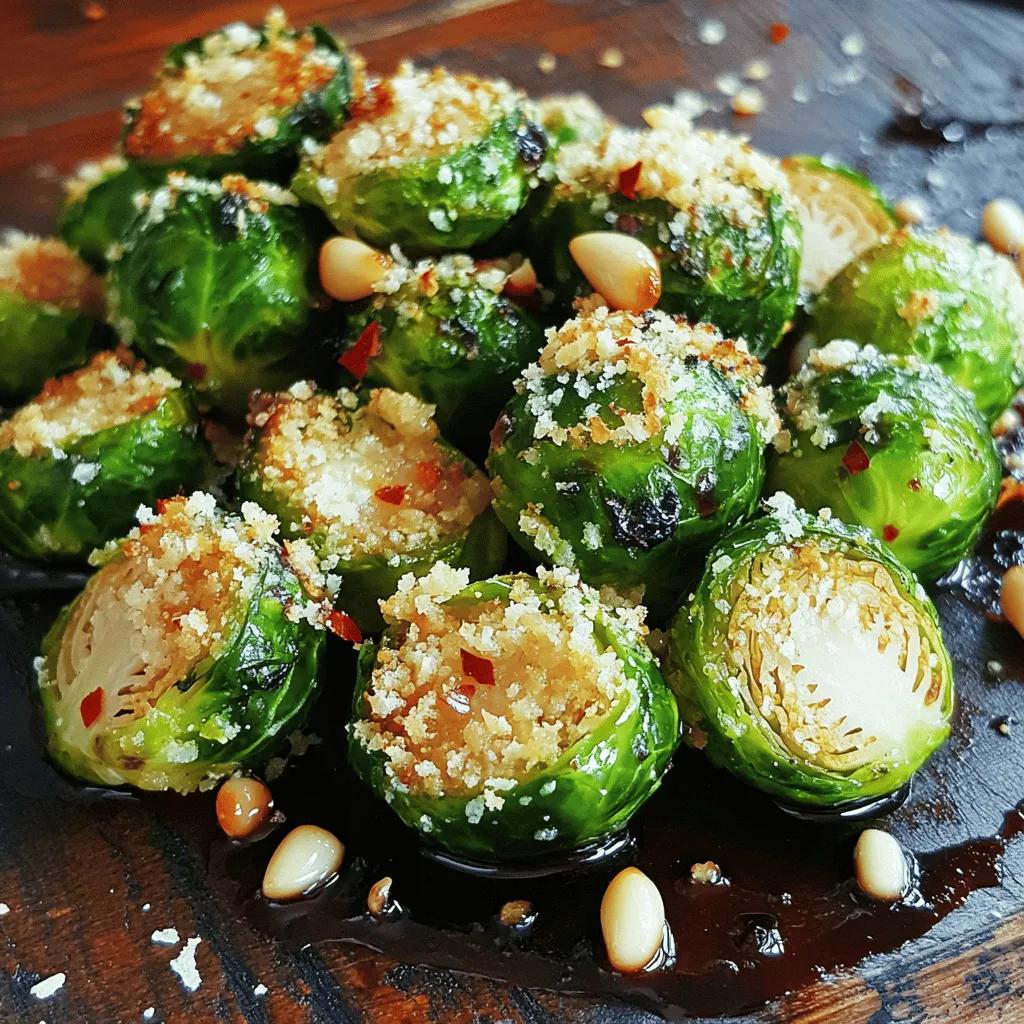 To make Crispy Garlic Parmesan Brussels Sprouts, you need the following items: - 1 pound Brussels sprouts, trimmed and halved - 3 tablespoons olive oil - 4 cloves garlic, minced - ½ cup grated Parmesan cheese - 1 teaspoon garlic powder - 1 teaspoon onion powder - ½ teaspoon red pepper flakes (optional) - Salt and pepper to taste - 1 tablespoon balsamic glaze (for drizzling, optional) These ingredients come together to create a dish that bursts with flavor. The Brussels sprouts provide a hearty base while garlic and Parmesan add depth. Olive oil helps achieve that perfect crispiness. Don’t forget the balsamic glaze! It gives a sweet touch that balances the savory flavors. If you want a little kick, try adding red pepper flakes. Each ingredient plays a key role in making this dish special. For the full recipe, check back for the step-by-step guide! - Preheat your oven to 425°F (220°C). - Line a baking sheet with parchment paper. - In a large bowl, combine the halved Brussels sprouts, minced garlic, and olive oil. - Add garlic powder, onion powder, red pepper flakes, salt, and pepper. - Toss everything until the Brussels sprouts are well coated. - Spread the Brussels sprouts on the baking sheet, cut side down. This helps them get crispy. - Roast in the oven for 20 minutes. Then, take them out and sprinkle the grated Parmesan cheese evenly. - Return the baking sheet to the oven. Roast for an additional 10-15 minutes until golden brown and crispy. - When done, let them cool slightly. If you like, drizzle with balsamic glaze and add a final sprinkle of salt and pepper. - Serve warm as a tasty side dish or a snack! For the complete details, check out the Full Recipe. To make crispy Brussels sprouts, start by cutting them properly. Halve each sprout from top to bottom. This way, you expose more surface area. Coat them well with olive oil and seasonings in a bowl. The oil helps them crisp up in the oven. Roast the Brussels sprouts in a single layer. This means space them out on the baking sheet. When they are crowded, they steam instead of roast. A single layer allows hot air to circulate around each sprout, giving you that perfect crunch. You can spice up your Brussels sprouts by adding extra flavors. Try using smoked paprika for a smoky taste. You can also add fresh herbs, like thyme or rosemary, for a fragrant twist. If you want to change the cheese, consider using pecorino romano for a sharper flavor. You could even mix in some cheddar for extra richness. These changes can make the dish more exciting and tailored to your taste. Crispy Garlic Parmesan Brussels Sprouts pair well with many main dishes. They go great with roasted chicken or grilled steak. They also make a tasty side for a hearty pasta dish. When serving, think about presentation. You can place them in a nice bowl and drizzle with balsamic glaze. This adds sweetness and a beautiful touch to the dish. Enjoy these sprouts warm as a side or a fun snack! For the full recipe, check out my detailed instructions. {{image_2}} You can change up the cheese in this dish. Try using feta for a tangy kick. Cheddar adds a sharp flavor, while goat cheese gives a creamy touch. You can also swap Brussels sprouts for other vegetables like cauliflower or broccoli. These veggies roast well and take on flavors nicely. To make this recipe gluten-free, ensure your seasonings and cheese are gluten-free. Most cheeses are safe, but always check labels. For a vegan option, use nutritional yeast instead of Parmesan. You can also replace olive oil with avocado oil or melted coconut oil for a unique taste. Want to add some zing? Try drizzling sriracha or chili sauce on top after roasting. You can also explore different seasonings, like smoked paprika for a deeper flavor or curry powder for a warm spice. Mixing in some fresh herbs like thyme or rosemary can elevate the dish too. To keep your leftover Brussels sprouts fresh, let them cool first. Once they are at room temperature, transfer them to an airtight container. This helps keep the moisture out and maintains their flavor. Use a glass or plastic container with a tight lid for best results. You can store them in the fridge for up to 3 days. If you want to keep them longer, consider freezing them. Use a freezer-safe bag or container. They will stay good in the freezer for about 2 months. To reheat your Brussels sprouts, the oven is your best friend. Preheat it to 375°F (190°C). Spread the sprouts evenly on a baking sheet. Bake them for about 10-15 minutes. This method helps restore their crispiness. You can also reheat them in a skillet. Just add a bit of olive oil and heat on medium. Stir occasionally until they are warm. If you microwave them, they can get soggy. So, avoid that if you want to keep them crispy. How to choose fresh Brussels sprouts? Look for firm, bright green Brussels sprouts. They should feel heavy for their size. Avoid any with yellow leaves or brown spots. Fresh sprouts have a sweeter taste and better texture. Can I make this dish ahead of time? Yes, you can prep the Brussels sprouts ahead. Toss them with oil and seasonings. Store them in the fridge for up to 24 hours. Roast them just before serving for best results. What to do if my Brussels sprouts aren't crispy? If your Brussels sprouts lack crispiness, try these tips: - Make sure they are cut in half. - Avoid overcrowding on the baking sheet. - Increase roast time and check often. What are the health benefits of Brussels sprouts? Brussels sprouts are low in calories and high in fiber. They are rich in vitamins C and K. They also contain antioxidants, which help fight free radicals in the body. Can I use frozen Brussels sprouts? Yes, you can use frozen Brussels sprouts. However, they may not get as crispy. Thaw and drain them first to remove excess moisture. What's the ideal cooking time for Brussels sprouts? Roast Brussels sprouts for about 30 to 35 minutes. At 425°F, they should turn golden brown and crispy. Check for doneness by piercing with a fork. What can I substitute for Parmesan cheese? You can use Pecorino Romano or nutritional yeast for a vegan option. Both add flavor and richness. Just adjust the amount to taste. Can I use a different oil than olive oil? Yes, you can use oils like avocado or canola oil. Each oil has its own flavor. Choose one that suits your taste and diet. This article covered how to make roasted Brussels sprouts perfectly. You learned about essential ingredients, simple steps, and tips for the best flavor and texture. We explored variations and storage methods to keep your sprouts fresh. Roasted Brussels sprouts are easy and delicious, making them a great side dish. Now, try making them your way and enjoy a healthier option at your table!