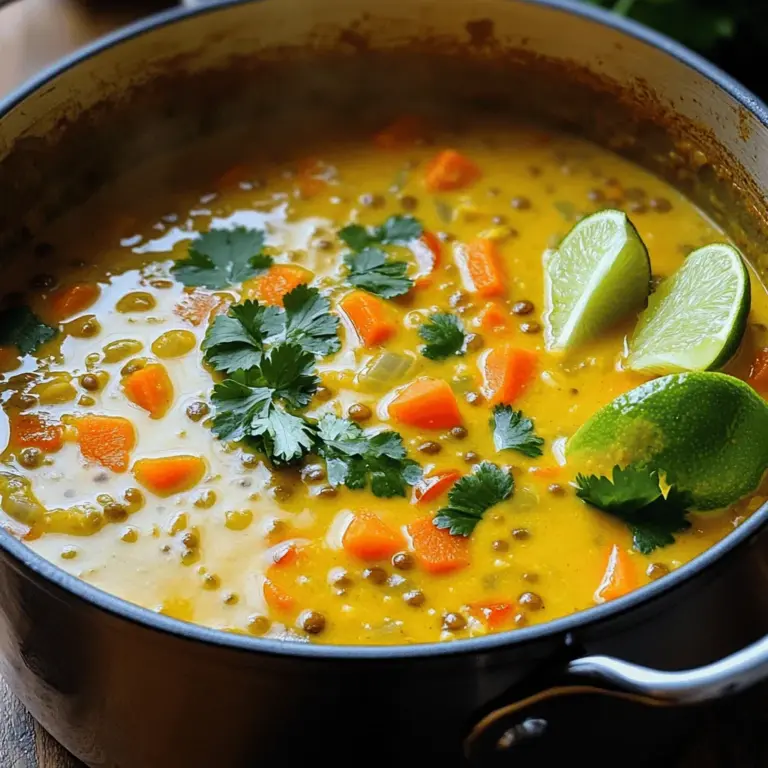 To make Coconut Curry Lentil Soup, you need the following ingredients: - 1 cup red lentils, rinsed and drained - 1 can (14 oz) coconut milk - 4 cups vegetable broth - 1 medium onion, chopped - 3 cloves garlic, minced - 1 tablespoon fresh ginger, minced - 2 tablespoons curry powder - 1 teaspoon turmeric powder - 1 teaspoon cumin - 1 carrot, diced - 1 bell pepper, diced (any color) - 1 can (14 oz) diced tomatoes - Salt and pepper to taste - 2 tablespoons olive oil - Fresh cilantro, for garnish - Lime wedges, for serving You can adjust the portion sizes based on your taste. If you want a richer flavor, add a bit more coconut milk. For a spicier kick, increase the curry powder. This soup is not just tasty; it's also good for you. Each serving has about 250 calories. It has a good mix of protein from lentils and healthy fats from coconut milk. Here are some key nutrients: - Protein: Lentils are a great source of plant-based protein. - Fiber: Lentils and vegetables add fiber, which is good for digestion. - Vitamins: The carrots and bell peppers bring vitamins A and C. Coconut milk offers healthy fats, which can help keep you full longer. This soup is also vegan-friendly, making it a great choice for everyone. Enjoy this nourishing dish knowing it fuels your body well! To start, gather your ingredients. You need: - 1 cup red lentils, rinsed and drained - 1 can (14 oz) coconut milk - 4 cups vegetable broth - 1 medium onion, chopped - 3 cloves garlic, minced - 1 tablespoon fresh ginger, minced - 2 tablespoons curry powder - 1 teaspoon turmeric powder - 1 teaspoon cumin - 1 carrot, diced - 1 bell pepper, diced (any color) - 1 can (14 oz) diced tomatoes - Salt and pepper to taste - 2 tablespoons olive oil - Fresh cilantro, for garnish - Lime wedges, for serving First, rinse the red lentils under cold water until the water runs clear. This removes any dust or dirt. Next, chop your onion, garlic, and ginger. Dice the carrot and bell pepper. This step makes cooking easier and faster. Now, let’s make the soup base. In a large pot, heat olive oil over medium heat. Add the chopped onion and cook for about five minutes. Stir it often until it softens. Then, add the minced garlic and ginger. Cook for another minute to let the flavors blend. Once your base is ready, it’s time to add spices. Stir in the curry powder, turmeric, and cumin. This mix adds warmth and depth to your soup. Cook for about one minute to let the spices release their aromas. Next, toss in the diced carrot and bell pepper. Cook these for three to four minutes. They should start to soften but not get mushy. Now, pour in the diced tomatoes with their juices and the vegetable broth. Bring this mixture to a gentle boil. After it boils, add the rinsed lentils and coconut milk. Lower the heat to simmer. Cook for 20 to 25 minutes until the lentils are tender. If you want a smoother soup, use an immersion blender. If you like it chunky, leave it as is. When the soup is done, season it with salt and pepper. This adds flavor and balance. To serve, ladle the soup into bowls. Garnish with fresh cilantro and lime wedges. The lime adds a nice zing that brightens the dish. You can pair this soup with crusty bread or rice. These sides make it filling and satisfying. For a fun twist, try it with naan or pita bread. Enjoy your Coconut Curry Lentil Soup! Don't forget to check the Full Recipe for more details. To make your Coconut Curry Lentil Soup shine, try adding spices. You can use: - Cilantro for a fresh taste. - Cinnamon for warmth. - Chili powder if you like heat. Mixing in fresh herbs at the end also brightens the soup. You can try basil or mint for a twist. To deepen the flavor, sauté your onions longer. This draws out sweetness. Toast your spices in the pot before adding liquid. This step wakes up the spices, making them pop. You may wonder if to blend your soup or leave it chunky. An immersion blender gives a creamy texture. This is great if you want a smooth soup. If you prefer chunks, skip the blender. Adjusting the soup's thickness is easy. For a thicker soup, let it simmer longer. Stir often to avoid sticking. If it’s too thick, just add more broth or water. One big mistake is overcooking lentils. They should be soft but not mushy. Keep an eye on the clock. Another common error is under-seasoning. Taste your soup before serving. Adjust salt and pepper as needed. A little extra seasoning can bring your soup to life. For the full recipe, check out the detailed instructions on how to create this delicious dish. {{image_2}} You can easily swap out some ingredients in Coconut Curry Lentil Soup. If you want a dairy-free version, use coconut milk as the main base. For creaminess, try cashew cream or almond milk. If you have other veggies on hand, toss them in! Spinach, sweet potatoes, or zucchini all work great. - Dairy-free alternatives: - Coconut milk - Cashew cream - Almond milk - Incorporating different vegetables: - Spinach - Sweet potatoes - Zucchini Want to spice things up? Add some chili flakes or fresh chilies for heat. You may also explore flavors from different cultures. For a Thai twist, try a splash of lime juice and some fresh basil. If you crave an Indian flavor, mix in some garam masala or fenugreek. - Spicy variations with chili additions: - Chili flakes - Fresh chilies - International twists on Coconut Curry Lentil Soup: - Lime juice and basil for Thai flavor - Garam masala or fenugreek for Indian flavor Pairing your soup with sides can elevate your meal. Serve it with fluffy rice or crusty bread for a hearty dish. You can also use this soup as a base for other meals. Pour it over grains or pasta for a filling dinner. - Pairing with sides like rice or bread: - Fluffy rice - Crusty bread - Using it as a base for other dishes: - Pour over grains - Serve with pasta To store your leftover Coconut Curry Lentil Soup, first let it cool down. Once cool, pour it into an airtight container. This keeps the soup fresh and tasty. You can refrigerate it for up to 4 days. If you want to keep it longer, freeze it. For freezing, use freezer-safe bags or containers. Make sure to leave some space for expansion. When you reheat the soup, do it on low heat. This helps keep it creamy. Stir it often to warm it evenly. If the soup is too thick, add a splash of vegetable broth or water. This will adjust the consistency back to your liking. For best results, use a pot or a microwave. If you use a microwave, heat it in short bursts and stir well. In the fridge, your Coconut Curry Lentil Soup lasts about 4 days. In the freezer, it can stay good for up to 3 months. Just remember to label your containers with the date. This way, you know when to enjoy it before it loses its flavor. For more details on how to make this dish, check the Full Recipe. Is Coconut Curry Lentil Soup vegan-friendly? Yes, this soup is totally vegan. It uses vegetable broth and coconut milk. This makes it a great option for plant-based eaters. You can enjoy the rich flavors without any animal products. Can I use other types of lentils? You can use other lentils, but red lentils work best. They cook quickly and break down into a creamy soup. Green or brown lentils take longer to cook and keep their shape. If you want a chunkier soup, feel free to try them. Can this soup be made in a slow cooker or Instant Pot? Yes, you can make this soup in both. For a slow cooker, just add all the ingredients and cook on low for 6-8 hours. For an Instant Pot, use the sauté function first, then cook on high pressure for 15 minutes. Both methods give you a tasty meal. How can I make it spicier or milder? To spice it up, add fresh chili or red pepper flakes. You can also mix in hot curry paste. For a milder soup, reduce the curry powder. Taste as you go to get your desired heat level. How to make this soup ahead of time? You can make the soup a day ahead. Just store it in the fridge. It tastes even better the next day as the flavors meld together. Reheat it on the stove or in the microwave before serving. Best practices for meal prep with this recipe Prep your veggies and lentils in advance. Store them in airtight containers in the fridge. This way, you can whip up your soup quickly after a busy day. You can also freeze the soup for later meals. It keeps well for about 3 months. For the full recipe, check out the details earlier in the article. Coconut Curry Lentil Soup is a tasty dish packed with flavor and nutrients. We explored the key ingredients and their benefits, cooked it with care, and added tips to avoid mistakes. You can customize it with different spices and vegetables. Remember to store leftovers properly for the best taste. This soup is versatile, making it great for meal prep and sharing. With these tips, you can create a comforting bowl of soup that fits your needs. Enjoy every spoonful!