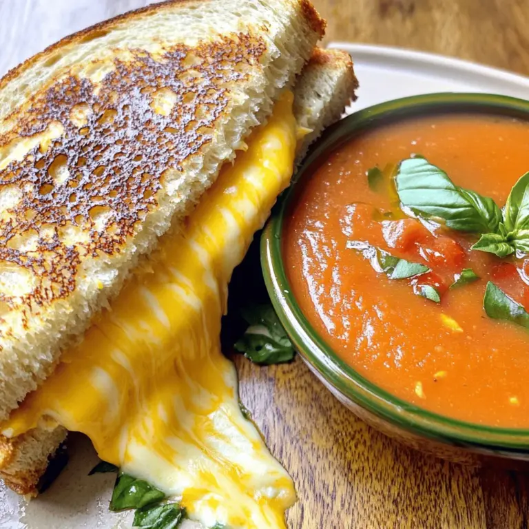 - 4 slices of sourdough bread - 6 ounces of sharp cheddar cheese, grated - 2 ounces of mozzarella cheese, shredded - 2 tablespoons unsalted butter - 1 can (14 oz) fire-roasted diced tomatoes - 1 cup vegetable broth - 1 teaspoon dried basil - 1 small onion, chopped - 1 clove garlic, minced - 1 tablespoon olive oil - Salt and pepper to taste - Fresh basil leaves for garnish (optional) To make the best grilled cheese with tomato soup, stick to these fresh ingredients. I love sourdough bread for its crusty outside and soft inside. The sharp cheddar cheese gives a bold taste, while the mozzarella adds creaminess. Using unsalted butter lets me control the salt in the meal. For the soup, fire-roasted tomatoes bring a smoky flavor. The vegetable broth adds depth. I always use fresh onion and garlic for that perfect aroma. Basil rounds out the soup with a hint of sweetness. Seasoning with salt and pepper brings everything together. Fresh basil leaves on top look great and taste fresh. Gather these items for a simple yet delightful meal. You can find the full recipe in the article. Enjoy cooking! 1. Start by heating 1 tablespoon of olive oil in a medium saucepan over medium heat. 2. Add 1 chopped onion. Sauté it until it turns soft, about 5 minutes. 3. Next, add 1 minced garlic clove. Cook for another 1 to 2 minutes. 4. Pour in 1 can (14 oz) of fire-roasted diced tomatoes and 1 cup of vegetable broth. 5. Stir in 1 teaspoon of dried basil. Season with salt and pepper to taste. 6. Bring the mixture to a simmer. Let it cook for 15 to 20 minutes. 7. Use an immersion blender to puree the soup until smooth. 8. If you don’t have an immersion blender, transfer it to a blender in batches. 9. Keep the soup warm while you prepare the grilled cheese. 1. In a skillet, melt 1 tablespoon of butter over medium heat. 2. Place 2 slices of sourdough bread in the pan. 3. Layer 6 ounces of grated sharp cheddar and 2 ounces of shredded mozzarella on top. 4. Add the remaining slices of bread on top to complete the sandwiches. 5. Cook until the bottom is golden brown, about 3 to 4 minutes. 6. Carefully flip the sandwiches. Add the last tablespoon of butter to the pan. 7. Cook the other side until golden brown and the cheese melts, another 3 to 4 minutes. 8. Remove the sandwiches from the skillet. Let them rest for a minute before slicing. 9. Serve the grilled cheese with a bowl of warm tomato soup. Optionally, garnish the soup with fresh basil leaves. For the complete recipe, check out the Full Recipe section. - Buttering the bread efficiently: Use softened butter for easy spreading. Cover one side of each slice. This helps the bread toast evenly. - Cheese combination suggestions: Mix sharp cheddar and mozzarella for a great melt. Cheddar adds flavor, while mozzarella gives stretch. You could also try gouda or havarti for a twist. - Proper heat management: Keep the heat medium-low. This allows the cheese to melt without burning the bread. If the heat is too high, the bread will brown before the cheese melts. - Adding spices or herbs: Fresh basil or thyme can brighten your soup. A pinch of red pepper flakes adds warmth. Try a splash of balsamic vinegar for depth. - Adjusting thickness of the soup: If you like thick soup, let it simmer longer. For a thinner soup, add more broth. Blend for a smooth texture or leave it chunky for more bite. - Using fresh versus canned tomatoes: Fresh tomatoes can add a vibrant taste. However, canned fire-roasted tomatoes bring a nice smoky flavor. Both options work well, so choose based on your time and preference. {{image_2}} You can have fun with grilled cheese. Start by trying different breads. Sourdough is great, but rye or whole wheat can add flavor. Each bread brings its own twist. Next, think about adding proteins. Ham or turkey can make your sandwich heartier. You can even add crispy bacon for extra crunch. Don’t forget about veggies! Spinach, tomatoes, or even avocado can change the taste. They not only add flavor but also give a healthy boost. Tomato soup can also vary. You can choose between creamy or broth-based options. A creamy soup is rich and smooth. A broth-based soup is lighter and fresher. If you like spice, try spicy tomato soup. A pinch of red pepper flakes can add heat. You can also blend in jalapeños for a kick. Roasted tomato soup offers a deep flavor. Roasting tomatoes before cooking brings out their sweetness. This adds a unique touch to your soup. For more details, check out the Full Recipe for a delicious grilled cheese with tomato soup! To keep your grilled cheese fresh, wrap each sandwich in plastic wrap or foil. Store them in the fridge for up to three days. When ready to eat, use a skillet. Heat the skillet on medium and add a little butter. Place the sandwich in the pan and cook it until warm and crispy. This method keeps the bread crunchy and cheese melted. For longer storage, you can freeze your tomato soup. Let it cool completely, then pour it into freezer bags or containers. Leave space at the top, as the soup will expand. It can last for up to three months in the freezer. To refresh leftover soup, heat it gently on the stove. Add a splash of vegetable broth or cream for creaminess. Stir well and enjoy! To make your cheese super melty, choose a mix of cheeses. Sharp cheddar gives flavor, while mozzarella adds creaminess. You can also try gouda or fontina for extra melt. Cook your sandwich on low heat. This helps the cheese melt without burning the bread. Cook each side for about 3-4 minutes. Keep an eye on it. You want a nice golden color. Remove the sandwich once the cheese is gooey. Yes, you can! Many brands offer gluten-free bread now. Look for options made with rice flour or almond flour. These types often taste great as grilled cheese. Just make sure the bread is sturdy enough to hold the cheese. Making a quick tomato soup is simple. You only need a few basic ingredients: - 1 can (14 oz) fire-roasted diced tomatoes - 1 cup vegetable broth - 1 small onion, chopped - 1 clove garlic, minced - 1 tablespoon olive oil - 1 teaspoon dried basil - Salt and pepper to taste Start by heating olive oil in a pot. Add chopped onion and sauté until soft. Then, add garlic and cook for one more minute. Pour in the tomatoes and broth. Stir in basil, salt, and pepper. Let it simmer for about 15-20 minutes. Blend until smooth for a creamy texture. For sides, consider a simple green salad. It adds freshness to the meal. You could also serve crunchy pickles for a tangy bite. When it comes to drinks, a cold glass of lemonade works well. It balances the warm, cheesy flavors. You can also try a mild iced tea for a refreshing touch. Grilled cheese and tomato soup are simple, yet delicious dishes. We explored the key ingredients, detailed steps, and helpful tips to make your meal perfect. You can experiment with flavors and variations that will impress everyone. Remember to store any leftovers correctly, so they stay tasty. Whether you prefer classic recipes or want to try new combinations, you can enjoy this comforting meal any time. Dive in and savor the warmth of homemade grilled cheese and soup together.