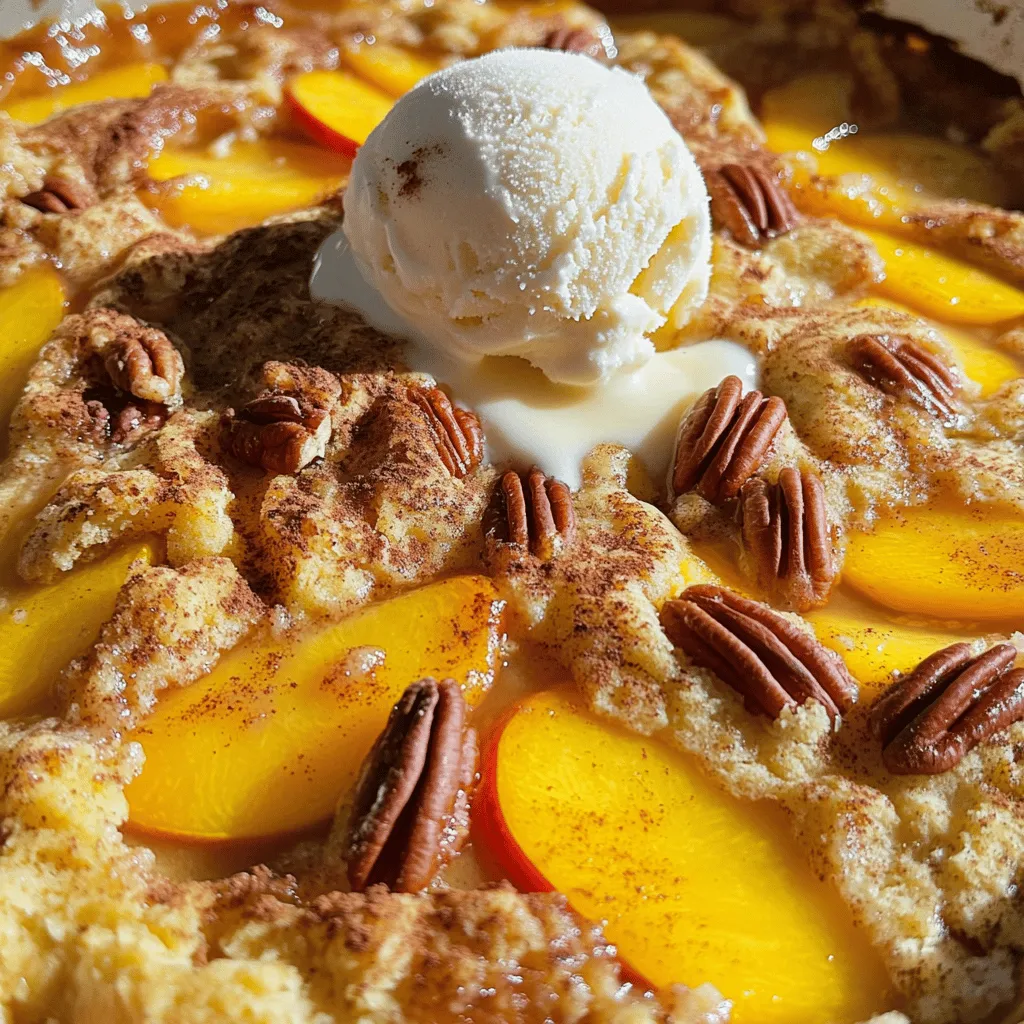 - 4 cups fresh peaches, sliced (or 2 cans of peach slices, drained) - 1 cup granulated sugar - 1 teaspoon vanilla extract - 1 teaspoon ground cinnamon - 1 box yellow cake mix (about 15.25 oz) - 1/2 cup unsalted butter, melted - 1 cup chopped pecans (optional) - 1 cup peach nectar or juice To make a great peach cobbler dump cake, fresh peaches are best. But canned peaches work too. If you choose fresh, pick ripe peaches for the best taste. You will also need sugar, vanilla, and cinnamon for added flavor. The yellow cake mix gives it the right texture. Don’t forget the butter; it adds richness. Optional pecans lend a nice crunch. Finally, peach nectar or juice moistens the cake. Using canned peaches saves time. They are easy to measure and require no slicing. Fresh peaches need a bit of prep. To slice them, simply cut around the pit and separate the halves. For easier measuring, use a dry measuring cup for sugar and a liquid cup for nectar or juice. This helps keep your kitchen clean. If you want to cut sugar, try using honey or maple syrup instead. You can also use a sugar substitute like stevia. For gluten-free options, swap in a gluten-free cake mix. Want to mix it up? Try adding berries or apples to the peaches for a fun twist. To slice fresh peaches, first wash them well. Then, cut them in half and remove the pit. Make thin slices for even cooking. If you prefer canned peaches, use two cans of peach slices. Just be sure to drain them well to avoid extra moisture. Layering the ingredients is key for the best outcome. Start by spreading the peach mixture evenly in your baking dish. Next, sprinkle the dry yellow cake mix evenly over the peaches. Remember, do not stir the cake mix; this keeps the layers distinct. Set your oven to 350°F (175°C) and let it preheat. Bake the cake for 40 to 45 minutes. The top should be golden brown and bubbly. To test for doneness, insert a toothpick in the center. If it comes out clean, the cake is ready. Let it cool for about 10 to 15 minutes before serving. Enjoy the deliciousness! For the full recipe, visit the [Full Recipe]. To avoid a soggy bottom, ensure you layer the ingredients correctly. Start with the peach mixture, then sprinkle the dry cake mix on top. Do not mix the two layers. This method helps the cake layer bake nicely. Also, use a 9x13-inch baking dish. This size allows the cake to cook evenly and develop a nice crust. For the best taste, serve your peach cobbler dump cake warm. Pair it with a scoop of vanilla ice cream or a dollop of whipped cream. You can also add a sprinkle of cinnamon for extra flavor. For gatherings, consider cutting the cake into squares. Serve them on colorful plates for a fun touch. If your cake is too dry, try adding a splash of peach nectar or juice. This can help moisten the cake without altering its flavor. If it’s too soggy, check your baking time. Sometimes, ovens vary in heat. You may need to bake it a bit longer. Adjust the time by 5 minutes at a time until it’s perfect. {{image_2}} You can give your peach cobbler dump cake a fun twist. Try adding different spices like nutmeg or ginger. These spices add warmth and depth to the flavor. You can also mix in seasonal fruits like berries. Blueberries, raspberries, or blackberries work well. They will add a nice burst of color and taste. If you want a vegan version, you can swap out the butter and cake mix. Use a plant-based butter and a vegan cake mix. This way, everyone can enjoy it. For those who want to cut down on sugar, try low-sugar cake mixes. You can also reduce the sugar in the peaches. This makes it a healthier dessert option. Want to try something different? Make the peach cobbler dump cake in a slow cooker. This method keeps it moist and tender. Just mix your ingredients and let them cook for a few hours. You can also use an Instant Pot for a quick version. It cooks fast and still tastes great. Just follow the same steps, but adjust the time for pressure cooking. With these methods, you can enjoy this dessert any way you like! To keep your peach cobbler dump cake fresh, store it in the fridge. Use an airtight container to prevent drying. This dessert can stay good for about 3 to 5 days. If you want to store it longer, freezing is a great option. Slice the cake into portions, wrap each piece in plastic wrap, and place them in a freezer bag. This method helps keep the flavors intact. You can reheat your cake in two ways: the microwave or the oven. For the microwave, place a slice on a plate and heat for 30 seconds. Check if it is warm enough; if not, heat in 10-second bursts until hot. For the oven, preheat it to 350°F (175°C). Place the cake in a baking dish and cover it with foil. Heat for about 10-15 minutes. This method keeps the cake’s texture nice and soft. Peach cobbler dump cake lasts about 3 to 5 days in the fridge. If stored in the freezer, it can last up to 3 months. Always check for signs of spoilage. If you see mold or an off smell, it's best to toss it out. Freshness is key to enjoying this delicious dessert! A dump cake is a simple dessert. You layer ingredients in a baking dish without mixing. The cake mix floats on top of fruit. It bakes into a sweet, crusty topping. The name comes from the way you "dump" ingredients in. This style of cake first appeared in the 1970s. It's quick, easy, and perfect for busy days. Yes, you can prepare this dessert in advance. Mix the fruit and sugar. Store it in the fridge overnight. You can also layer the ingredients in the baking dish. Just wait to add the cake mix and butter. Do this right before baking. This keeps the topping crisp and fresh. Absolutely! Frozen peaches work well in this recipe. Just let them thaw first. Drain any excess liquid to avoid sogginess. You may need to bake a bit longer. Check for a golden top and bubbling edges to know it’s done. Frozen fruit can be just as tasty! To boost flavor, try adding almond extract. A teaspoon can make a big difference. You can also add citrus zest, like lemon or orange. This gives a bright touch to the sweet peaches. Experiment with spices like nutmeg or ginger for extra warmth. Enjoy making it your own! For the full recipe, check out the Peachy Delight Dump Cake section. This blog post covered how to make a delicious peach cobbler dump cake. We discussed required ingredients, tips for prep, and substitutions to suit your taste. I also shared step-by-step instructions for preparing, assembling, and baking your cake. You learned handy tips to achieve the best results and variations for different diets and cooking methods. In conclusion, this easy dessert can fit any occasion. Explore your creativity and enjoy the sweet flavors!