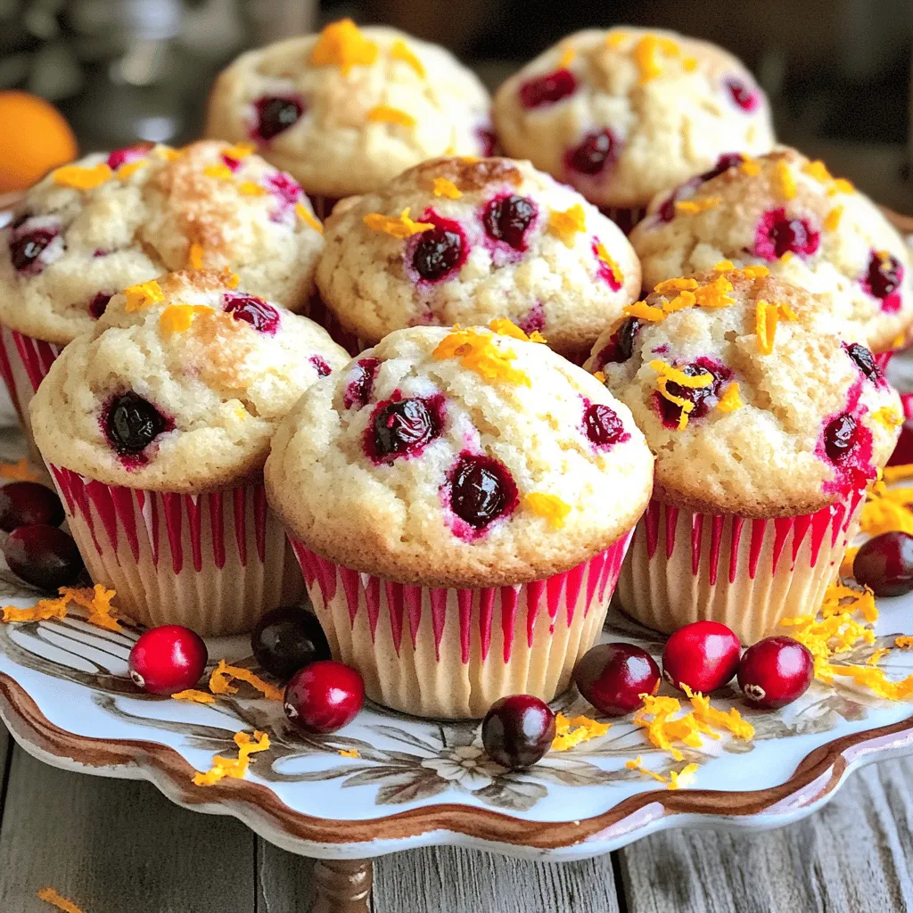 - 1 cup fresh cranberries, chopped - 1/2 cup orange juice (freshly squeezed) - Zest of 1 orange Cranberry orange muffins shine with fresh ingredients. Using fresh cranberries gives the muffins a tart burst. I love squeezing my own orange juice for a bright flavor. The zest adds a fragrant note that makes these muffins irresistible. - 1 1/2 cups all-purpose flour - 2 teaspoons baking powder - 1/2 teaspoon baking soda - 1/4 teaspoon salt The dry ingredients form the base of the muffins. All-purpose flour holds everything together. Baking powder and baking soda help the muffins rise, making them fluffy. A pinch of salt balances the sweetness and enhances the flavors. - 1/2 cup granulated sugar - 1/4 cup brown sugar, packed - 1/3 cup vegetable oil I use a mix of granulated and brown sugar. The granulated sugar gives sweetness, while brown sugar adds moisture and depth. Vegetable oil keeps the muffins soft and tender. You can also experiment with coconut oil for a unique twist. - 1 large egg - 1 teaspoon vanilla extract - 1/2 cup chopped walnuts (optional) The egg binds the ingredients and helps them rise. A splash of vanilla extract adds warmth and sweetness. If you love crunch, add walnuts for texture. They pair beautifully with the tart cranberries and sweet orange. For the full recipe, check out Cranberry Orange Bliss Muffins. - Preheat your oven to 375°F (190°C). - Line the muffin tin with paper liners or grease it lightly. - In a medium bowl, combine the chopped cranberries, orange juice, and zest. - Set this mixture aside. Letting the flavors blend makes a big difference. - In a large bowl, whisk together the granulated sugar, brown sugar, vegetable oil, egg, and vanilla. - Mix until everything is well combined and smooth. - In another bowl, mix the all-purpose flour, baking powder, baking soda, and salt. - Ensure there are no lumps in this mixture for even baking. - Gradually add the dry ingredients to the wet mixture. - Stir gently until no dry flour remains. Remember, a few lumps are just fine. - If you're using walnuts, fold them in now for extra crunch. - Divide the batter evenly among the prepared muffin cups. Fill each about three-quarters full. - Bake for 18-20 minutes. Insert a toothpick in the center to check for doneness. - Once baked, cool the muffins on a wire rack for a few minutes. This recipe will yield 12 fluffy and flavorful cranberry orange muffins. You can find the full recipe for more detailed steps and tips! - Avoid overmixing the batter for fluffy muffins. Overmixing can lead to tough muffins. Stir gently until just combined. - Use fresh cranberries for the best flavor. They add a burst of tartness that dried cranberries can't match. - Use an ice cream scoop for even portioning. This helps make sure each muffin is the same size. Consistent size means even baking and nice presentation. - Rotate the muffin tin halfway through baking for even cooking. This helps muffins bake evenly, ensuring a perfect rise. - Arrange muffins on a decorative platter. A pretty display makes them more inviting. - Add a sprinkle of orange zest for visual appeal. It brings a pop of color and enhances the citrus aroma. Try these tips for your Cranberry Orange Bliss Muffins for a great outcome! {{image_2}} You can switch up the fruit in these muffins. Try using blueberries or raspberries instead of cranberries. Both options add their own unique taste. You can also add orange segments to boost the citrus flavor. This addition makes each bite even more refreshing and bright. If you want a healthier muffin, consider using whole wheat flour. This swap adds fiber and nutrients. For sweetness, replace granulated sugar with honey or maple syrup. These natural sweeteners bring a richer flavor and can be less processed. For a vegan option, you can swap the egg for a flax egg or applesauce. A flax egg is made by mixing ground flaxseed with water. It works just as well as an egg binder. Use non-dairy milk instead of regular milk if you prefer. Almond milk or oat milk are great choices that keep the muffins moist and tasty. For the full recipe, check out the detailed instructions on how to make these delicious muffins! Store your muffins in an airtight container. They will stay fresh at room temperature for up to 2 days. This keeps them soft and tasty. If you want to enjoy them later, follow the next step. For longer storage, freeze your muffins. Place them in a freezer-safe bag. You can keep them for up to 3 months. When you are ready to eat, just take out what you need. To warm up your muffins, use the microwave. Heat them for 10-15 seconds. This will make them warm and soft again, just like when they were fresh. Enjoy your delicious cranberry orange muffins any time! You can find the Full Recipe to make them easily. Yes, substitute all-purpose flour with a gluten-free flour blend. This option works well and keeps muffins tasty. A toothpick inserted in the center should come out clean. This simple test helps ensure your muffins are baked just right. Yes, consider adding chocolate chips or shredded coconut. These mix-ins can add fun flavors and textures. Use them in salads, sauces, or smoothies. Leftover cranberries can brighten many dishes with their tartness. Yes, zest enhances the orange flavor significantly in the muffins. It makes them more fragrant and flavorful, so don't skip it! For the full recipe, check out the Cranberry Orange Bliss Muffins! This blog shared a simple recipe for orange cranberry muffins. We covered the fresh and dry ingredients, along with sweeteners and additional items. I outlined easy steps to bake your muffins and provided tips for perfect results. You can adjust the recipe with different fruits and storage solutions. Try this recipe to enjoy a bright, tasty treat. Your baking journey starts now!