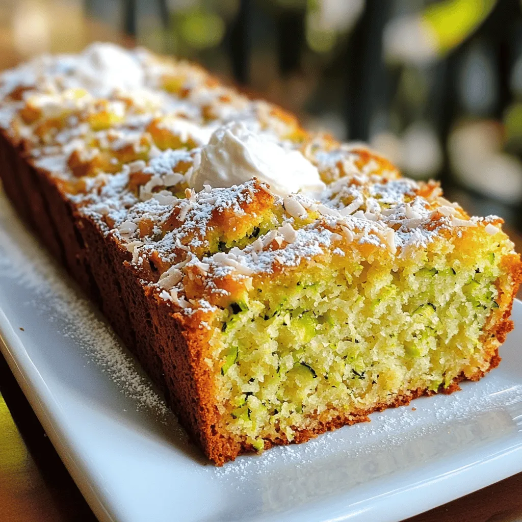 - 2 cups grated zucchini - 1 cup shredded unsweetened coconut - 1/2 cup brown sugar - 1/4 cup granulated sugar - 1/2 cup vegetable oil - 2 large eggs - 1 teaspoon vanilla extract - 1 1/2 cups all-purpose flour - 1 teaspoon baking soda - 1/2 teaspoon baking powder - 1/2 teaspoon salt - 1 teaspoon ground cinnamon - 1/2 teaspoon nutmeg - 1/2 cup chopped walnuts or pecans Gather these ingredients to make your zucchini coconut bread. The grated zucchini adds moisture, while the coconut gives a delightful chew. The mix of brown and granulated sugar makes it sweet but not too sweet. You can adjust the sugars based on your taste. The vegetable oil keeps the bread soft. Eggs add richness and help the bread rise. Vanilla extract adds a warm flavor that ties everything together. For the dry mix, baking soda and baking powder help the bread rise. Salt enhances all the flavors, while cinnamon and nutmeg bring warmth and spice. If you like nuts, add chopped walnuts or pecans for extra crunch. They pair well with the other flavors. This simple list makes it easy to gather everything you need. You can find the full recipe to guide you through baking this tasty bread. - Preheat your oven to 350°F (175°C). - Grease a 9x5-inch loaf pan or line it with parchment paper. - In a large bowl, combine brown sugar, granulated sugar, and vegetable oil. - Beat in the eggs and vanilla extract until smooth. - Add the grated zucchini and shredded coconut to the wet mixture. - In a separate bowl, mix the all-purpose flour, baking soda, baking powder, salt, cinnamon, and nutmeg. - Gently fold the dry ingredients into the wet mixture until just combined. - Pour the batter into the prepared loaf pan. - Bake for 50-60 minutes until a toothpick comes out clean. This method gives you a moist and tasty Zucchini Coconut Bread. For the full recipe, check the section above. To know when your bread is done, use a toothpick. Insert it into the center of the loaf. If it comes out clean, your bread is ready. If it has wet batter, bake for a few more minutes. This step is very important to get the right texture. Cooling time is also key. Let the bread cool in the pan for about 10 minutes. Then, transfer it to a wire rack. This cooling helps the bread finish cooking and makes it easier to slice. If you need a gluten-free option, you can swap all-purpose flour. Use a blend of gluten-free flours like almond or coconut flour. Another good mix is a store-bought gluten-free flour blend. Make sure it has xanthan gum for better structure. Adding spices can take your bread to the next level. Try adding a pinch of ginger or cloves for a warm twist. You can also mix in citrus zest. Lemon or lime zest adds a bright and fresh flavor. Just a teaspoon will make a big difference in taste. For more ideas to enhance flavor, consider adding nuts or seeds. They add crunch and nutrition. You can use the optional walnuts or pecans for a delightful texture. For even more creativity, sprinkle in some chocolate chips. This makes for a fun treat! For the complete recipe, check out the Full Recipe section. {{image_2}} You can make your zucchini coconut bread even more fun with add-ins. Try adding fruits like mashed banana or crushed pineapple. Both fruits give a sweet twist. They also add moisture to the bread. You can throw in nuts or seeds, too. Walnuts and pecans work well. Sunflower seeds or pumpkin seeds bring a nice crunch. Want a vegan version? You can swap out the eggs. Use flaxseed meal mixed with water. This mix acts like an egg. Applesauce is another great option. It keeps the bread moist. For oil, you can use coconut oil or even unsweetened applesauce in place of vegetable oil. Switching up sweeteners can change the taste. Try using honey or maple syrup instead of sugar. These give a nice, rich flavor. You can also explore spices. Adding nutmeg or cardamom will give a new depth to your bread. Cinnamon is a classic choice, but don't be afraid to experiment! To keep your Zucchini Coconut Bread fresh, I recommend using an airtight container. Wrap the bread tightly in plastic wrap before placing it in the container. Store it at room temperature for short-term use. This method helps lock in moisture and flavor. If you want to keep it longer, the refrigerator is a good option, too. Just remember to wrap it well to prevent it from drying out. Freezing your Zucchini Coconut Bread is a great way to save some for later. First, let the bread cool completely. Then, wrap it tightly in plastic wrap. After that, place it in a freezer-safe bag. Make sure to remove as much air as possible. To thaw, take it out of the freezer and let it sit at room temperature for a few hours. You can also warm it in the oven for a few minutes if you want it warm and fresh. At room temperature, your Zucchini Coconut Bread will last about 3 to 4 days. Keep an eye out for signs of spoilage. Look for mold or an off smell. These are clear signs that it’s time to toss it. If you store it in the fridge, it can last up to a week. Freezing can extend its shelf life to about three months. Enjoy your bread while it’s fresh for the best taste! Yes, you can use frozen zucchini. Thaw it first before using it in your bread. Place the zucchini in a colander to drain excess water. This step is key because too much moisture can make your bread soggy. After draining, gently squeeze the zucchini to remove more water. This will help keep your bread light and fluffy. If you want to skip the coconut, try using chopped nuts or dried fruit. Both add texture to the bread. For a similar feel, use slivered almonds or walnuts. You can also add a bit of almond extract for a subtle flavor. If you prefer no nuts, use extra zucchini or applesauce to maintain moistness. Absolutely! To cut sugar, use less brown and granulated sugar. You can reduce it by half and still enjoy great flavor. Consider using applesauce or mashed bananas to add sweetness naturally. You can also try a sugar substitute like stevia. Just be sure to check the conversion ratio to keep the right texture in the bread. This blog post covered how to make delicious zucchini coconut bread. We discussed the main and baking ingredients, optional add-ins, and step-by-step instructions. You also learned tips for variations, gluten-free options, and proper storage. Baking should be fun and creative. I hope you try this recipe and put your spin on it. Enjoy your baking journey and share your results!