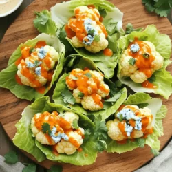 - 1 medium head of cauliflower - 1 cup almond flour - ½ cup hot sauce (like Frank's RedHot) - 1 teaspoon garlic powder - 1 teaspoon onion powder - 1 teaspoon smoked paprika - ½ cup crumbled blue cheese or feta cheese - ½ cup ranch or blue cheese dressing Buffalo cauliflower lettuce wraps are a great snack. They are tasty and healthy. To make them, you need fresh ingredients. The main part is the cauliflower. You want a medium head of cauliflower. Cut it into small florets. This will help it cook evenly. Next, you need almond flour. This gluten-free option gives a nice crunch. You also need hot sauce, like Frank's RedHot, for that classic buffalo flavor. For the seasonings, use garlic powder, onion powder, and smoked paprika. These spices add depth and taste. If you like more heat, add cayenne pepper. Lastly, the optional add-ons make the wraps even better. You can sprinkle crumbled blue cheese or feta on top. A drizzle of ranch or blue cheese dressing adds creaminess. This combo of fresh and bold flavors makes the wraps a hit. You can find the full recipe with all the details to create this delicious snack. 1. Preheat your oven to 425°F (220°C). This ensures the cauliflower cooks well. 2. Line a baking sheet with parchment paper. This keeps the cauliflower from sticking. 3. In a large bowl, mix the almond flour, garlic powder, onion powder, smoked paprika, and cayenne pepper. This blend gives the cauliflower a tasty kick. 1. Add the cauliflower florets to your bowl. Toss them well to coat. Make sure every piece gets some of that tasty mix. 2. Drizzle the cauliflower with olive oil and toss again. The oil helps the cauliflower get crispy. 3. Spread the coated cauliflower on the baking sheet in a single layer. Bake for 25-30 minutes. Flip halfway through for even cooking. Look for a golden brown color, which means it's ready. 1. In a separate bowl, mix the hot sauce and apple cider vinegar. This adds flavor and spice. 2. Once the cauliflower is golden, toss it in the hot sauce mixture. Make sure every piece is well coated. 3. To assemble, take a lettuce leaf and fill it with a good amount of the spicy cauliflower. 4. Optionally, sprinkle crumbled blue cheese or feta on top. Drizzle with ranch or blue cheese dressing. 5. Finish with fresh cilantro or parsley for extra flavor. Enjoy your Buffalo Cauliflower Lettuce Wraps! You can find the Full Recipe above for more details. To ensure crispy cauliflower, use a high heat. I recommend preheating your oven to 425°F (220°C). This temperature helps the cauliflower crisp up nicely. Make sure to coat the florets evenly with olive oil. This step is key. Spread them out in a single layer on your baking sheet. Avoid crowding them, or they will steam instead of roast. For the best oven settings, use the convection setting if you have one. It circulates hot air and helps the cauliflower become extra crispy. If not, just stick with the standard bake setting. Remember to flip the florets halfway through cooking. This ensures even browning on all sides. For an impressive display, serve the wraps on a large platter. Arrange the lettuce leaves neatly and add extra dressing in a small bowl on the side. You can also include a bowl of leftover buffalo cauliflower for color. It looks great and invites guests to dig in. When pairing drinks, consider refreshing options. I suggest iced tea or a light beer. These drinks complement the spicy flavors well. If you want something non-alcoholic, sparkling water with lemon is a great choice. Adjusting spice levels is easy. If you like it milder, reduce the cayenne pepper in the recipe. You can also use a milder hot sauce. For those who love heat, add more cayenne or a dash of chili powder. Adding herbs brings freshness to the dish. Chopped cilantro or parsley makes a great garnish. You can also mix in some fresh herbs into the cauliflower before baking. This adds depth to the flavor. For more ideas, check out the Full Recipe for other options. {{image_2}} You can adjust the heat of your Buffalo cauliflower wraps to fit your taste. If you prefer a milder flavor, use less cayenne pepper. You can also choose a milder hot sauce, like a sweet chili sauce. For those who love spice, add more cayenne or use a fiery sauce like Sriracha. Experiment with different heat levels to find your perfect balance. If you're looking for vegan cheese options, try nutritional yeast. It adds a cheesy flavor without dairy. You can also use vegan cream cheese or cashew cheese. For a gluten-free option, almond flour works well. Make sure any sauces you choose are gluten-free too. This way, everyone can enjoy these tasty wraps. Feel free to get creative with your fillings! You can add other vegetables like shredded carrots, diced bell peppers, or sliced cucumbers. These add crunch and color to your wraps. For a different sauce, try a spicy tahini or a cilantro lime dressing. These options can change the flavor and make it more exciting. To keep your Buffalo Cauliflower Lettuce Wraps fresh, store any leftovers in the fridge. First, let the wraps cool down to room temperature. Then, place them in airtight containers. This step helps to keep the flavors intact. I recommend using clear glass containers. They let you see what’s inside and are easy to clean. When you’re ready to enjoy your leftovers, reheating them correctly is key. Use an oven or an air fryer to restore their crispiness. Preheat your oven to 350°F (175°C) and place the wraps on a baking sheet. Heat for about 10 minutes, or until warm. If using an air fryer, set it to 350°F and cook for 5-7 minutes. This method helps prevent sogginess. For meal prep, you can save time by reheating smaller portions at a time. If you want to save the wraps for later, freezing is a great option. You can freeze them before or after cooking. If freezing before cooking, assemble the wraps, then wrap them tightly in plastic. For freezing after cooking, let them cool first. Then, place them in freezer-safe bags. When you’re ready to eat, thaw the wraps in the fridge overnight. Heat them as described above for the best results. Buffalo cauliflower lettuce wraps are a fun twist on classic buffalo wings. They use cauliflower instead of chicken. The dish combines crispy cauliflower tossed in spicy buffalo sauce, served in fresh lettuce leaves. I love this recipe because it gives you the flavor of buffalo wings but with fewer calories. The dish likely stems from the rise of plant-based eating and healthy snacks. Yes, you can easily make these wraps vegan. Simply use a vegan ranch dressing instead of traditional ranch. For the cheese topping, skip the blue cheese or use a vegan cheese alternative. This way, you can enjoy the same great taste without animal products. To amp up the heat, add more cayenne pepper or use a hotter hot sauce. You can also sprinkle some crushed red pepper flakes over the wraps before serving. If you want a smoky flavor, try adding chipotle hot sauce. These tips will make your wraps fiery and delicious. Cauliflower is high in fiber and low in calories. It helps with digestion and keeps you full. The lettuce leaves are also a great source of vitamins and hydration. This dish gives you a healthy snack option that is still satisfying and tasty. Leftovers can last up to three days in the fridge. Store them in an airtight container to keep them fresh. When you're ready to eat, just reheat in the oven or microwave until warm. However, lettuce wraps may lose some crispness after being stored. Enjoy your buffalo cauliflower wraps again with a quick reheating! Buffalo Cauliflower Lettuce Wraps are fun and healthy. We covered key ingredients, like cauliflower and almond flour, and explored seasonings for flavor. You learned how to prepare, cook, and assemble your wraps. With tips on storage and serving, you can enjoy them fresh or save leftovers. Try variations to match your taste. Overall, these wraps are simple to make and full of flavor. Enjoy crafting your delicious wraps again and again!