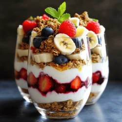 To make your parfaits, gather these key ingredients: - 2 cups plain Greek yogurt - 1 tablespoon honey (or maple syrup for a vegan option) - 1 teaspoon vanilla extract - 1 cup granola (your choice of flavor) - 1 cup mixed berries (strawberries, blueberries, raspberries) - 1 banana, sliced - Fresh mint leaves for garnish (optional) These main ingredients create a creamy, sweet, and crunchy treat. The Greek yogurt gives protein and thickness. Honey adds sweetness, while vanilla brings in a warm flavor. Granola adds crunch, and the mixed berries offer freshness and color. Bananas add a nice texture. You can change your parfaits with these fun options: - Different types of yogurt (like almond or coconut) - Other sweeteners (like agave or stevia) - Nuts (like almonds or walnuts) - Seeds (like chia or flaxseed) - Other fruits (like mango or kiwi) Feel free to mix and match! This helps you create flavors you love. It also lets you use what you have at home. Using high-quality ingredients makes a big difference. Look for thick, creamy Greek yogurt. Choose honey that is pure and natural. Fresh berries should be ripe and colorful. If you use granola, check for minimal added sugars. Quality ingredients lead to tasty results. They also make your parfaits look beautiful. When you use the best, your parfaits shine! For the full recipe, check out the detailed instructions. Start by gathering your ingredients. You will need plain Greek yogurt, honey, and vanilla extract. In a medium bowl, mix these three together. Stir well until the yogurt is smooth and creamy. This mixture will be the base of your parfait. The honey adds sweetness, while vanilla gives a nice flavor boost. Grab your serving glasses or bowls. Begin by adding a few spoonfuls of the yogurt mixture to the bottom of each glass. This layer sets the base. Then, sprinkle a layer of granola on top of the yogurt. Press it down lightly to pack it in. Next, add a layer of mixed berries and banana slices. You can use strawberries, blueberries, or raspberries. Repeat these layers until your glasses are full. End with a colorful layer of berries on top. If you want, add some fresh mint leaves for a nice touch. For the best look, try to make your layers even. Use a clear glass to show off the beautiful colors. You can adjust the amount of each layer based on your taste. If you like more crunch, add extra granola. Want it sweeter? Add more honey in the yogurt mix. Keep it fun and personal! For the full recipe, refer to the detailed steps above. To make your parfaits look great, layer with care. Start with yogurt at the bottom. Use a spoon to add a few scoops. Next, sprinkle granola gently. Press it down a bit to keep it in place. Then, add fruits like berries and bananas. Repeat these layers until your glass is full. Finish with a bright layer of fruits on top. This way, your parfaits will be beautiful and tasty. Seasonal fruits add the best taste to your parfaits. In spring and summer, use fresh berries. Strawberries, blueberries, and raspberries shine during these months. In fall, try apples or pears for a crunchy twist. Winter calls for citrus fruits like oranges or grapefruits. These fruits not only taste great but also add color. Choose what is fresh at your market for fantastic flavor. Sweetness in your parfait is easy to adjust. I suggest starting with a tablespoon of honey. Mix it well into your yogurt. Taste it, then add more if you like it sweeter. You can also swap honey for maple syrup if you want a vegan option. For those who prefer less sugar, skip the sweeteners altogether. Your parfait can still be delicious with fresh fruits. {{image_2}} You can easily make a vegan Greek yogurt parfait. Use coconut or almond yogurt instead of dairy. Both options taste great and have creamy textures. For sweetness, swap honey with maple syrup. This keeps it plant-based and still delicious. You can add nuts or seeds for crunch. Try chia seeds for a boost of omega-3s. They add a unique taste and nutrition. If you're watching carbs, you can make a low-carb parfait. Use unsweetened Greek yogurt. Add berries like strawberries or raspberries. They are low in sugar and high in fiber. You can also include nuts for extra protein. Almonds or walnuts work well. For crunch, try sugar-free granola or nuts instead of regular granola. This keeps your parfait tasty while being healthy. Tropical fruit can give your parfait a fun twist. Try mango, pineapple, or kiwi for a bright taste. These fruits add sweetness and a splash of color. You can also mix in unusual fruits like dragon fruit or passion fruit. These will impress your guests. For added zest, sprinkle some lime juice on top. It brings out the fresh flavors and makes it unique. For a complete recipe, check the Full Recipe section. When you have leftovers, store them in airtight containers. This keeps your parfaits fresh and tasty. You can layer the ingredients in separate containers. This method helps maintain the texture of granola. Avoid soggy granola by storing it apart from yogurt and fruit. To keep your ingredients fresh, check their dates often. Buy plain Greek yogurt with a long shelf life. Store yogurt in the fridge right after you buy it. For fruits, wash them only before use. This helps avoid extra moisture which can lead to spoilage. You can keep Greek yogurt parfaits in the fridge for up to two hours. After that, enjoy them for the best taste. If you want to store leftovers longer, remove the granola. In this way, parfaits can last for about two days in the fridge. Just remember to eat them soon for the best flavor! For the full recipe, check the section above. Yes, you can make Greek yogurt parfaits in advance. I recommend prepping them a few hours ahead. Just layer the yogurt, granola, and fruit. Cover them well and keep them in the fridge. They taste best when fresh but can last for up to two hours. This way, you save time and still enjoy a quick treat. You can add many healthy ingredients to your parfaits. Nuts like almonds and walnuts add crunch. Seeds, like chia or flaxseeds, boost nutrition. You can also mix in unsweetened coconut flakes for flavor. Try adding a scoop of nut butter for extra protein. These add-ins make your parfait even more tasty and nutritious. If you want a granola swap, try crushed nuts or seeds. They add crunch but keep it low in carbs. You can use oats as a base; just toast them lightly for flavor. Cereal can work too, but choose a low-sugar option. These swaps help you customize your parfait to fit your diet. To lower the sugar in your parfaits, skip the honey or syrup. Use natural sweeteners, like stevia or monk fruit. You can also choose unsweetened Greek yogurt. Fresh fruit can add sweetness without extra sugar. Berries are a great choice since they are lower in sugar than other fruits. In this post, we explored how to create easy Greek yogurt parfaits. We covered the main and optional ingredients, preparation steps, and tips for great layering. You learned about tasty variations like vegan and tropical options. Lastly, we shared smart storage methods to keep your parfaits fresh. Remember, these parfaits can be a fun, healthy treat. You can mix flavors and textures to suit your taste. Enjoy experimenting with your own unique creations!