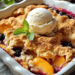 Peaches: How to choose and slice ripe peaches To make this cobbler, you need ripe peaches. Look for peaches that feel soft but not mushy. The skin should have a nice color. Once you have your peaches, wash them well. Use a sharp knife to slice them. Peel the skin off first. Then cut each peach into thin slices. This helps them cook evenly in the cobbler. Blackberries: Selecting the best fresh blackberries When picking blackberries, choose ones that are deep black and firm. Avoid berries that are soft or mushy. Fresh blackberries add great flavor. Rinse them gently under cold water before using. Let them drain in a colander to remove excess water. These berries will burst with sweetness in your cobbler. Granulated Sugar: Importance in achieving sweetness Granulated sugar is key for sweetening your cobbler. It balances the tartness of the fruit. Add sugar to the fruit mixture to help draw out juices. This makes the filling sweet and tasty. Too much sugar can make it overly sweet, so adjust to your taste. Lemon Juice and Vanilla Extract: Their roles in flavor profiles Lemon juice adds brightness to the dish. It enhances the flavors of the peaches and blackberries. Just a tablespoon is enough. Vanilla extract brings warmth and depth, making the cobbler richer. These two ingredients make a big difference in taste. All-purpose Flour: Best variety to use For this recipe, use all-purpose flour. It gives the cobbler a nice texture. It helps the batter rise and hold together. Be sure to measure it accurately for best results. Too much flour can make the cobbler dense. Baking Powder and Salt: How they affect texture Baking powder is important for helping the batter rise. It makes the cobbler light and fluffy. A little salt enhances the sweet flavors. Use just a pinch to balance the taste. These ingredients work together to create a delicious texture in your cobbler. For the complete recipe, refer to [Full Recipe]. To start, combine the sliced peaches and blackberries with sugar and spices. Use a large bowl for this. Add 1/2 cup of granulated sugar, 1 tablespoon of lemon juice, 1 teaspoon of vanilla extract, 1 tablespoon of cornstarch, and 1 teaspoon of cinnamon. Mix gently until the fruit is well coated. Let it sit for about 5 to 10 minutes. This step helps the flavors meld together, making every bite taste amazing. Next, we will make the batter. In another bowl, whisk together 1 cup of all-purpose flour, 1 tablespoon of baking powder, and 1/4 teaspoon of salt. Then, add 1/2 cup of milk and 1/4 cup of melted unsalted butter. Stir until just combined. Remember, a few lumps are okay! Avoid overmixing, as this can make the batter tough. Now, it's time to assemble. Pour the fruit mixture into a greased 9x9 inch baking dish. Spread it evenly across the bottom. Next, drop spoonfuls of the batter over the fruit, letting some fruit peek through. This creates a nice look and texture. Finally, sprinkle a tablespoon of brown sugar over the batter for a crunchy topping. Bake in a preheated oven at 350°F (175°C) for 35 to 40 minutes. Look for a golden brown color on top. A toothpick inserted should come out clean. Once baked, let the cobbler cool slightly before serving. Enjoy your delightful Peach Blackberry Cobbler! For the full recipe, check out the instructions above. To get a crispy topping, I love using brown sugar. It caramelizes nicely and adds a rich taste. Just sprinkle it on top of the batter before baking. For the fruit, juicy peaches and blackberries are key. Make sure they are ripe. However, avoid adding too much juice. You want the fruit soft, not swimming in liquid. Different ovens can bake unevenly. If yours runs hot, check your cobbler a few minutes early. It should be golden brown on top. Look for a clean toothpick when testing doneness. If it comes out clean, your cobbler is ready. Plating your Peach Blackberry Cobbler can be fun! Serve it warm in a bowl. A scoop of vanilla ice cream on top adds creaminess. For a fresh twist, sprinkle mint leaves over each serving. You can also add whipped cream for extra sweetness. Enjoy your delicious cobbler! For the full recipe, check out the detailed instructions. {{image_2}} You can change the fruit in your cobbler for new tastes. Use seasonal fruits like cherries or plums. They fit well because they have a sweet flavor. You can also mix in tropical fruits like mango or pineapple. These fruits add a fun twist and brighten the dish. Want a healthier cobbler? Try using whole wheat flour or oat flour. Both options boost fiber and nutrients. You can also cut back on sugar. Use less sugar or swap in honey or maple syrup. These swaps keep the taste great while making the dish lighter. If you need a gluten-free cobbler, use almond flour or coconut flour. These options give a different flavor and texture. You may need to adjust the baking time, so keep an eye on it. A toothpick test helps you know when it's done. Enjoy the same tasty treat without the gluten! For the full recipe, check out the Peach Blackberry Bliss Cobbler. To keep your cobbler fresh, place it in a covered container. Store it in the fridge for up to three days. This method helps maintain moisture and flavor. If you want to enjoy it later, let it cool completely before covering. To extend freshness, add a piece of wax paper between the cobbler and the lid. This step helps prevent sogginess. To reheat your cobbler, use an oven set to 350°F (175°C). Place the cobbler in an oven-safe dish. Cover it with foil to keep it moist. Heat for about 15-20 minutes or until warm. Another option is using a microwave. Heat individual servings for 30 seconds, then check if it’s warm. If needed, heat in 10-second intervals until warm. You can also enjoy leftover cobbler cold with yogurt or whipped cream. This twist adds a refreshing taste. You can freeze your cobbler for later enjoyment. To freeze it before baking, wrap it tightly in plastic wrap and foil. This method prevents freezer burn. It can last up to three months frozen. If you want to freeze baked cobbler, let it cool completely. Then, cut it into squares. Place the squares in a freezer-safe container. Make sure to separate layers with parchment paper. When you’re ready to eat, thaw it overnight in the fridge. Reheat it in the oven for the best texture. Enjoy your cobbler anytime! Yes, you can use frozen peaches and blackberries. They work well in this recipe. To get the best results, thaw the fruits first. Drain any excess liquid to avoid a soggy cobbler. You can also add a little extra cornstarch to help thicken the juices. This keeps the filling thick and bubbly. Peach blackberry cobbler pairs nicely with a few treats. A scoop of vanilla ice cream adds creaminess. Whipped cream is another great choice. You can also serve it with a dollop of Greek yogurt for a tangy twist. For drinks, try iced tea or a light sparkling wine. These drinks balance the sweet fruit flavors well. You can tell when your cobbler is done by looking for a few signs. The top should be golden brown. A toothpick should come out clean when inserted in the middle. The filling should bubble around the edges. If you see this, your cobbler is ready to enjoy. In this blog post, I covered how to make a delicious Peach Blackberry Cobbler. You learned about selecting ripe fruits and the importance of sugar and spices. I detailed step-by-step instructions for preparing the filling and making the batter. We discussed tips for perfect texture and variations to try. Storing and reheating tips ensure you enjoy every last bite. With this knowledge, you're ready to impress with your own cobbler masterpiece. Enjoy baking and sharing this tasty treat with family and friends!