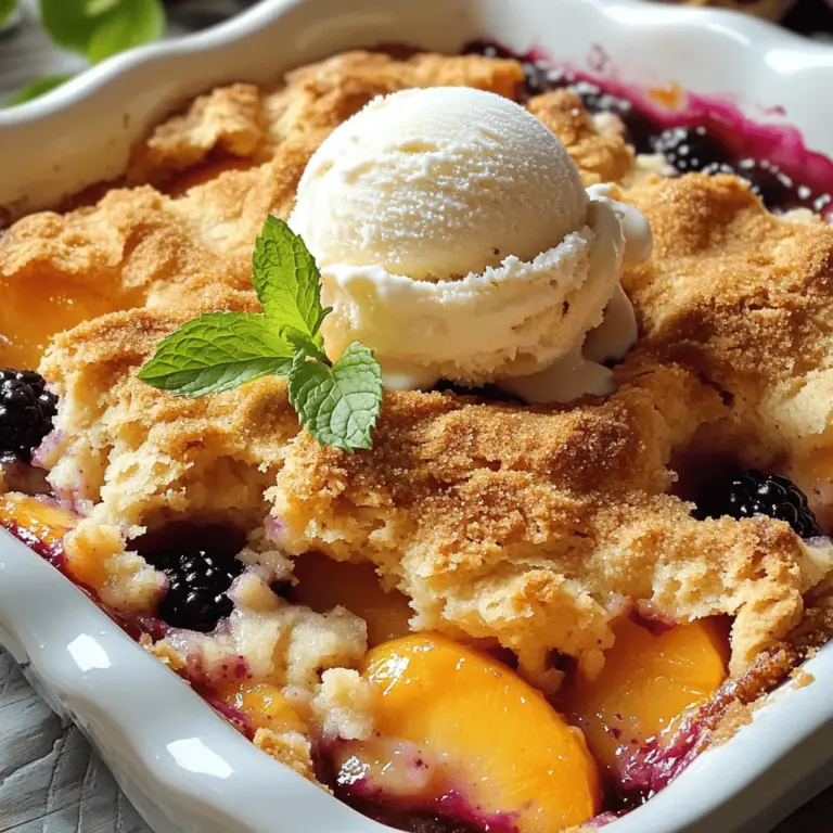 Peaches: How to choose and slice ripe peaches To make this cobbler, you need ripe peaches. Look for peaches that feel soft but not mushy. The skin should have a nice color. Once you have your peaches, wash them well. Use a sharp knife to slice them. Peel the skin off first. Then cut each peach into thin slices. This helps them cook evenly in the cobbler. Blackberries: Selecting the best fresh blackberries When picking blackberries, choose ones that are deep black and firm. Avoid berries that are soft or mushy. Fresh blackberries add great flavor. Rinse them gently under cold water before using. Let them drain in a colander to remove excess water. These berries will burst with sweetness in your cobbler. Granulated Sugar: Importance in achieving sweetness Granulated sugar is key for sweetening your cobbler. It balances the tartness of the fruit. Add sugar to the fruit mixture to help draw out juices. This makes the filling sweet and tasty. Too much sugar can make it overly sweet, so adjust to your taste. Lemon Juice and Vanilla Extract: Their roles in flavor profiles Lemon juice adds brightness to the dish. It enhances the flavors of the peaches and blackberries. Just a tablespoon is enough. Vanilla extract brings warmth and depth, making the cobbler richer. These two ingredients make a big difference in taste. All-purpose Flour: Best variety to use For this recipe, use all-purpose flour. It gives the cobbler a nice texture. It helps the batter rise and hold together. Be sure to measure it accurately for best results. Too much flour can make the cobbler dense. Baking Powder and Salt: How they affect texture Baking powder is important for helping the batter rise. It makes the cobbler light and fluffy. A little salt enhances the sweet flavors. Use just a pinch to balance the taste. These ingredients work together to create a delicious texture in your cobbler. For the complete recipe, refer to [Full Recipe]. To start, combine the sliced peaches and blackberries with sugar and spices. Use a large bowl for this. Add 1/2 cup of granulated sugar, 1 tablespoon of lemon juice, 1 teaspoon of vanilla extract, 1 tablespoon of cornstarch, and 1 teaspoon of cinnamon. Mix gently until the fruit is well coated. Let it sit for about 5 to 10 minutes. This step helps the flavors meld together, making every bite taste amazing. Next, we will make the batter. In another bowl, whisk together 1 cup of all-purpose flour, 1 tablespoon of baking powder, and 1/4 teaspoon of salt. Then, add 1/2 cup of milk and 1/4 cup of melted unsalted butter. Stir until just combined. Remember, a few lumps are okay! Avoid overmixing, as this can make the batter tough. Now, it's time to assemble. Pour the fruit mixture into a greased 9x9 inch baking dish. Spread it evenly across the bottom. Next, drop spoonfuls of the batter over the fruit, letting some fruit peek through. This creates a nice look and texture. Finally, sprinkle a tablespoon of brown sugar over the batter for a crunchy topping. Bake in a preheated oven at 350°F (175°C) for 35 to 40 minutes. Look for a golden brown color on top. A toothpick inserted should come out clean. Once baked, let the cobbler cool slightly before serving. Enjoy your delightful Peach Blackberry Cobbler! For the full recipe, check out the instructions above. To get a crispy topping, I love using brown sugar. It caramelizes nicely and adds a rich taste. Just sprinkle it on top of the batter before baking. For the fruit, juicy peaches and blackberries are key. Make sure they are ripe. However, avoid adding too much juice. You want the fruit soft, not swimming in liquid. Different ovens can bake unevenly. If yours runs hot, check your cobbler a few minutes early. It should be golden brown on top. Look for a clean toothpick when testing doneness. If it comes out clean, your cobbler is ready. Plating your Peach Blackberry Cobbler can be fun! Serve it warm in a bowl. A scoop of vanilla ice cream on top adds creaminess. For a fresh twist, sprinkle mint leaves over each serving. You can also add whipped cream for extra sweetness. Enjoy your delicious cobbler! For the full recipe, check out the detailed instructions. {{image_2}} You can change the fruit in your cobbler for new tastes. Use seasonal fruits like cherries or plums. They fit well because they have a sweet flavor. You can also mix in tropical fruits like mango or pineapple. These fruits add a fun twist and brighten the dish. Want a healthier cobbler? Try using whole wheat flour or oat flour. Both options boost fiber and nutrients. You can also cut back on sugar. Use less sugar or swap in honey or maple syrup. These swaps keep the taste great while making the dish lighter. If you need a gluten-free cobbler, use almond flour or coconut flour. These options give a different flavor and texture. You may need to adjust the baking time, so keep an eye on it. A toothpick test helps you know when it's done. Enjoy the same tasty treat without the gluten! For the full recipe, check out the Peach Blackberry Bliss Cobbler. To keep your cobbler fresh, place it in a covered container. Store it in the fridge for up to three days. This method helps maintain moisture and flavor. If you want to enjoy it later, let it cool completely before covering. To extend freshness, add a piece of wax paper between the cobbler and the lid. This step helps prevent sogginess. To reheat your cobbler, use an oven set to 350°F (175°C). Place the cobbler in an oven-safe dish. Cover it with foil to keep it moist. Heat for about 15-20 minutes or until warm. Another option is using a microwave. Heat individual servings for 30 seconds, then check if it’s warm. If needed, heat in 10-second intervals until warm. You can also enjoy leftover cobbler cold with yogurt or whipped cream. This twist adds a refreshing taste. You can freeze your cobbler for later enjoyment. To freeze it before baking, wrap it tightly in plastic wrap and foil. This method prevents freezer burn. It can last up to three months frozen. If you want to freeze baked cobbler, let it cool completely. Then, cut it into squares. Place the squares in a freezer-safe container. Make sure to separate layers with parchment paper. When you’re ready to eat, thaw it overnight in the fridge. Reheat it in the oven for the best texture. Enjoy your cobbler anytime! Yes, you can use frozen peaches and blackberries. They work well in this recipe. To get the best results, thaw the fruits first. Drain any excess liquid to avoid a soggy cobbler. You can also add a little extra cornstarch to help thicken the juices. This keeps the filling thick and bubbly. Peach blackberry cobbler pairs nicely with a few treats. A scoop of vanilla ice cream adds creaminess. Whipped cream is another great choice. You can also serve it with a dollop of Greek yogurt for a tangy twist. For drinks, try iced tea or a light sparkling wine. These drinks balance the sweet fruit flavors well. You can tell when your cobbler is done by looking for a few signs. The top should be golden brown. A toothpick should come out clean when inserted in the middle. The filling should bubble around the edges. If you see this, your cobbler is ready to enjoy. In this blog post, I covered how to make a delicious Peach Blackberry Cobbler. You learned about selecting ripe fruits and the importance of sugar and spices. I detailed step-by-step instructions for preparing the filling and making the batter. We discussed tips for perfect texture and variations to try. Storing and reheating tips ensure you enjoy every last bite. With this knowledge, you're ready to impress with your own cobbler masterpiece. Enjoy baking and sharing this tasty treat with family and friends!