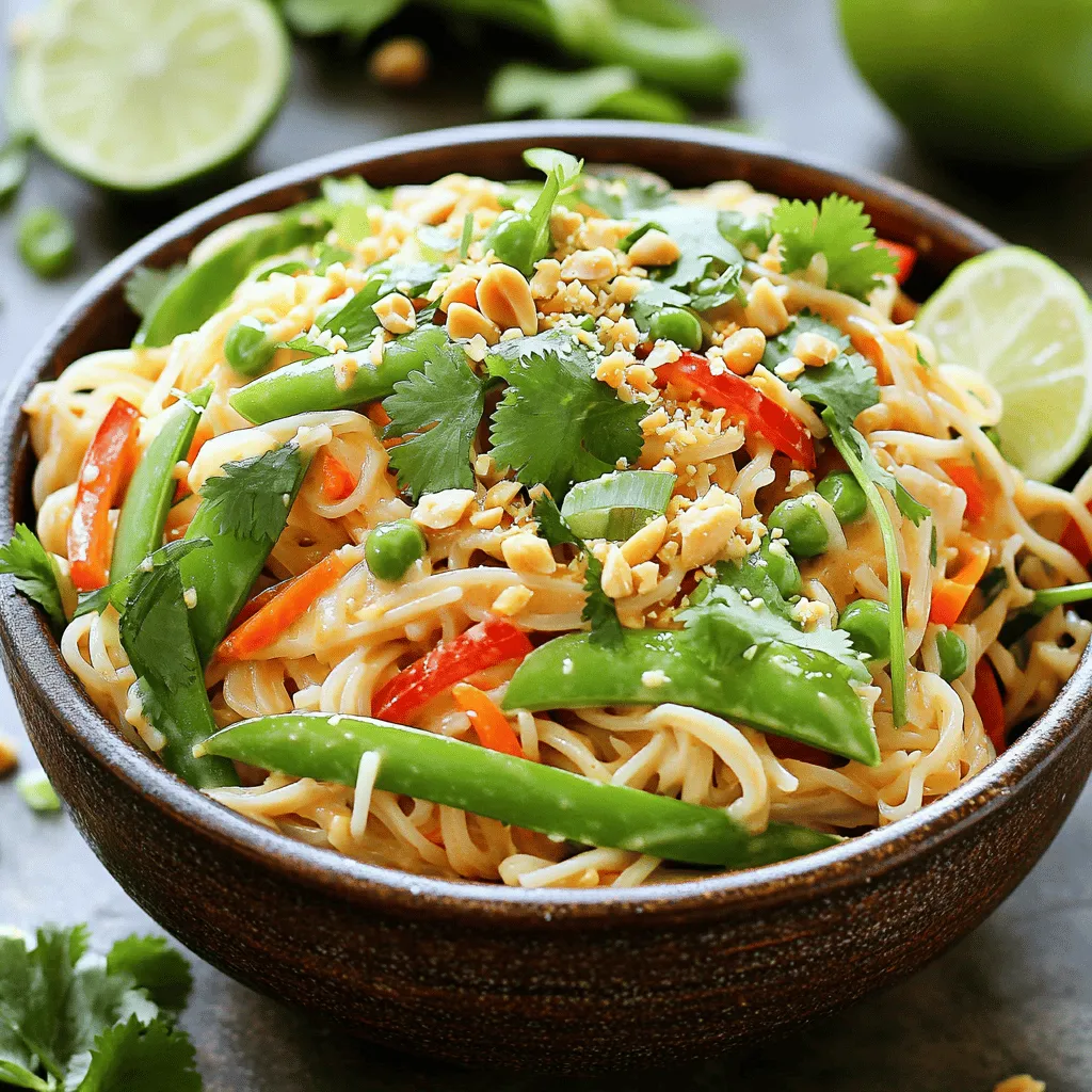 - 8 oz rice noodles - 1 cup snap peas, trimmed - 1 red bell pepper, thinly sliced - 1 carrot, julienned - 1/2 cup natural peanut butter - 3 tablespoons soy sauce (or tamari) - 2 tablespoons lime juice - 1 tablespoon sesame oil - 1 teaspoon grated ginger - 1 clove garlic, minced - Crushed peanuts for garnish - Lime wedges for serving - 1/2 cup fresh cilantro, chopped - 1/4 cup green onions, sliced When I make Light Thai Peanut Noodle Toss, I love to gather all my fresh ingredients first. Start with the rice noodles. They are the base of this dish. You want to cook them just right. Make sure you get snap peas for that lovely crunch. Use a bright red bell pepper for color and taste. The sweetness of the carrot adds a nice touch, too. Now let’s talk about the sauce. It’s the star of the show. Natural peanut butter gives a rich, creamy base. I like to use soy sauce or tamari for a gluten-free option. Lime juice brings brightness. The sesame oil adds depth. Grated ginger and minced garlic give it a nice kick. For garnish, crushed peanuts add texture and flavor. Lime wedges are perfect for a fresh squeeze at the table. Fresh cilantro and green onions give a burst of freshness. These ingredients come together to create a quick, flavorful meal that will impress anyone. You can find the Full Recipe to get all the details you need! To cook rice noodles, start by boiling water. Add the noodles and cook them for about 4 to 6 minutes, or as the package says. You want them soft but not mushy. After cooking, drain the noodles. Rinsing them with cold water stops the cooking process. This step keeps the noodles from sticking together. Blanching helps keep veggies bright and crunchy. For snap peas, bell pepper, and carrots, boil water in a pot. Add the veggies for about 2-3 minutes. They should be tender but still crisp. After blanching, drain the veggies and put them in cold water. This keeps their color and texture fresh. To make a smooth peanut sauce, whisk together peanut butter, soy sauce, lime juice, sesame oil, grated ginger, and minced garlic. Start with a small bowl for easy mixing. If the sauce feels too thick, add warm water a little at a time. This helps you reach the right consistency for drizzling. In a large bowl, mix the cooked noodles, blanched vegetables, cilantro, and green onions together. Pour the peanut sauce over the mixture. Toss everything gently to ensure an even coating. This step makes every bite flavorful and satisfying. For a nice finish, serve the dish in bowls. Top with crushed peanuts for crunch. Add lime wedges on the side for a zesty kick. This not only looks great but also enhances the flavor. Enjoy your Light Thai Peanut Noodle Toss for a quick and tasty meal. For the detailed recipe, refer to the Full Recipe. You can easily change this dish to fit your taste. For protein, add tofu, chicken, or shrimp. Each choice brings its own flavor. Tofu works well for a vegan option. Chicken adds heartiness, while shrimp gives a light touch. If you need gluten-free options, use tamari instead of soy sauce. You can also swap rice noodles for gluten-free pasta. For a vegan dish, make sure to choose plant-based proteins. Cooking rice noodles can be tricky. Start by boiling water, then add your noodles. Cook them for about 4-6 minutes until soft. After cooking, rinse with cold water. This stops the cooking process and keeps them from sticking together. For the sauce, mix peanut butter, soy sauce, lime juice, sesame oil, ginger, and garlic. Whisk until smooth. If it's too thick, add warm water slowly. The right consistency makes a big difference in flavor. Pair your Light Thai Peanut Noodle Toss with fresh cucumber salad or spring rolls. A cold drink, like iced tea or coconut water, complements the meal nicely. If you have leftovers, store them in the fridge. You can serve them cold or warm them up later. Try adding fresh herbs or a squeeze of lime before serving. This keeps the dish fresh and flavorful. {{image_2}} You can swap veggies based on the season. In spring, use asparagus or zucchini. In summer, add corn or cherry tomatoes. Fall brings great options like butternut squash. In winter, try broccoli or Brussels sprouts. Adjust cooking times for each vegetable. For soft veggies, blanch for 1-2 minutes. For firmer ones, go for 3-4 minutes. This keeps them crisp and colorful. If you want a low-carb meal, skip the noodles. Use spiralized zucchini or cauliflower rice instead. This makes the dish lighter and keeps it filling. For nut-free options, try sunflower seed butter. This gives a similar creamy texture without nuts. Always check for allergies when serving. Want some heat? Add sriracha or chili flakes to the sauce. This brings a spicy kick that many enjoy. If you like experimenting, try different nut butters. Almond or cashew butter can change the flavor profile. Each nut brings a unique taste, so have fun with it! To keep your Light Thai Peanut Noodle Toss fresh, store it in an airtight container. This method prevents moisture loss and outside odors from mingling. It will stay tasty for up to three days in the fridge. Make sure to let it cool before sealing. You can freeze the noodle toss if you want to save some for later. Portion it into freezer-safe bags or containers. Leave some space at the top for expansion. To enjoy it, thaw the noodle toss overnight in the fridge. When you're ready to eat, reheat the dish gently. Use a microwave or a pan over low heat. Stir it often to heat evenly. If it seems dry, add a splash of water or a drizzle of soy sauce. This keeps the flavors bright and the texture just right. Light Thai Peanut Noodle Toss can last for about 3 to 5 days in the fridge. To keep it fresh, store it in an airtight container. Make sure to let it cool completely before sealing. This helps prevent moisture build-up, which can make the noodles soggy. When you're ready to eat, you can enjoy it cold or reheat it gently. Yes, you can use different types of noodles! While I recommend rice noodles for their texture and taste, you can swap them for whole wheat, soba, or even zucchini noodles. Each option will bring a unique flavor and feel to the dish. Just remember to adjust the cooking time as needed. Absolutely! This recipe is perfect for meal prep. You can make a big batch and portion it out for the week. It holds up well in the fridge and makes for a quick lunch or dinner. Just keep the sauce separate if you want to maintain the best texture for your noodles and veggies. If you need a substitute for peanut butter, try almond butter or sunflower seed butter. Both options work well and add a nice flavor. You can also use tahini for a different twist. Adjust the amount based on your taste preferences, as each nut or seed butter has a unique flavor profile. Yes, you can add some heat to this dish! You can mix in sriracha or red chili flakes when preparing the sauce. Start with a small amount and taste as you go. This way, you can control the spice level to suit your liking. You can also add fresh sliced chilies as a garnish for an extra kick. For the full recipe, check out the Light Thai Peanut Noodle Toss section above! This blog post covered how to make a delicious Light Thai Peanut Noodle Toss. We explored the key ingredients, like rice noodles and fresh vegetables. I shared tips for cooking and crafting a creamy peanut sauce. Additionally, I provided ideas for customizing the dish and storing leftovers. Enjoy this easy recipe and make it your own. With a few changes, you can create different flavors and textures. Now, you can impress your friends and family with a tasty and healthy meal.