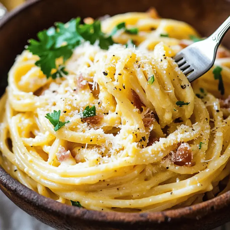 To make a great Spaghetti Carbonara, you need simple, high-quality ingredients. Here’s what you’ll need: - 400g spaghetti - 150g pancetta or turkey bacon, diced - 3 large eggs - 100g Parmigiano-Reggiano cheese, grated - 2 cloves garlic, minced - Freshly ground black pepper to taste - Salt, to taste - 1 tablespoon olive oil - Fresh parsley, chopped (for garnish) These ingredients come together to create a rich, creamy sauce. The pancetta gives a nice salty flavor. The eggs and cheese blend perfectly, making every bite delicious. Cooking Spaghetti Carbonara requires some basic kitchen tools. Here’s what you need: - Large pot - Skillet - Mixing bowl - Whisk - Tongs or a fork - Ladle Having these tools ready makes the cooking process smooth. You can focus on perfecting your dish without any stress. Selecting good ingredients is key for a great meal. Follow these tips: - Choose fresh spaghetti; it should be firm and not broken. - Look for pancetta or turkey bacon that has a rich color. Fresh is always better. - Buy Parmigiano-Reggiano cheese, not pre-grated. It melts better and tastes richer. - Pick eggs that are organic or free-range for better flavor. When you use high-quality ingredients, your Spaghetti Carbonara will shine. Each bite will be a reminder of why this dish is a classic. For the complete details on making this dish, check the Full Recipe. Start by filling a large pot with salted water. Bring it to a boil. Add the spaghetti and cook it until al dente, which usually takes about 8-10 minutes. Remember to check the package for exact cooking times. After cooking, save 1 cup of pasta water and then drain the spaghetti. While the pasta cooks, heat 1 tablespoon of olive oil in a large skillet over medium heat. Add the diced pancetta or turkey bacon. Cook it for about 5-7 minutes until it is crispy and golden brown. Next, add the minced garlic to the skillet and sauté it for about a minute. This makes the kitchen smell amazing! Remove the skillet from heat to prevent burning the garlic. In a separate bowl, whisk together 3 large eggs, 100g of grated Parmigiano-Reggiano cheese, and a good amount of freshly ground black pepper. Mix it well until everything is combined. Quickly add the hot, drained spaghetti to the skillet with the crispy meat and garlic. Toss it well to coat the pasta in the bacon fat. Off the heat, add the egg and cheese mixture to the pasta. Toss quickly to combine. The heat from the pasta will cook the eggs gently. If the sauce turns out too thick, use some reserved pasta water to reach the right creaminess. Look for the spaghetti to be tender but still have a slight bite. This is called al dente. You can also taste a strand to check. If your pancetta is crispy and golden brown, that’s a great sign. The garlic should smell fragrant but not burnt. When you add the egg mixture, it should blend smoothly and coat every strand of pasta. To finish, taste your carbonara and adjust it with salt or more black pepper as needed. Serve it hot and enjoy! Garnish with extra cheese and a sprinkle of fresh parsley for a pop of color. This dish is best enjoyed fresh, so dive in! For the complete recipe, check out the Full Recipe section. To make a great spaghetti carbonara, use fresh ingredients. Cook the pasta until it is al dente. This means it should still have a slight bite. Reserve some pasta water before draining. This starchy water helps create a creamy sauce later. When cooking the pancetta, get it crispy. This adds great texture and flavor. Mix the eggs and cheese quickly with the hot pasta. The heat from the pasta cooks the eggs gently. One big mistake is overcooking the pasta. If you cook it too long, it becomes mushy. Avoid adding cream to your carbonara. Traditional recipes do not use cream; the sauce should be creamy from the eggs and cheese. Also, don’t forget to remove the skillet from heat before adding the egg mixture. This helps to prevent scrambling the eggs. Lastly, always season with pepper. It adds depth to your dish. You can switch up the meat in your carbonara. Try using turkey bacon or pancetta for a lighter dish. For a vegetarian option, replace the meat with sautéed mushrooms or peas. You can also add veggies like spinach or zucchini for extra nutrition. If you want a spicy kick, sprinkle in some red pepper flakes. For a twist, try different cheeses like pecorino or a smoked cheese for unique flavors. Each custom change can create a new experience while still keeping that classic taste. For the complete recipe, check out the Full Recipe. {{image_2}} To make a vegetarian version, skip the pancetta. Use mushrooms for a meaty flavor. Cook them until golden brown. You can also use smoked tofu for a smoky taste. Add some sun-dried tomatoes for extra depth. This option keeps the dish rich and satisfying. If you want to change the meat, turkey bacon works well. It gives a lighter taste but still offers great flavor. You can also try pancetta or prosciutto if you want a richer flavor. For a spicy kick, add chorizo or even chicken for a different twist. To add unique flavors, consider using fresh herbs like basil or thyme. A hint of lemon zest can brighten the dish. You might also try adding a splash of white wine while cooking the pancetta. This adds a lovely depth to the sauce. Finally, for extra creaminess, mix in some ricotta cheese. These tweaks can make your carbonara a standout! For the complete recipe, check out the Full Recipe. After you enjoy your Spaghetti Carbonara, store leftovers right away. Place them in an airtight container. This keeps the pasta fresh and safe. Always cool the dish to room temperature before sealing it. Leftovers stay good in the fridge for up to three days. To reheat, use a skillet over medium heat. Add a splash of water or broth to prevent drying. Stir gently until heated through. You can also use the microwave. Heat in short bursts, stirring in between. This keeps your Carbonara creamy and tasty. If you want to store your Spaghetti Carbonara for longer, freezing is a great choice. Use freezer-safe containers or bags. Make sure to remove as much air as possible. It’s best to eat frozen Carbonara within three months. When ready to eat, thaw it in the fridge overnight. Reheat as mentioned above for the best flavor. The best pasta for Carbonara is spaghetti. It holds the sauce well. You can also use fettuccine or bucatini if you like. These types work well because they are long and thin. They soak up the sauce nicely, making each bite tasty. I do not recommend making Carbonara ahead of time. It tastes best when fresh. The sauce can thicken when stored, and the eggs may scramble. If you must prepare it early, cook the pasta and sauce separately. Mix them just before serving for the best flavor. To lighten up Carbonara, use whole wheat pasta. You can also substitute turkey bacon for pancetta. Another option is to use fewer eggs and more cheese. This keeps the flavor while cutting down on fat. Adding vegetables like peas or spinach can add nutrition too. In this blog post, we explored the key ingredients and equipment needed for perfect Spaghetti Carbonara. I shared step-by-step instructions, tips for success, and fun variations to try. Remember, using high-quality ingredients is crucial. It makes a big difference in flavor. Follow the cooking tips to avoid common mistakes. You can even customize your dish to suit your taste. With proper storage and reheating, leftovers can taste just as good. Enjoy making this classic dish, and let your creativity shine!