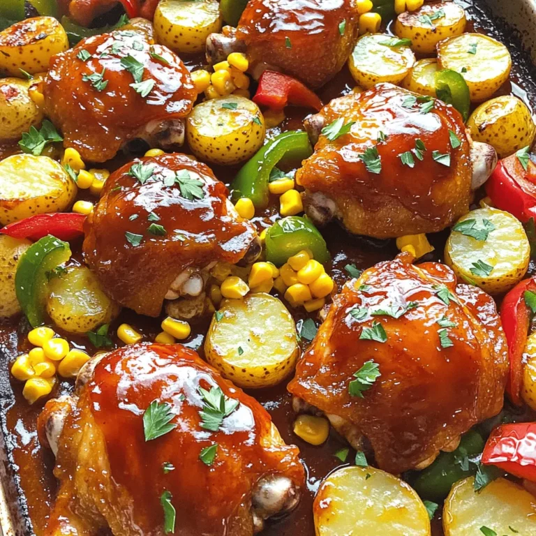 - 4 bone-in chicken thighs, skin-on - 1 cup homemade or store-bought BBQ sauce - 2 cups baby potatoes, halved - 1 cup fresh corn kernels (or 1 can of corn, drained) - 1 red bell pepper, sliced - 1 green bell pepper, sliced - 2 tablespoons olive oil - 1 teaspoon garlic powder - 1 teaspoon onion powder - Salt and pepper to taste - Fresh parsley, chopped (for garnish) When I make Sheet Pan BBQ Chicken, I start with the main ingredients. The chicken thighs give a rich flavor and juicy texture. I love using bone-in thighs for the best taste. You can pick either homemade or store-bought BBQ sauce, depending on your time. I often make my own, but a good store brand works well too. The vegetables add color and crunch. I use baby potatoes for their creamy inside and crisp skin. Fresh corn kernels bring sweetness, and bell peppers add a nice crunch. I always slice my red and green bell peppers for a pop of color. For seasoning, I use olive oil to help the spices stick. Garlic powder and onion powder create a great base. A little salt and pepper brings out all the flavors. Finally, I sprinkle fresh parsley on top for color and freshness. Check out the Full Recipe for more details on cooking this tasty dish! Set your oven to 425°F (220°C). Preheating is key for even cooking. It helps the chicken cook through and get crispy. If you skip this step, the chicken may not cook well. First, pat the chicken thighs dry with paper towels. This helps the skin become crispy. Next, season both sides with salt, pepper, garlic powder, and onion powder. This mix gives great flavor. Be sure to cover every inch for the best taste. Prepare the baby potatoes and bell peppers. Cut the potatoes in half and slice the bell peppers. In a bowl, toss them with olive oil, salt, and pepper. This adds flavor and helps them roast nicely. On a large rimmed baking sheet, place the chicken in the center. Arrange the seasoned vegetables around it. This layout ensures even cooking. To prevent sticking, lightly coat the pan with oil or use parchment paper. Roast everything in the preheated oven for 25-30 minutes. The chicken should reach an internal temperature of 165°F (74°C). Use a meat thermometer to check doneness. The skin should be golden and crispy. In the last 5 minutes of cooking, brush the chicken with the remaining BBQ sauce. This adds a tasty glaze. After baking, let the chicken rest for a few minutes before serving. This helps keep the juices inside. To get crispy chicken skin, start with dry chicken. Use paper towels to pat off any moisture. This helps the skin crisp up in the oven. Season the chicken well with salt and spices. The salt pulls out moisture, which also aids in crispiness. The oven temperature plays a big role too. Bake at 425°F (220°C) for the best results. This high heat helps render the fat from the skin quickly, leading to that golden, crispy finish. Want to boost the flavor? Consider adding more spices. Smoked paprika, cayenne, or dried herbs can add depth. You can also make your own BBQ sauce. Pick your favorite flavors like honey, mustard, or vinegar. Mix them to create a sauce that suits your taste. A homemade sauce can make a huge difference in flavor. It allows you to control the sweetness and spice level. Now, let’s talk about sides. I love to serve this BBQ chicken with roasted veggies or a fresh salad. Try pairing it with coleslaw for a crunchy contrast. Corn on the cob is another great choice. It goes well with the smoky flavors of BBQ chicken. You can also serve it with rice or baked beans for a filling meal. Don't forget some fresh bread to mop up all that delicious sauce! {{image_2}} You can switch the chicken for other cuts. Try using chicken breasts or drumsticks. Each cut has its own unique flavor and texture. For a twist, you can also use turkey or pork. If you want a plant-based option, tofu works great. Just press and cube it before seasoning. Feel free to swap in seasonal veggies. Zucchini, carrots, or asparagus are tasty choices. Use what you love or what’s fresh. Cooking times vary, so keep an eye on them. For softer veggies, like zucchini, reduce cooking time to about 20 minutes. Harder veggies, like carrots, may need an extra 5-10 minutes. Experiment with different BBQ sauce flavors. Try spicy, sweet, or even smoky sauces. Each choice changes the taste. If you want more heat, add red pepper flakes or hot sauce. For a milder dish, use less spice. Adjusting flavors lets you create your own tasty twist on this meal. For the full recipe, check the details above. Allow the chicken to cool down before storing it. This step helps keep your food safe. Place the chicken on a plate or a wire rack. This lets air circulate and cool it faster. Avoid covering warm chicken with plastic wrap. This traps steam and makes it soggy. Use airtight containers for storing leftovers. Glass or plastic containers work well. Avoid using metal containers, as they may react with the sauce. Store the chicken in the refrigerator for up to four days. If you need to keep it longer, consider freezing it. To reheat chicken, use the oven for the best results. Preheat the oven to 350°F (175°C). Place the chicken in an oven-safe dish and cover it with foil. This keeps the chicken juicy. Heat for about 20 minutes or until warm. You can also use a microwave. Be sure to cover the chicken to keep it moist. Enjoy your tasty leftovers! Cooking chicken thighs usually takes 25 to 30 minutes at 425°F (220°C). The time can change based on the weight. Thighs that weigh around 6 to 8 ounces may need the full 30 minutes. If your thighs are larger, they might need a few extra minutes. Always check for doneness by measuring the internal temperature. Yes, you can use skinless chicken. Skinless thighs will cook faster, so check them after 20 minutes. If you want to keep them juicy, add a little more olive oil to the seasoning mix. You can also increase the BBQ sauce to keep the flavor strong. If the chicken isn’t cooked through, return it to the oven. Check the internal temperature with a meat thermometer. It should reach 165°F (74°C). If it's lower, cook it for another 5 to 10 minutes. Keep an eye on it to avoid overcooking. You can prep this meal ahead for easy cooking later. Marinate the chicken in BBQ sauce and season the veggies. Store them in the fridge for up to 24 hours. When you’re ready to cook, just pop everything on the sheet pan and bake. This saves time and adds flavor! For the full recipe, check the section above. This blog post covered a simple and tasty sheet pan BBQ chicken recipe. We explored key ingredients like bone-in chicken thighs and fresh veggies. I shared step-by-step instructions to ensure perfect cooking. You learned tips for crispy skin, flavor boosts, and variations to try. Remember, good meals start with great prep and seasoning. Don’t shy away from experimenting. Enjoy this dish any day of the week!