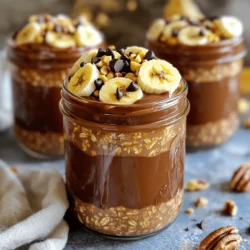 To make Chocolate Peanut Butter Overnight Oats, gather these key items: - 1 cup rolled oats - 2 tablespoons cocoa powder - 2 tablespoons peanut butter (smooth or crunchy) - 2 tablespoons maple syrup (or honey) - 1 1/2 cups almond milk (or any milk of choice) - 1/2 teaspoon vanilla extract - Pinch of salt These ingredients create a creamy, rich base. The rolled oats soak up the milk, making them soft and delightful. Cocoa powder adds a deep chocolate flavor. Peanut butter gives a nutty taste and adds protein. Sweeteners like maple syrup or honey balance the flavors. The vanilla extract adds warmth and depth. A pinch of salt enhances all the tastes. You can customize your overnight oats with these tasty toppings: - Sliced bananas - Chopped nuts - Mini chocolate chips - Shredded coconut Toppings can change each bite. Sliced bananas add a fresh sweetness. Chopped nuts offer crunch. Mini chocolate chips bring extra chocolate joy. Shredded coconut adds a fun texture. Feel free to mix and match! For the complete recipe, check out the [Full Recipe]. Enjoy crafting your perfect bowl of Chocolate Peanut Butter Overnight Oats! - In a medium bowl, combine 1 cup of rolled oats, 2 tablespoons of cocoa powder, and a pinch of salt. Mix well with a whisk. - In another bowl, mix 2 tablespoons of peanut butter, 2 tablespoons of maple syrup, 1 1/2 cups of almond milk, and 1/2 teaspoon of vanilla extract until smooth. - Pour the peanut butter mixture over the dry ingredients. Stir until everything is well combined. - Divide the mixture evenly into two jars or containers. - Seal the jars tightly and place them in the refrigerator. - When you’re ready to eat, stir the oats well. - If the oats are too thick, add a splash of milk. - Top with sliced bananas, chopped nuts, mini chocolate chips, or shredded coconut for extra flavor. This recipe is perfect for busy mornings. You can find the full recipe in the earlier section. You can easily adjust the sweetness of your oats. If you like it sweeter, add more maple syrup or honey. If you want less, simply use less sweetener. You can also use different nut butters. Almond butter or cashew butter can add a new twist. Each nut butter brings its own flavor. You can make multiple servings at once. This saves time on busy mornings. Just double or triple the recipe and store your jars. Keep them in the refrigerator. They can last for several days, ready to grab and go. Experiment with spices and extracts to boost flavor. A sprinkle of cinnamon or a drop of almond extract can surprise your taste buds. You might also add crunchy toppings right before eating. Try chopped nuts or mini chocolate chips. These add texture and make each bite fun. For the full recipe, check out the decadent Chocolate Peanut Butter Overnight Oats 🥜. {{image_2}} You can change the flavor of your overnight oats in fun ways. Here are two tasty ideas: - Mocha overnight oats: Add 1 tablespoon of instant coffee or espresso powder to the dry mix. This gives a rich coffee taste that pairs well with chocolate. - Banana chocolate oat variation: Mash one ripe banana and mix it in with the wet ingredients. This adds natural sweetness and creaminess. If you have dietary needs, you can still enjoy this recipe: - Vegan option tips: Use maple syrup instead of honey. Choose a plant-based milk like soy or oat milk. These swaps make the recipe vegan-friendly. - Gluten-free adjustments: Ensure your rolled oats are labeled gluten-free. This way, you can enjoy the dish without worry. You can adjust the recipe to fit various diets: - High-protein variations: Add 1 scoop of protein powder to the dry mix. This boosts the protein content and keeps you full longer. - Low-carb adaptations: Replace oats with chia seeds or flaxseeds. Use unsweetened almond milk and a low-carb sweetener to keep it low in carbs. These variations make your chocolate peanut butter overnight oats even more delightful! For the full recipe, check out the details above. Chocolate peanut butter overnight oats last about 3 to 5 days in the refrigerator. The oats soak up the liquid and flavors over time. Keep them in a sealed container to stay fresh. Always check for any off smells or changes in texture before eating. You can freeze these oats for longer storage. Divide the mixture into freezer-safe containers. Make sure to leave some space in each container for expansion. When you want to eat them, thaw them in the fridge overnight. You can also warm them in the microwave, adding a splash of milk if needed. I recommend using mason jars or airtight containers. Mason jars are great for portion control and easy transport. They also keep the oats fresh. Choose containers that seal tightly to prevent leaks and keep your oats delicious. Chocolate peanut butter overnight oats are a tasty, no-cook breakfast. You mix rolled oats with cocoa powder and peanut butter. Add milk, sweetener, and a pinch of salt. Let it sit overnight in the fridge. By morning, the oats soak up the flavors and become creamy. This dish is rich in fiber and protein, making it a healthy choice. Yes, you can easily make overnight oats vegan. Just use plant-based milk, like almond or oat milk. Instead of honey, use maple syrup or agave nectar. You can also choose a vegan peanut butter. This way, you still enjoy the same great taste without animal products. Overnight oats need a minimum of 4 hours to soak. However, I recommend letting them soak overnight for the best texture. This allows the oats to absorb all the liquid and flavors fully. The longer they soak, the creamier they become. Yes, you can heat chocolate peanut butter overnight oats. Just transfer the oats to a microwave-safe bowl. Heat in short bursts, stirring in between, until warm. If they appear too thick, add a splash of milk for a smoother consistency. Enjoy them warm for a cozy breakfast option. In this blog post, we explored how to make chocolate peanut butter overnight oats. We covered the essential ingredients and how to prepare them step-by-step. I shared tips on customization and storing options. You can also discover delicious variations to suit your tastes and dietary needs. Overnight oats are a healthy and easy meal. They save time and are full of flavor. I encourage you to try different toppings or flavors. Enjoy your tasty oats and make them your own!