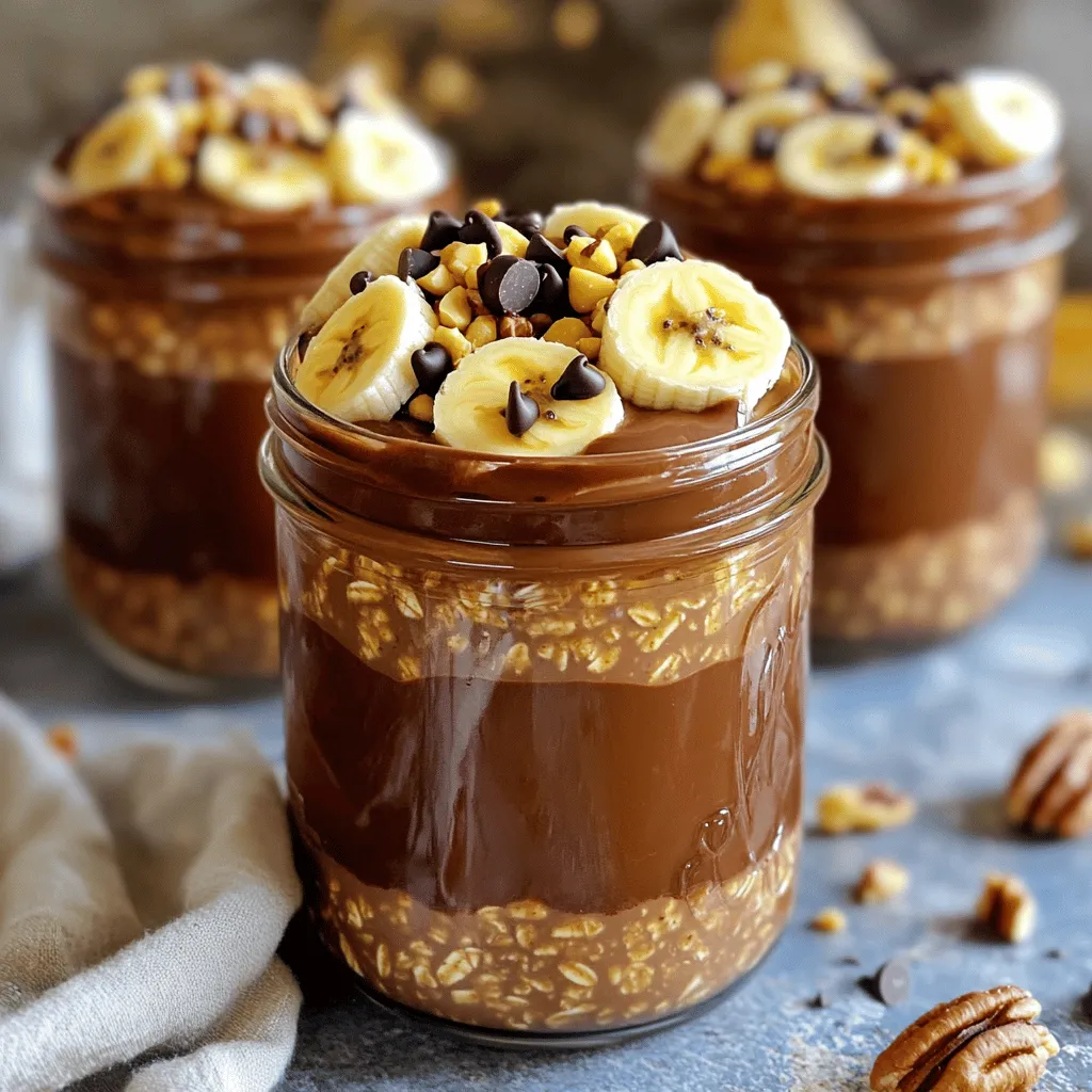 To make Chocolate Peanut Butter Overnight Oats, gather these key items: - 1 cup rolled oats - 2 tablespoons cocoa powder - 2 tablespoons peanut butter (smooth or crunchy) - 2 tablespoons maple syrup (or honey) - 1 1/2 cups almond milk (or any milk of choice) - 1/2 teaspoon vanilla extract - Pinch of salt These ingredients create a creamy, rich base. The rolled oats soak up the milk, making them soft and delightful. Cocoa powder adds a deep chocolate flavor. Peanut butter gives a nutty taste and adds protein. Sweeteners like maple syrup or honey balance the flavors. The vanilla extract adds warmth and depth. A pinch of salt enhances all the tastes. You can customize your overnight oats with these tasty toppings: - Sliced bananas - Chopped nuts - Mini chocolate chips - Shredded coconut Toppings can change each bite. Sliced bananas add a fresh sweetness. Chopped nuts offer crunch. Mini chocolate chips bring extra chocolate joy. Shredded coconut adds a fun texture. Feel free to mix and match! For the complete recipe, check out the [Full Recipe]. Enjoy crafting your perfect bowl of Chocolate Peanut Butter Overnight Oats! - In a medium bowl, combine 1 cup of rolled oats, 2 tablespoons of cocoa powder, and a pinch of salt. Mix well with a whisk. - In another bowl, mix 2 tablespoons of peanut butter, 2 tablespoons of maple syrup, 1 1/2 cups of almond milk, and 1/2 teaspoon of vanilla extract until smooth. - Pour the peanut butter mixture over the dry ingredients. Stir until everything is well combined. - Divide the mixture evenly into two jars or containers. - Seal the jars tightly and place them in the refrigerator. - When you’re ready to eat, stir the oats well. - If the oats are too thick, add a splash of milk. - Top with sliced bananas, chopped nuts, mini chocolate chips, or shredded coconut for extra flavor. This recipe is perfect for busy mornings. You can find the full recipe in the earlier section. You can easily adjust the sweetness of your oats. If you like it sweeter, add more maple syrup or honey. If you want less, simply use less sweetener. You can also use different nut butters. Almond butter or cashew butter can add a new twist. Each nut butter brings its own flavor. You can make multiple servings at once. This saves time on busy mornings. Just double or triple the recipe and store your jars. Keep them in the refrigerator. They can last for several days, ready to grab and go. Experiment with spices and extracts to boost flavor. A sprinkle of cinnamon or a drop of almond extract can surprise your taste buds. You might also add crunchy toppings right before eating. Try chopped nuts or mini chocolate chips. These add texture and make each bite fun. For the full recipe, check out the decadent Chocolate Peanut Butter Overnight Oats 🥜. {{image_2}} You can change the flavor of your overnight oats in fun ways. Here are two tasty ideas: - Mocha overnight oats: Add 1 tablespoon of instant coffee or espresso powder to the dry mix. This gives a rich coffee taste that pairs well with chocolate. - Banana chocolate oat variation: Mash one ripe banana and mix it in with the wet ingredients. This adds natural sweetness and creaminess. If you have dietary needs, you can still enjoy this recipe: - Vegan option tips: Use maple syrup instead of honey. Choose a plant-based milk like soy or oat milk. These swaps make the recipe vegan-friendly. - Gluten-free adjustments: Ensure your rolled oats are labeled gluten-free. This way, you can enjoy the dish without worry. You can adjust the recipe to fit various diets: - High-protein variations: Add 1 scoop of protein powder to the dry mix. This boosts the protein content and keeps you full longer. - Low-carb adaptations: Replace oats with chia seeds or flaxseeds. Use unsweetened almond milk and a low-carb sweetener to keep it low in carbs. These variations make your chocolate peanut butter overnight oats even more delightful! For the full recipe, check out the details above. Chocolate peanut butter overnight oats last about 3 to 5 days in the refrigerator. The oats soak up the liquid and flavors over time. Keep them in a sealed container to stay fresh. Always check for any off smells or changes in texture before eating. You can freeze these oats for longer storage. Divide the mixture into freezer-safe containers. Make sure to leave some space in each container for expansion. When you want to eat them, thaw them in the fridge overnight. You can also warm them in the microwave, adding a splash of milk if needed. I recommend using mason jars or airtight containers. Mason jars are great for portion control and easy transport. They also keep the oats fresh. Choose containers that seal tightly to prevent leaks and keep your oats delicious. Chocolate peanut butter overnight oats are a tasty, no-cook breakfast. You mix rolled oats with cocoa powder and peanut butter. Add milk, sweetener, and a pinch of salt. Let it sit overnight in the fridge. By morning, the oats soak up the flavors and become creamy. This dish is rich in fiber and protein, making it a healthy choice. Yes, you can easily make overnight oats vegan. Just use plant-based milk, like almond or oat milk. Instead of honey, use maple syrup or agave nectar. You can also choose a vegan peanut butter. This way, you still enjoy the same great taste without animal products. Overnight oats need a minimum of 4 hours to soak. However, I recommend letting them soak overnight for the best texture. This allows the oats to absorb all the liquid and flavors fully. The longer they soak, the creamier they become. Yes, you can heat chocolate peanut butter overnight oats. Just transfer the oats to a microwave-safe bowl. Heat in short bursts, stirring in between, until warm. If they appear too thick, add a splash of milk for a smoother consistency. Enjoy them warm for a cozy breakfast option. In this blog post, we explored how to make chocolate peanut butter overnight oats. We covered the essential ingredients and how to prepare them step-by-step. I shared tips on customization and storing options. You can also discover delicious variations to suit your tastes and dietary needs. Overnight oats are a healthy and easy meal. They save time and are full of flavor. I encourage you to try different toppings or flavors. Enjoy your tasty oats and make them your own!