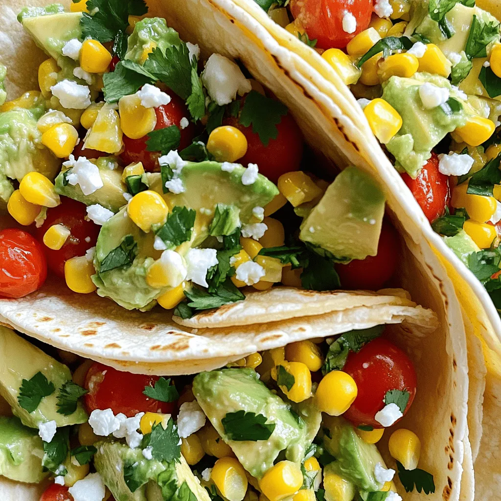To make these zesty avocado corn tacos, gather the following items: - 1 cup corn kernels (fresh or frozen) - 2 ripe avocados, diced - 1 cup cherry tomatoes, halved - 1/4 red onion, finely chopped - 1 jalapeño, seeded and minced - 1 lime, juiced - 1 tablespoon olive oil - 1 teaspoon ground cumin - Salt and pepper to taste - 8 small corn tortillas - Fresh cilantro, chopped (for garnish) - Feta cheese (optional, for topping) First, make sure your corn is ready. If using frozen corn, thaw it first. Next, dice the ripe avocados. Choose avocados that are soft but not mushy. Cut the cherry tomatoes in half and chop the red onion finely. For the jalapeño, remember to remove the seeds to control the heat. Mix the lime juice, olive oil, cumin, salt, and pepper in a small bowl. This dressing adds zing to our mixture. To elevate your tacos, consider these optional toppings: - Crumbled feta cheese adds a salty bite. - Extra cilantro provides a fresh touch. - A dollop of sour cream can add creaminess. - Sliced radishes give a nice crunch. Feel free to mix and match based on your taste. These details make a simple dish extraordinary. You can find the full recipe for these zesty avocado corn tacos in the previous section. Enjoy! First, gather all your ingredients. You need: - 1 cup corn kernels (fresh or frozen) - 2 ripe avocados, diced - 1 cup cherry tomatoes, halved - 1/4 red onion, finely chopped - 1 jalapeño, seeded and minced - 1 lime, juiced - 1 tablespoon olive oil - 1 teaspoon ground cumin - Salt and pepper to taste - 8 small corn tortillas - Fresh cilantro, chopped (for garnish) - Feta cheese (optional, for topping) Wash the corn, avocados, and tomatoes well. Chop the red onion and jalapeño. Make sure to remove seeds from the jalapeño for less heat. This mix will give your tacos a fresh taste. In a small bowl, combine the lime juice, olive oil, ground cumin, salt, and pepper. Whisk it all together until it's smooth. This dressing adds a zesty kick to your tacos. Pour the dressing over your chopped ingredients. Use a spoon to gently mix them. Be careful not to mash the avocados too much. Heat a skillet over medium heat. Warm the corn tortillas for about 30 seconds on each side. They should be warm and slightly crisp. Lay each tortilla flat. Spoon a generous amount of the avocado corn mixture into each one. Top with fresh cilantro. If you like, add some feta cheese for extra flavor. Serve your tacos right away to enjoy the fresh, zesty flavors. For the full recipe, check out the section above. To make your tacos pop with flavor, choose fresh ingredients. Fresh corn adds a sweet crunch. Ripe avocados bring creaminess. Use lime juice for a bright zing. Ground cumin adds warmth. You can adjust salt and pepper to your taste. Serve these tacos with a side of tortilla chips. A fresh salsa pairs well too. You can add a dollop of sour cream. For a spicy kick, offer hot sauce. Garnish with extra cilantro for color and taste. You can prep the filling in advance. Store it in the fridge for up to a day. Warm the tortillas just before serving. This way, you keep everything fresh. You can also make the dressing ahead of time. Just whisk it up and store it in a jar. For the full recipe, check out the complete instructions above. {{image_2}} You can make these tacos even more veggie-friendly by adding black beans or chickpeas. These options boost flavor and add protein. You can also use different veggies like bell peppers or zucchini for variety. They add crunch and color to your dish. If you want to add protein, try grilled chicken, shrimp, or tofu. Grilled chicken adds a savory note. Shrimp provides a nice seafood twist. Tofu offers a great plant-based choice. Just season them well before adding to your tacos. To change the flavor of your tacos, mix in fruits or spices. Pineapple or mango can add a sweet touch. Try adding chipotle for a smoky kick. You can also use different herbs like basil or mint for a fresh twist. Each change brings new life to this tasty dish. For a full recipe, check the detailed instructions above. To store your leftover tacos, place them in an airtight container. Keep the tacos separate from the filling. This helps maintain the tortillas' texture. Refrigerate the container for up to three days. When ready to eat, you can reheat the filling and assemble fresh tacos. You can freeze the avocado corn filling. Use a freezer-safe bag or container. Make sure to remove as much air as possible. The filling will stay good for up to one month. I recommend not freezing the tortillas. They can become soggy when thawed. To reheat the filling, use a skillet over medium heat. Stir frequently until warmed through. You can also use the microwave for quick heating. Heat in short bursts, checking often. Warm tortillas on a skillet for about 30 seconds on each side. This gives them a nice crisp. After reheating, assemble your tacos for a fresh meal again. Enjoy the bright flavors from your zesty avocado corn tacos. For the full recipe, take a look at the earlier section. To warm tortillas, use a skillet on medium heat. Place the tortilla in the skillet for about 30 seconds. Flip it and warm the other side for another 30 seconds. This makes them soft and easy to fold. You can also wrap them in a damp paper towel and microwave them for about 20 seconds. Yes, you can use canned corn. It saves time and still tastes great. Drain and rinse the corn before adding it to your taco mix. Canned corn is convenient and adds a nice sweetness. These tacos can last up to three days in the fridge. Keep the filling in a separate container from the tortillas. This keeps them fresh. When you are ready to eat, just reheat the filling and warm the tortillas. Yes, these tacos can be made gluten-free. Use corn tortillas, as they are naturally gluten-free. Check the labels to ensure they are certified gluten-free. This way, everyone can enjoy these tasty tacos. If you don't have feta cheese, try crumbled goat cheese or cotija cheese. Both options add a nice tangy flavor. You can also skip the cheese entirely for a dairy-free version. Enjoy the fresh taste of the other ingredients in your tacos. For the full recipe, visit the section above. This post covered everything you need for tasty tacos. We shared ingredients, preparation steps, and serving tips. You learned how to make a zesty dressing and assemble the tacos. We explored variations and storage methods to keep them fresh. Tacos are fun and easy to make. With practice, you’ll create your perfect dish every time. Enjoy your taco-making journey and make it your own!