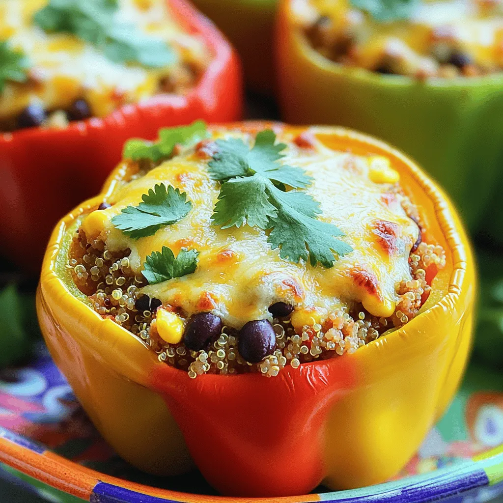 - 4 large bell peppers (any color) - 1 lb ground turkey or chicken - 1 cup cooked quinoa (or rice) - 1 can (15 oz) black beans, drained and rinsed - 1 cup corn kernels (fresh or frozen) - 1 can (15 oz) diced tomatoes, drained - 1 teaspoon cumin - 1 teaspoon chili powder - 1 teaspoon garlic powder - Salt and pepper to taste - 1 cup shredded cheese (cheddar or Mexican blend) - Fresh cilantro for garnish When I make classic stuffed peppers, I focus on the balance of flavors. The bell peppers provide a sweet crunch. Ground turkey or chicken adds protein. For a hearty texture, I choose quinoa or rice. Each ingredient plays a role in creating a satisfying dish. I often include black beans for extra fiber and protein. Corn kernels add a sweet burst. Diced tomatoes offer moisture and acidity. This mix creates a colorful and tasty filling. The seasonings are key. Cumin gives a warm, earthy taste, while chili powder adds heat. Garlic powder enhances all the flavors. I always taste for salt and pepper to get it just right. Finally, I top the peppers with shredded cheese. It melts beautifully and adds richness. A sprinkle of fresh cilantro brightens the dish and brings it all together. For those ready to dive into this recipe, you can find the Full Recipe online for detailed steps. 1. Preheat your oven to 375°F (190°C). This heat will help cook the peppers well. 2. Take four large bell peppers and cut off their tops. Remove the seeds and membranes. Lightly sprinkle salt inside each one. This step adds flavor and helps the peppers cook better. 3. In a large skillet, cook 1 pound of ground turkey or chicken over medium heat. Stir until it is browned and cooked through. Drain any extra fat to keep the filling light. 1. In the same skillet, add 1 cup of cooked quinoa or rice. Mix in 1 can of drained black beans, 1 cup of corn, and 1 can of drained diced tomatoes. 2. Season the mixture with 1 teaspoon each of cumin, chili powder, and garlic powder. Add salt and pepper to taste. 3. Stir everything until it heats through. This mix is your tasty filling! 4. Remove the skillet from heat. Stir in half of the 1 cup of shredded cheese. Save the rest for later. 1. Stuff each bell pepper with the filling. Pack it in tightly to fill them completely. 2. Place the stuffed peppers upright in a baking dish. Cover the dish with aluminum foil. This helps the peppers cook and soften. 3. Bake for 25 minutes. This time will make the peppers tender. 4. After 25 minutes, remove the foil. Sprinkle the remaining cheese on top of the stuffed peppers. Bake for another 10 minutes until the cheese is bubbly and slightly golden. 5. Once done, take them out and let them sit for a few minutes. Garnish with fresh cilantro before serving. For the full recipe, check out Classic Stuffed Peppers. To make stuffed peppers great, you need even cooking. Set your oven to 375°F. This helps the peppers cook through without burning. Keep an eye on them while they bake. You want them tender but not mushy. Next, balance your spices. Use cumin and chili powder to add warmth. These spices give depth to the dish. Don’t forget salt and pepper to taste. Adjust these based on your preference. Serve your stuffed peppers with a fresh salad or rice. A side of guacamole can add creaminess. For a fun twist, offer tortilla chips for crunch. Presentation matters, too. Use a colorful plate to show off the peppers. Sprinkle chopped cilantro on top. Add lime wedges for a zesty finish. This makes the dish pop visually. Fresh herbs can take your dish up a notch. Try adding chopped cilantro or parsley for brightness. You can also mix in fresh jalapeños for extra heat. If you want to switch things up, consider your meat or beans. Swap ground turkey for beef or use lentils for a veggie option. Black beans can be replaced with pinto or kidney beans. Each choice can change the flavor and texture. For more tips and a full recipe, check out Classic Stuffed Peppers. {{image_2}} You can make stuffed peppers without meat. Use meat alternatives like lentils or tofu. They add protein and flavor. You can also add more vegetables to the mix. Think about zucchini, mushrooms, or spinach. These veggies make the filling colorful and healthy. Give your stuffed peppers a flavor boost. Use Southwest-inspired flavors by adding salsa. The salsa adds a nice kick. For a Mediterranean twist, sprinkle in some feta and olives. These ingredients bring a unique taste that pairs well with the peppers. Don’t be afraid to experiment with grains. Try farro or couscous instead of rice. These grains add new textures. You can also swap out cheeses for topping. Use mozzarella or goat cheese for something different. Each option changes the dish in a tasty way. For full details on making these delicious variations, check the Full Recipe. To keep your stuffed peppers fresh, place them in an airtight container. Store them in the fridge for up to three days. If you need longer storage, freezing is a great option. Wrap each pepper in plastic wrap and then in aluminum foil. This method helps prevent freezer burn and keeps the flavors intact. When reheating, use the oven for the best texture. Preheat it to 350°F (175°C). Place the peppers in a baking dish and cover them with foil. Heat for about 20 minutes. This keeps the peppers soft and warm. You can also use a microwave. Just heat for 2-3 minutes on medium power. But, this may make the peppers a bit soggy. Making stuffed peppers ahead of time is easy. You can prepare the filling and stuff the peppers a day before. Store them in the fridge until you're ready to bake. For optimal taste, bake them within 24 hours. If you bake them and have leftovers, they stay tasty for a few days in the fridge. Enjoy your meal prep with these classic stuffed peppers! You can find the full recipe in the earlier section. Cooking stuffed peppers takes about 55 minutes. You spend 20 minutes prepping and 35 minutes baking. The baking time ensures the peppers become tender and the filling heats well. This time is perfect for a cozy dinner at home. Yes, you can use different types of peppers. Bell peppers are the most common choice. However, you can try poblano, Anaheim, or even sweet mini peppers. Each type brings its own unique flavor. Just remember to adjust the cooking time if the peppers are smaller or larger. You can substitute ground turkey or chicken with several options. Ground beef, pork, or lamb work well. If you want a meat-free option, consider using lentils, mushrooms, or a meat substitute like tofu. Each choice adds its own taste and texture to the dish. Yes, stuffed peppers can be made ahead of time. You can prepare them a day in advance and store them in the fridge. Just cover the dish tightly. When ready to bake, you may need to add a few extra minutes to the cooking time. This makes meal prep easy and stress-free. For the full recipe, check out Classic Stuffed Peppers. This blog post explored how to create tasty stuffed peppers. We covered the main and additional ingredients, seasonings, and direct cooking steps. Tips helped perfect your dish and gave you serving ideas. Variations, like vegetarian options, let you get creative. Storage info and reheating tips ensure your leftovers don't go to waste. In closing, stuffed peppers are fun to make and customize. Enjoy experimenting with flavors to find your favorite version. Happy cooking!