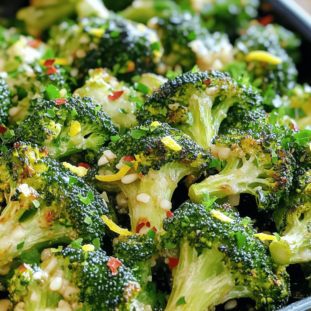 - 1 large head of broccoli, cut into florets - 4 cloves garlic, minced - 3 tablespoons olive oil - Zest and juice of 1 lemon - 1 teaspoon red pepper flakes (optional) - Salt and black pepper to taste - 2 tablespoons grated Parmesan cheese (optional for a cheesy finish) - Fresh parsley, chopped for garnish What if you don’t have broccoli? You can use green beans, cauliflower, or Brussels sprouts instead. These veggies roast well and take on great flavors. What about the oil? Olive oil is best for roasting, but you can use avocado oil or even melted coconut oil. Each oil brings a unique taste. If you want a cheesy touch, but don’t have Parmesan, use nutritional yeast for a vegan option. You can also try pecorino or feta cheese for a different flavor. For the full recipe, check out the Zesty Lemon Garlic Roasted Broccoli 🧄 section. 1. Preheating the oven: Start by preheating your oven to 425°F (220°C). This high heat helps the broccoli become crispy and tender. 2. Preparing the broccoli and garlic mixture: While the oven warms up, cut a large head of broccoli into florets. In a big bowl, mix these florets with four minced garlic cloves. Pour in three tablespoons of olive oil, then add the zest and juice of one lemon. If you enjoy a little heat, sprinkle in one teaspoon of red pepper flakes. Finally, season with salt and black pepper to taste. Toss everything well, making sure each floret gets coated. 3. Roasting the broccoli: time and temperature: Spread the broccoli mixture on a baking sheet in a single layer. Roast in the preheated oven for 20 to 25 minutes. The broccoli should be tender and slightly crispy on the edges. 4. Adding cheese during roasting: If you want a cheesy finish, sprinkle two tablespoons of grated Parmesan cheese over the broccoli in the last five minutes of roasting. This adds a delightful flavor boost. 5. Best pairings for lemon garlic roasted broccoli: This dish pairs well with grilled chicken, fish, or a hearty grain like quinoa. It adds a fresh touch to any meal. 6. Presentation tips: When serving, transfer the broccoli to a nice dish. Garnish with fresh parsley for a pop of color. This makes your meal look as good as it tastes. For more details, check out the full recipe! To make your broccoli perfect, keep a few things in mind. First, avoid soggy broccoli. To do this, dry the florets well after washing. Moisture can make the broccoli steam instead of roast. Second, ensure even roasting. Spread the broccoli in a single layer on the baking sheet. If the pieces are too close, they will not cook evenly. To enhance the flavor, think about adding spices or herbs. You can use paprika, thyme, or even cumin. Each spice brings a new taste. Also, try experimenting with different citrus fruits. Lime or orange juice can add a fresh twist to the dish. Having the right tools makes cooking easier. You need a sharp knife to cut the broccoli. A mixing bowl helps combine your ingredients well. For roasting, a sturdy baking sheet is essential. I recommend using a rimmed baking sheet. It keeps the juices from spilling. Make sure to line it with parchment paper for easy cleanup. {{image_2}} You can switch up the taste of lemon garlic roasted broccoli with different flavors. Try an Asian-inspired version. Add soy sauce and sesame oil for a unique twist. Toss in some sesame seeds for crunch. This gives your broccoli a rich umami flavor. For a Mediterranean flair, mix in sun-dried tomatoes and olives. The salty olives and sweet tomatoes pair well with the lemon and garlic. You can also sprinkle some feta cheese on top for a creamy finish. These variations bring new life to a classic dish. You don't have to stick with traditional roasting. An air fryer works great for quick cooking. It gives you crispy broccoli in less time. Set the air fryer to 400°F and cook for about 12 minutes. Shake the basket halfway through for even cooking. Grilling is another fun option. It adds a smoky flavor to the broccoli. Just toss the florets on the grill after marinating them. You can also blanch the broccoli before roasting. This makes it more tender and helps it keep its bright color. Simply boil the florets for 2-3 minutes, then shock them in ice water. After that, roast them as usual. If you want a vegan dish, skip the Parmesan cheese. You can replace it with nutritional yeast for a cheesy flavor without dairy. This keeps your dish plant-based and full of nutrients. For those on a low-carb or keto diet, this dish fits right in. Broccoli is low in carbs and high in fiber. You can leave out any high-carb ingredients like cheese. Just focus on the lemon and garlic for a bright, fresh taste. These simple changes make the dish accessible for everyone. For the full recipe, check out the link above. To store your leftover lemon garlic roasted broccoli, let it cool first. Place it in an airtight container. This helps keep the flavors locked in. It will last in the fridge for about 3 to 5 days. Make sure to check for any signs of spoilage before eating. You can freeze lemon garlic roasted broccoli for later use. First, let it cool completely. Then, pack it in a freezer-safe bag or container. Remove as much air as possible to avoid freezer burn. It can stay good in the freezer for up to 3 months. To use it, thaw the broccoli overnight in the fridge. Reheat it in a pan or microwave until warm. Leftover ingredients can shine in new recipes. Use any extra broccoli in a stir-fry or soup. You can also toss leftover garlic into pasta for extra flavor. If you have lemon juice left, add it to salad dressings or marinades. This way, nothing goes to waste, and you create tasty meals! Roast the broccoli for 20 to 25 minutes. You want it tender and slightly crisp. For softer broccoli, aim for 25 minutes. If you like a bit more crunch, check it at 20 minutes. Keep an eye on it to avoid burning. Yes, you can use frozen broccoli. However, fresh broccoli gives better texture and taste. Frozen broccoli often has more moisture, which can make it soggy. If using frozen, thaw and pat it dry before roasting. Adjust the cooking time to 25 to 30 minutes for frozen broccoli. This dish pairs well with grilled chicken or fish. It also complements pasta dishes nicely. For a vegetarian meal, serve it with quinoa or brown rice. You can mix it into meal prep bowls with other veggies. The mix makes a colorful, healthy lunch or dinner option. Yes, lemon garlic roasted broccoli is very healthy. Broccoli is rich in vitamins C and K. It also has fiber, which is great for digestion. Olive oil provides healthy fats. The lemon adds a burst of vitamin C. This dish is low in calories and high in nutrients, making it a smart choice for any meal. For the full recipe, check out the [Full Recipe]. This blog post showed you how to make lemon garlic roasted broccoli. You learned the key ingredients, easy steps, and helpful tips. We covered swaps for certain ingredients and creative variations. You discovered how to store leftovers and reheat them well. Now, you're ready to try this tasty dish. Trust me, it’s worth the effort. Enjoy experimenting with this simple, healthy recipe!