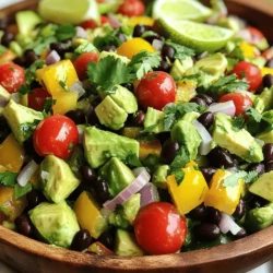 For this delicious avocado black bean salad, gather these fresh ingredients: - 2 ripe avocados, diced - 1 can (15 oz) black beans, rinsed and drained - 1 cup cherry tomatoes, halved - 1 small red onion, finely chopped - 1 yellow bell pepper, diced - 1 jalapeño, seeded and minced - 1/4 cup fresh cilantro, chopped These fresh ingredients give the salad a bright taste and a lovely texture. Each bite bursts with flavor. Next, we need some flavor enhancers to make the salad shine: - Juice of 2 limes - 2 tablespoons olive oil - 1 teaspoon cumin - Salt and pepper to taste The lime juice adds a zesty kick. Olive oil brings richness, while cumin adds a warm depth. Adjust salt and pepper to your liking. For some fun, consider these optional toppings: - Extra cilantro for garnish - Lime wedges for serving - Crumbled feta or cotija cheese These toppings can add a nice twist to your salad. They also make your dish look pretty and inviting. Try them out and see what you love most! You can find the full recipe for this avocado black bean salad to guide you through the steps. First, gather all your fresh ingredients. You need two ripe avocados, a can of black beans, cherry tomatoes, red onion, yellow bell pepper, jalapeño, and cilantro. Dice the avocados and chop the veggies. Rinse and drain the black beans. Halve the cherry tomatoes. Finely chop the red onion and yellow bell pepper. Seed and mince the jalapeño. Finally, chop the cilantro. In a large mixing bowl, add your prepared ingredients. Combine the diced avocados, black beans, halved cherry tomatoes, chopped red onion, diced yellow bell pepper, minced jalapeño, and chopped cilantro. In another bowl, whisk the lime juice, olive oil, cumin, salt, and pepper. Pour this dressing over your salad mixture. Gently toss everything together. Be careful not to mash the avocados. This helps keep the salad fresh. Taste the salad and adjust the seasoning if needed. Serve the salad in a big bowl or on individual plates. For a nice touch, garnish with extra cilantro. You can also add lime wedges on the side. This makes it look fresh and bright. Let the salad sit for about 10-15 minutes. This allows the flavors to mix well. For the full recipe, check the detailed instructions. Cutting avocados is easy once you know the method. First, place the avocado on a cutting board. Use a sharp knife to slice down the middle, going around the pit. Twist the two halves apart. Remove the pit carefully with a spoon. To dice, make cuts in the flesh while it's still in the skin. Then scoop out the cubes with a spoon. This keeps the avocado intact and makes it easy to add to your salad. The flavors in this salad can be adjusted to suit your taste. Start with the lime juice. If you like it tangy, add more lime. If you prefer a milder taste, use less. Salt and pepper are also key. Add a pinch, mix, and taste. You can always add more, but it’s hard to take it out. Fresh cilantro adds a lot of flavor, too. If you’re not a fan, you can skip it. You can make this salad ahead of time. Prepare all the ingredients but keep the dressing separate. Avocados brown quickly, so add them just before serving. Mix everything together about 15 minutes before you eat. This allows the flavors to blend. Store any leftovers in an airtight container in the fridge. Enjoy your meal with fresh taste for a day or two. For the complete experience, check out the full recipe. {{image_2}} You can make this salad more filling by adding proteins. Black beans are great, but try adding grilled chicken or shrimp for a heartier dish. You could also use canned tuna for a quick protein boost. Each option pairs well with the fresh flavors of the salad and adds a nice texture. If you like heat, consider different spicy peppers. Instead of jalapeños, try serrano or habanero peppers. For a milder spice, use diced poblano peppers. You can also add a dash of hot sauce for an extra kick. This will give your salad a fun twist and keep it exciting. Seasonal ingredients can change your salad's taste. In summer, add sweet corn or zucchini for a fresh crunch. In fall, try diced apples or pears for a sweet flavor. In winter, add roasted butternut squash for warmth and depth. These swaps keep your salad vibrant and interesting all year long. For the complete recipe, check out the Full Recipe. Store your Avocado Black Bean Salad in an airtight container. This keeps it fresh. If you have leftovers, eat them within two days. If the salad sits too long, the avocados may turn brown. To avoid this, try not to mix in the dressing until you are ready to eat. To keep your avocados fresh, store them whole at room temperature. Once cut, cover them with lime juice. This helps slow browning. You can also wrap them tightly in plastic wrap. If you have leftover salad, use it quickly to enjoy the best flavor and texture. This salad is best served cold or at room temperature. Do not heat it up. If you want to enjoy warm black beans, heat them separately. Then, mix them into the salad just before eating. This keeps the avocados fresh and tasty. For the full recipe, check out the details above. Yes, this recipe is gluten-free. All the ingredients, like avocados, black beans, and veggies, contain no gluten. You can enjoy this salad without worry. Absolutely! This salad is vegan by nature. It uses fresh veggies and beans, so it's perfect for a plant-based diet. No animal products are needed. The salad lasts about 2-3 days in the fridge. To keep it fresh, store it in an airtight container. The avocados might brown, but the taste will still be great. You can add more lime juice to help slow browning. For the full recipe, check the section above. In this post, we explored fresh ingredients, flavor boosters, and tasty toppings. I shared easy steps to prepare and serve your dish, along with handy tips for cutting avocados and adjusting flavors. Variations let you add proteins or spice things up with seasonal swaps. Remember, proper storage keeps your salad fresh longer. With these tips, you can create a fun and delicious salad perfect for any meal. Enjoy experimenting with flavors and sharing your tasty results!