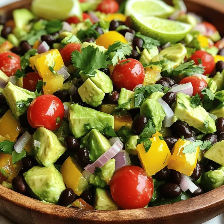 For this delicious avocado black bean salad, gather these fresh ingredients: - 2 ripe avocados, diced - 1 can (15 oz) black beans, rinsed and drained - 1 cup cherry tomatoes, halved - 1 small red onion, finely chopped - 1 yellow bell pepper, diced - 1 jalapeño, seeded and minced - 1/4 cup fresh cilantro, chopped These fresh ingredients give the salad a bright taste and a lovely texture. Each bite bursts with flavor. Next, we need some flavor enhancers to make the salad shine: - Juice of 2 limes - 2 tablespoons olive oil - 1 teaspoon cumin - Salt and pepper to taste The lime juice adds a zesty kick. Olive oil brings richness, while cumin adds a warm depth. Adjust salt and pepper to your liking. For some fun, consider these optional toppings: - Extra cilantro for garnish - Lime wedges for serving - Crumbled feta or cotija cheese These toppings can add a nice twist to your salad. They also make your dish look pretty and inviting. Try them out and see what you love most! You can find the full recipe for this avocado black bean salad to guide you through the steps. First, gather all your fresh ingredients. You need two ripe avocados, a can of black beans, cherry tomatoes, red onion, yellow bell pepper, jalapeño, and cilantro. Dice the avocados and chop the veggies. Rinse and drain the black beans. Halve the cherry tomatoes. Finely chop the red onion and yellow bell pepper. Seed and mince the jalapeño. Finally, chop the cilantro. In a large mixing bowl, add your prepared ingredients. Combine the diced avocados, black beans, halved cherry tomatoes, chopped red onion, diced yellow bell pepper, minced jalapeño, and chopped cilantro. In another bowl, whisk the lime juice, olive oil, cumin, salt, and pepper. Pour this dressing over your salad mixture. Gently toss everything together. Be careful not to mash the avocados. This helps keep the salad fresh. Taste the salad and adjust the seasoning if needed. Serve the salad in a big bowl or on individual plates. For a nice touch, garnish with extra cilantro. You can also add lime wedges on the side. This makes it look fresh and bright. Let the salad sit for about 10-15 minutes. This allows the flavors to mix well. For the full recipe, check the detailed instructions. Cutting avocados is easy once you know the method. First, place the avocado on a cutting board. Use a sharp knife to slice down the middle, going around the pit. Twist the two halves apart. Remove the pit carefully with a spoon. To dice, make cuts in the flesh while it's still in the skin. Then scoop out the cubes with a spoon. This keeps the avocado intact and makes it easy to add to your salad. The flavors in this salad can be adjusted to suit your taste. Start with the lime juice. If you like it tangy, add more lime. If you prefer a milder taste, use less. Salt and pepper are also key. Add a pinch, mix, and taste. You can always add more, but it’s hard to take it out. Fresh cilantro adds a lot of flavor, too. If you’re not a fan, you can skip it. You can make this salad ahead of time. Prepare all the ingredients but keep the dressing separate. Avocados brown quickly, so add them just before serving. Mix everything together about 15 minutes before you eat. This allows the flavors to blend. Store any leftovers in an airtight container in the fridge. Enjoy your meal with fresh taste for a day or two. For the complete experience, check out the full recipe. {{image_2}} You can make this salad more filling by adding proteins. Black beans are great, but try adding grilled chicken or shrimp for a heartier dish. You could also use canned tuna for a quick protein boost. Each option pairs well with the fresh flavors of the salad and adds a nice texture. If you like heat, consider different spicy peppers. Instead of jalapeños, try serrano or habanero peppers. For a milder spice, use diced poblano peppers. You can also add a dash of hot sauce for an extra kick. This will give your salad a fun twist and keep it exciting. Seasonal ingredients can change your salad's taste. In summer, add sweet corn or zucchini for a fresh crunch. In fall, try diced apples or pears for a sweet flavor. In winter, add roasted butternut squash for warmth and depth. These swaps keep your salad vibrant and interesting all year long. For the complete recipe, check out the Full Recipe. Store your Avocado Black Bean Salad in an airtight container. This keeps it fresh. If you have leftovers, eat them within two days. If the salad sits too long, the avocados may turn brown. To avoid this, try not to mix in the dressing until you are ready to eat. To keep your avocados fresh, store them whole at room temperature. Once cut, cover them with lime juice. This helps slow browning. You can also wrap them tightly in plastic wrap. If you have leftover salad, use it quickly to enjoy the best flavor and texture. This salad is best served cold or at room temperature. Do not heat it up. If you want to enjoy warm black beans, heat them separately. Then, mix them into the salad just before eating. This keeps the avocados fresh and tasty. For the full recipe, check out the details above. Yes, this recipe is gluten-free. All the ingredients, like avocados, black beans, and veggies, contain no gluten. You can enjoy this salad without worry. Absolutely! This salad is vegan by nature. It uses fresh veggies and beans, so it's perfect for a plant-based diet. No animal products are needed. The salad lasts about 2-3 days in the fridge. To keep it fresh, store it in an airtight container. The avocados might brown, but the taste will still be great. You can add more lime juice to help slow browning. For the full recipe, check the section above. In this post, we explored fresh ingredients, flavor boosters, and tasty toppings. I shared easy steps to prepare and serve your dish, along with handy tips for cutting avocados and adjusting flavors. Variations let you add proteins or spice things up with seasonal swaps. Remember, proper storage keeps your salad fresh longer. With these tips, you can create a fun and delicious salad perfect for any meal. Enjoy experimenting with flavors and sharing your tasty results!