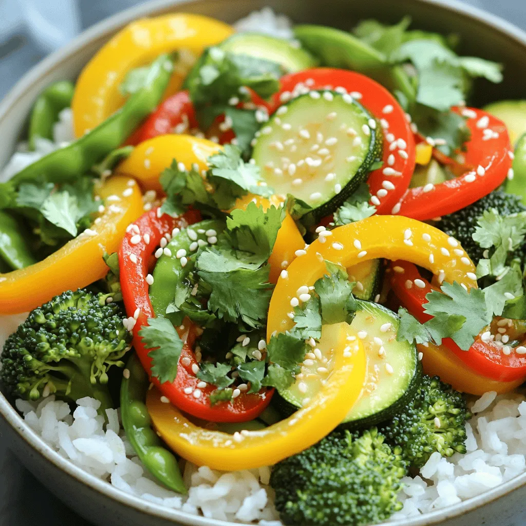 - 1 cup jasmine rice - 1 red bell pepper, sliced - 1 yellow bell pepper, sliced - 1 zucchini, sliced into half-moons - 1 cup broccoli florets - 1 cup sugar snap peas These fresh ingredients make your summer veggie stir-fry bright and colorful. I love using jasmine rice as the base. It adds a nice, fragrant touch. The red and yellow bell peppers add sweetness and crunch. Zucchini gives a lovely texture, while broccoli and sugar snap peas offer great flavor and a satisfying snap. - 2 tablespoons olive oil - 2 tablespoons soy sauce - 1 tablespoon sesame oil - 2 cloves garlic, minced - 1 tablespoon fresh ginger, grated - 1 tablespoon chili paste (optional, for heat) Pantry staples are key for a tasty stir-fry. Olive oil brings richness to the dish. Soy sauce adds umami, while sesame oil gives a nutty flavor. Garlic and ginger are my go-to aromatics. They enhance the taste and make the kitchen smell amazing. If you like heat, a bit of chili paste adds a nice kick. - Fresh cilantro - Sesame seeds Garnishes can elevate your dish. Fresh cilantro adds brightness and flavor, while sesame seeds provide a lovely crunch. They make your summer veggie stir-fry bowls look and taste great. For the full recipe, check out the detailed steps to create this delightful meal. To prepare jasmine rice, start by rinsing it under cold water. This step removes extra starch. Use a 1:1.5 ratio of rice to water. Bring the water to a boil, then add the rinsed rice. Cover it, lower the heat, and simmer for 15 minutes. Once done, fluff it gently with a fork and set it aside. This rice serves as a perfect base for your stir-fry bowl. Garlic and ginger are key for flavor. When you sauté them, they release a strong aroma. Heat olive oil in your skillet first. Add minced garlic and grated ginger. Cook them for about 30 seconds until they smell great. This step adds depth to your dish and wakes up the taste buds. For tender-crisp veggies, keep your heat high. Add sliced bell peppers, zucchini, broccoli, and sugar snap peas to the hot skillet. Stir-fry them for 5-7 minutes. It helps to keep the veggies bright and crunchy. Avoid overcooking, as you want a snap when you bite into them. Stir constantly to ensure even cooking and prevent burning. To mix in sauces, wait until the veggies are cooked. Add soy sauce, sesame oil, and chili paste if you like heat. Stir well to coat the veggies. Let them cook for 2-3 more minutes. This will ensure all the flavors blend nicely. It’s the final touch that brings your summer veggie stir-fry bowl to life. For the complete recipe, check out the Full Recipe link for detailed instructions. To get perfect stir-fried vegetables, you need high heat. Heat your skillet or wok before adding oil. Use enough oil, but not too much. This helps to coat the veggies without making them soggy. Stir-fry in batches if your pan is small. This keeps them from steaming. Always cut your veggies into similar sizes. This ensures even cooking. For a nice crunch, cook them until they are bright and tender, about 5-7 minutes. Feel free to swap out veggies based on your taste. Try carrots, snap peas, or bell peppers for a color boost. You can also add leafy greens like spinach or kale for extra nutrients. For protein, consider chicken, shrimp, or tofu. These can make your meal heartier. If you like heat, add more chili paste or fresh peppers. Each change can make the dish feel fresh and new. You can easily prepare this dish ahead of time. Cook the jasmine rice and store it in the fridge for up to 4 days. Chop your veggies and keep them in airtight containers. When you’re ready to eat, just stir-fry everything together. This quick method saves time on busy nights. You can even freeze the stir-fry if needed. Just make sure to thaw it before reheating. Enjoy fresh flavors with less effort! {{image_2}} You can add protein to your summer veggie stir-fry bowls for more flavor and nutrition. Popular choices include: - Chicken: Cut into bite-sized pieces and stir-fry until golden. - Tofu: Use firm tofu, cubed and sautéed until crispy. - Shrimp: Quick-cook shrimp until pink and tender. Each option brings a unique taste and texture. Chicken offers heartiness, while tofu is great for plant-based diets. Shrimp adds a delightful touch of sweetness. Seasonal vegetables make your stir-fry vibrant and fresh. Try these options: - Carrots: Julienne or slice thinly for sweet crunch. - Bell peppers: Use different colors for visual appeal. - Green beans: Add for a crisp bite. - Eggplant: Cube and sauté for a rich, savory flavor. Feel free to mix and match based on what you find at the market. The goal is to keep it colorful and packed with nutrients. To cater to dietary needs, you can easily modify this dish. For vegan options, substitute chicken or shrimp with tofu or tempeh. Ensure your soy sauce is gluten-free if needed. Use tamari as a great alternative. This way, everyone can enjoy a delicious bowl without worry. For the complete recipe, refer to the Full Recipe. To store your summer veggie stir-fry bowls, let them cool first. Use airtight containers to keep them fresh. Place a layer of parchment paper between the rice and veggies. This helps to keep the rice from getting soggy. Refrigerate for up to three days. Label the containers with the date. This way, you’ll know when to eat them. When you’re ready to eat, reheat carefully. Use the microwave or a skillet. If using a microwave, cover the bowl with a damp paper towel. This keeps moisture in and helps the food heat evenly. Heat in short bursts, stirring in between. If using a skillet, add a splash of water or oil. This helps maintain flavor and texture. Stir frequently to avoid sticking. Can you freeze summer veggie stir-fry bowls? Yes, you can! First, let the dish cool completely. Then, pack it into freezer-safe bags or containers. Remove as much air as possible to prevent freezer burn. These bowls can keep for up to three months. When you’re ready to enjoy, thaw in the fridge overnight. Reheat as mentioned above for the best results. To make your stir-fry less oily, try these tips: - Use a non-stick pan to reduce the need for oil. - Start with a small amount of oil and add more if needed. - Use broth or water to help cook the vegetables. - Try adding soy sauce early to boost flavor without extra oil. Reducing oil can keep your dish light and tasty. Cutting vegetables correctly helps them cook evenly. Here are some techniques: - Aim for bite-sized pieces for even cooking. - Cut harder veggies, like carrots, thinner than softer ones, like bell peppers. - Use a sharp knife for clean cuts and less bruising. - Cut all veggies in similar shapes for a nice look and even cooking. This method ensures your stir-fry has the perfect texture. Yes, you can use frozen vegetables, but there are pros and cons. Pros: - Frozen veggies are quick and easy. - They are often flash-frozen, which keeps nutrients. - They save time in prep and cooking. Cons: - They can release extra water, which may lead to sogginess. - Some textures may differ once cooked. Using frozen veggies can be a handy shortcut, but fresh ones often taste better. For the complete recipe with detailed instructions, check out the [Full Recipe]. This blog post covered how to make a delicious summer veggie stir-fry. We talked about fresh ingredients, pantry staples, and the right techniques to cook jasmine rice and vegetables. You learned tips for perfect texture and ways to customize your dish. Remember, you can add proteins or swap vegetables based on what you have. Storing leftovers properly also helps you enjoy this meal later. With these steps, you'll create great flavors every time. Enjoy cooking and experimenting with this fun recipe!