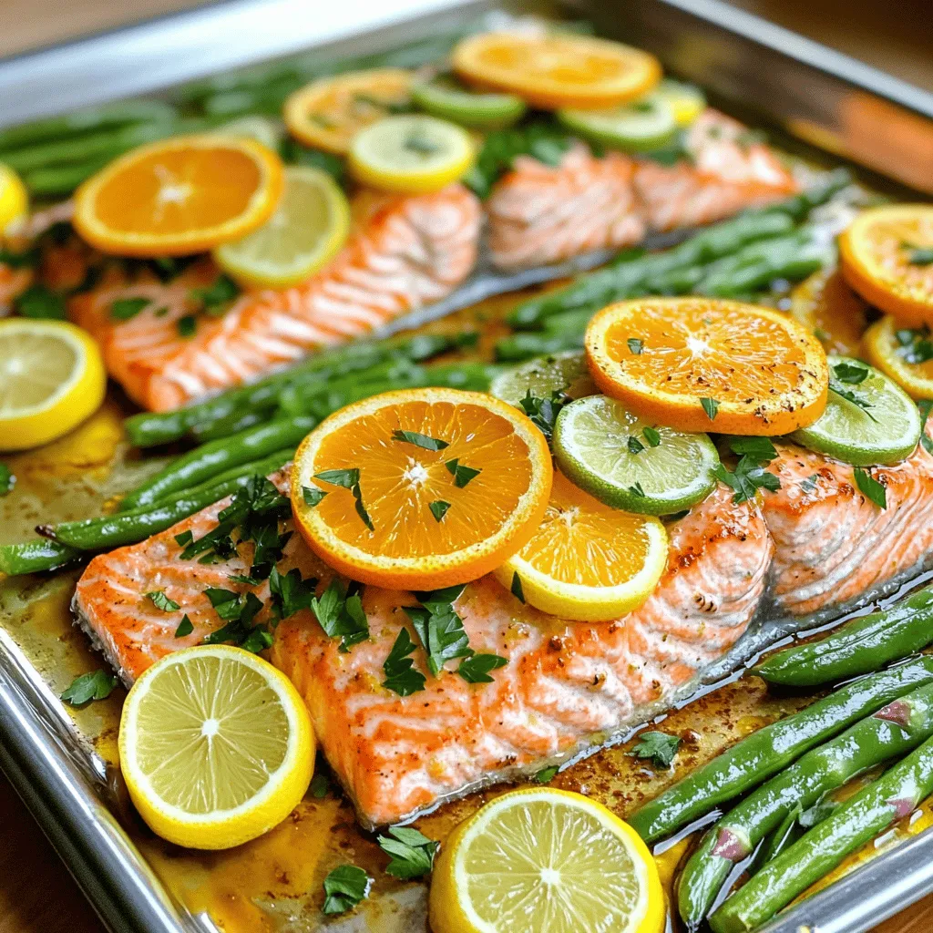 - 4 salmon fillets (6 ounces each) - 2 oranges, thinly sliced - 1 lemon, thinly sliced - 1 lime, thinly sliced Salmon is the star of this dish. It cooks quickly and packs a lot of flavor. Citrus fruits like oranges, lemons, and limes add freshness and brightness. Their juices and zest will bring out the best in the salmon. - 2 tablespoons olive oil - 3 cloves garlic, minced - 1 teaspoon smoked paprika - 1 teaspoon honey - Salt and pepper to taste Olive oil keeps the salmon moist and helps the spices stick. Garlic adds a savory kick. Smoked paprika gives a subtle warmth, while honey brings a touch of sweetness. Don’t forget salt and pepper; they balance all the flavors. - Asparagus or green beans for roasting - Fresh parsley, chopped, for garnish Adding asparagus or green beans gives you more color and nutrition. They roast nicely alongside the salmon. Fresh parsley is great for a pop of green and flavor. If you want a beautiful plate, sprinkle it on just before serving. For the full recipe, check out the details above! First, preheat your oven to 400°F (200°C). This step is crucial. A hot oven ensures even cooking. Next, line a large baking sheet with parchment paper. This makes clean-up easy and prevents sticking. Now, in a small bowl, whisk together the olive oil, minced garlic, smoked paprika, honey, salt, and pepper. This mixture adds flavor and keeps the salmon moist during cooking. Once your prep is done, place the salmon fillets on the prepared baking sheet. Make sure they have some space between them. This helps them cook evenly. Brush the olive oil mixture generously over the salmon. Next, arrange the thinly sliced orange, lemon, and lime on top of the salmon. You can also place some citrus slices around the fillets. If you want to add extra veggies, spread asparagus or green beans around the salmon. Drizzle these lightly with olive oil and season with salt and pepper. Now, it’s time to bake. Place the baking sheet in your preheated oven. Bake for 15-18 minutes. The salmon should cook through and flake easily with a fork. The vegetables should stay bright and tender. After baking, remove the sheet from the oven. Let the salmon rest for a few minutes. This step is important to keep the fish juicy. Finally, garnish your dish with freshly chopped parsley. Your sheet pan citrus salmon is now ready to serve! You can find the full recipe at the beginning of this article. Choosing the best salmon fillets When I pick salmon, I look for bright, shiny skin. The flesh should feel firm and spring back when pressed. Fresh salmon smells like the ocean, not fishy. I love using wild-caught salmon when I can. It often has a richer flavor and better texture. Ensuring even cooking To get the best results, let your salmon sit at room temperature for 15 minutes. This helps it cook evenly. Place the fillets on a lined baking sheet with space in between. Avoid crowding the pan, so each fillet gets enough heat. Marinating tips For a burst of flavor, marinate your salmon before cooking. Use a mix of olive oil, garlic, smoked paprika, honey, salt, and pepper. I like to let it sit for at least 30 minutes. If you are short on time, even 10 minutes helps. Suggestions for additional seasonings Feel free to get creative! Try adding dill or thyme for a fresh twist. A splash of soy sauce adds a savory touch. You can also mix in some crushed red pepper for heat. Serving suggestions Serve your salmon with the roasted citrus on top. This looks beautiful on a plate. I like to add asparagus or green beans for color and crunch. Garnishing ideas Finish with fresh parsley for a pop of green. You can also squeeze extra lemon juice over the top for brightness. This adds a nice shine and extra flavor. For a fancy touch, add edible flowers or microgreens. For the full recipe, check out the complete guide. Enjoy your cooking! {{image_2}} You can mix up the citrus in this recipe. Try using grapefruits for a tangy twist. Blood oranges also add a beautiful color and unique flavor. You can even combine different types of citrus for more depth. Don't forget to use citrus zest! It adds a bright kick to your dish. Zest from oranges and lemons works well. Just remember, a little zest goes a long way. Pair your salmon with fresh salads. A simple arugula salad with a light vinaigrette works well. You can also try a quinoa salad for a healthy grain option. Cooked farro or rice can add heartiness. These sides will balance out the bright flavors of the salmon. They also make your meal more filling and nutritious. You can cook this dish in different ways. Grilling gives the salmon a smoky taste. Just season it as you would for the oven and cook it on a grill. Pan-searing is another option. It gives a nice crust while keeping the inside tender. If you prefer slow cooking, that works too. Simply place the salmon in a slow cooker with the citrus. Cook on low for about three hours for a soft and juicy meal. For the full recipe, check out the Zesty Sheet Pan Citrus Salmon. To store cooked salmon, let it cool first. Place leftovers in an airtight container. It helps keep the fish fresh. You can keep it in the fridge for up to three days. If you want to store it longer, freezing is a good option. Use freezer-safe containers to prevent freezer burn. When it comes to reheating, the oven works best. Preheat your oven to 300°F (150°C). Place the salmon on a baking sheet. Cover it with foil to keep it moist. Heat for about 10-15 minutes until warm. You can also use a microwave, but be careful. Heat in short bursts to avoid drying it out. For freezing, wrap the salmon tightly in plastic wrap. Then, put it in a freezer bag. Remove as much air as possible. It can last up to three months in the freezer. When you are ready to eat, thaw it overnight in the fridge. This helps keep the texture nice. For the full recipe, check out the complete guide. You should cook sheet pan salmon for about 15 to 18 minutes. The oven temperature should be set to 400°F (200°C). Cooking time may change based on the thickness of the fillets. Always check for doneness by seeing if the fish flakes easily with a fork. Yes, you can use frozen salmon for this recipe. Just remember to thaw it first. You can do this overnight in the fridge or quickly in cold water. Once thawed, follow the recipe as usual. Great sides for citrus salmon include: - Roasted asparagus - Green beans - Quinoa - Rice - Mixed greens salad These sides add color and balance to your meal. To check if salmon is done, look for a few signs: - The fish should be opaque and flaky. - It should easily flake with a fork. - The internal temperature should reach 145°F (63°C). Using a food thermometer can help ensure perfect cooking. You can prep ingredients ahead of time. Slice the citrus fruits and marinate the salmon a few hours before cooking. However, it's best to cook the salmon fresh. It tastes best when served right after cooking. For a busy weeknight, this recipe is quick to prepare, so it’s worth it! You now know how to create a tasty citrus salmon dish. We covered the key ingredients like salmon, citrus fruits, and seasonings. I shared step-by-step instructions for preparation, cooking, and serving. Plus, I offered tips for enhancing flavor and perfecting the dish. You also learned about variations, storage, and answers to common questions. Try this recipe and enjoy fresh flavors, healthy meals, and culinary fun!