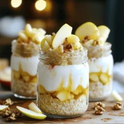 - 1 cup rolled oats - 1 cup unsweetened almond milk (or milk of choice) - 1 large apple, diced (preferably Granny Smith or Honeycrisp) - 1 tablespoon maple syrup (or honey) - 1/2 teaspoon ground cinnamon - 1/4 teaspoon nutmeg - 1 tablespoon chia seeds (optional for added texture) - 1/4 cup Greek yogurt (or dairy-free yogurt) - 1/4 cup walnuts or pecans, chopped (for crunch) - A pinch of salt To make Apple Pie Overnight Oats, gather these simple ingredients. You can use rolled oats as the base. They soak up the liquid well. Almond milk gives a nice creamy taste, but any milk works. For the apple, I prefer Granny Smith or Honeycrisp. They add a lovely tartness that balances the sweetness. Maple syrup or honey adds natural sweetness. Ground cinnamon and nutmeg bring warmth and spice, just like in a real apple pie. Chia seeds are optional but add a fun texture. Greek yogurt makes it creamy and adds protein. The chopped walnuts or pecans give a delightful crunch. Lastly, a pinch of salt brings out all the flavors. You can switch the nuts or seeds based on what you have. Try almonds, sunflower seeds, or pumpkin seeds. If you need a dairy-free option, any plant-based yogurt works great. Each serving has about 300 calories. The macros are roughly 10g protein, 10g fat, and 45g carbs. This meal is nutritious and keeps you full. It’s a great start to your day! For the full recipe, check out the instructions above. Enjoy making your Apple Pie Overnight Oats! - In a medium bowl, combine 1 cup of rolled oats, 1 cup of almond milk, and spices. - Add 1 tablespoon of maple syrup, 1/2 teaspoon of ground cinnamon, 1/4 teaspoon of nutmeg, and a pinch of salt. Stir until mixed well. - Fold in 1 large diced apple, making sure the pieces are spread evenly. - Layer the oat mixture with 1/4 cup of Greek yogurt in jars. This makes it creamy and tasty. - Top each jar with 1/4 cup of chopped walnuts or pecans for crunch. - Seal the jars and refrigerate overnight. This helps the oats soak up the milk. - In the morning, stir the oats. If they are too thick, add a splash of almond milk. - For toppings, sprinkle more cinnamon or add fresh fruit like berries. - Pair your oats with coffee or tea for a delicious breakfast. To get the best texture, soaking time is key. Let your oats sit for at least four hours or overnight. This allows them to absorb the liquid and soften. Mixing well is also important. Stir until everything combines. This ensures even flavor and texture throughout. To boost flavor, consider adding spices like ginger or allspice. They bring warmth and depth to your oats. You can also add a splash of vanilla extract for sweetness. Optional ingredients such as dried fruits or raisins enhance the taste and nutrition. Choosing jars over bowls makes your oats look great. Jars are fun and easy to transport. For garnishing, consider adding apple slices or a sprinkle of cinnamon. These simple touches make your dish look appealing and inviting. {{image_2}} You can change the taste of your overnight oats with fun flavors. Here are two ideas: - Pumpkin Spice Overnight Oats: Use pumpkin puree and add pumpkin spice. Mix in chopped nuts for crunch. - Chocolate Banana Oats: Add cocoa powder and sliced bananas. This gives a sweet, rich flavor. You can easily adapt these oats to fit your diet. Here are some ideas: - Vegan adaptations: Use almond milk and skip the Greek yogurt. Try coconut yogurt instead for creaminess. - Gluten-free options: Choose gluten-free oats. This way, everyone can enjoy them. Make your oats fresh and fun with seasonal fruits. Here are some ideas: - Using seasonal fruits: In summer, use ripe peaches or berries. In fall, add pears or figs for a twist. - Holiday-themed flavor enhancements: Add cranberries for winter holidays. You can also mix in spices like ginger or cloves for a festive touch. Feel free to explore these variations to keep your breakfast exciting. For the full recipe, check out the Apple Pie Overnight Oats section! Store your Apple Pie Overnight Oats in an airtight container. This keeps them fresh and tasty. Glass jars work well. They are easy to seal and see through. You can refrigerate them to last longer. These oats are best enjoyed cold, but they can also be frozen. Just remember to leave space in the container for expansion. Overnight oats last about 3 to 5 days in the fridge. If you see any mold or an off smell, it’s time to toss them. A change in color or texture is also a sign of spoilage. Always check before you eat. You can heat overnight oats if you prefer them warm. To do this, place your oats in a microwave-safe bowl. Heat them for about 30 seconds. Stir, then heat for another 30 seconds if needed. Adjust as necessary. Enjoy your warm Apple Pie Overnight Oats! For the full recipe, check out the full recipe section. To make Apple Pie Overnight Oats, you need simple ingredients: - 1 cup rolled oats - 1 cup unsweetened almond milk (or milk of choice) - 1 large apple, diced (preferably Granny Smith or Honeycrisp) - 1 tablespoon maple syrup (or honey) - 1/2 teaspoon ground cinnamon - 1/4 teaspoon nutmeg - 1 tablespoon chia seeds (optional for added texture) - 1/4 cup Greek yogurt (or dairy-free yogurt) - 1/4 cup walnuts or pecans, chopped (for crunch) - A pinch of salt First, mix oats, almond milk, chia seeds, maple syrup, cinnamon, nutmeg, and salt in a bowl. Stir well. Next, fold in the diced apple. Then, layer the oat mix with Greek yogurt in jars. Top each jar with nuts for crunch. Seal and chill overnight. In the morning, stir and enjoy! Yes, you can use steel-cut oats. However, they need more time to soften. Steel-cut oats take longer to soak and may need extra liquid. If you use them, let your oats sit longer or cook them briefly. Rolled oats are softer and blend better with yogurt. Absolutely! This recipe is great for meal prep. You can make several jars at once. Store them in the fridge for up to four days. Feel free to switch up the fruits or nuts. You can try different spices too. This keeps breakfast exciting and fresh! You can use water, but it will change the taste and texture. Milk adds creaminess and flavor. Water makes the oats bland and less rich. If you're in a pinch, use water, but consider adding a dash of vanilla or more spices to boost flavor. In this post, I shared a simple recipe for Apple Pie Overnight Oats. We discussed key ingredients and easy steps for making this nutritious breakfast. I also covered substitutions, nutritional info, and how to store and reheat your oats. Remember, you can tweak flavors and ingredients as you like. Enjoy your healthy start to the day!