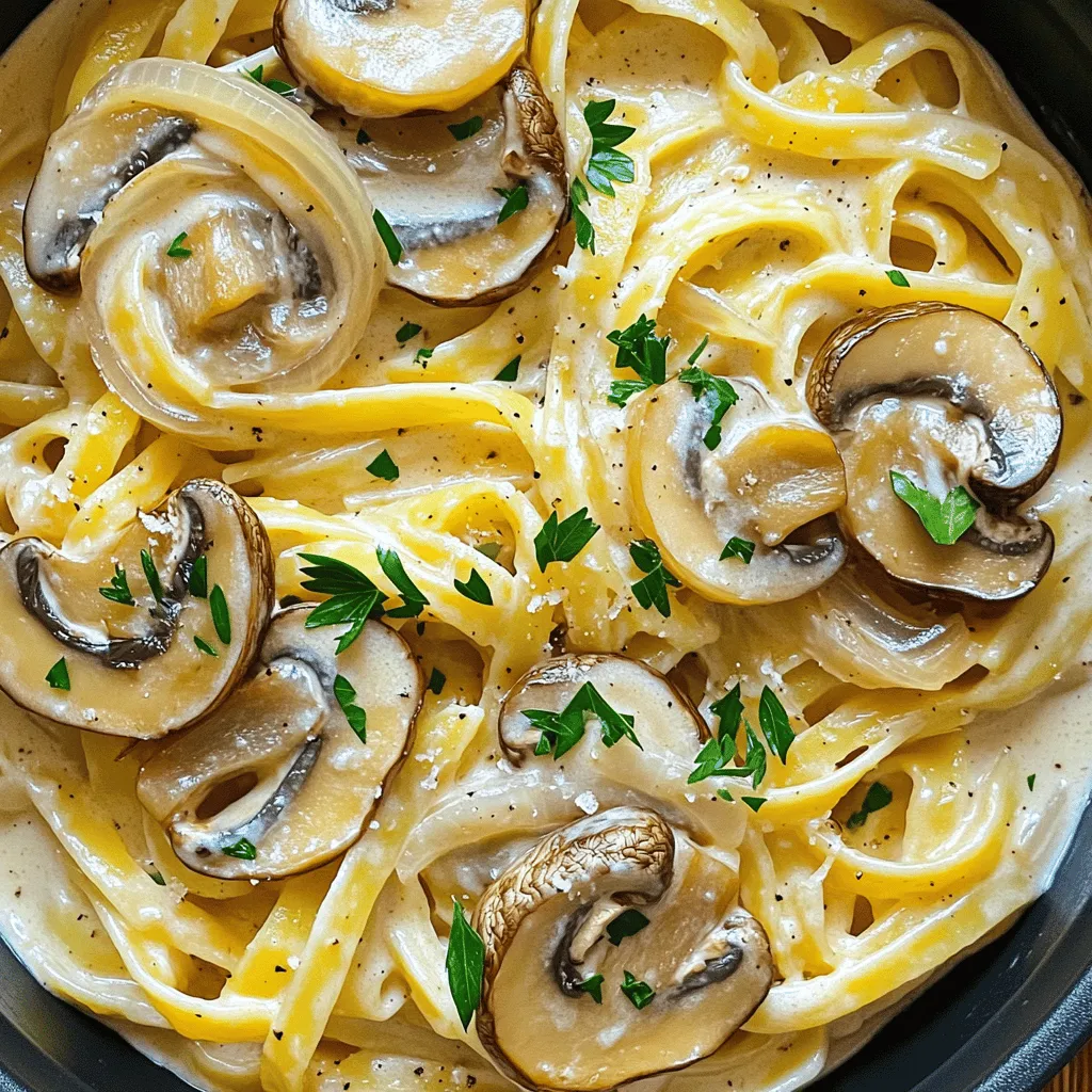To make this dish, you need a few key items. Here’s what you’ll need: - 12 oz fettuccine or your pasta of choice - 2 tablespoons olive oil - 1 medium onion, finely chopped - 3 cloves garlic, minced - 8 oz cremini mushrooms, sliced - 1 cup vegetable broth - 1 cup heavy cream - 1 teaspoon dried thyme - 1 teaspoon Italian seasoning - Salt and pepper to taste - 1 cup grated Parmesan cheese - Fresh parsley, chopped for garnish These ingredients create a rich, creamy base with a delightful mushroom flavor. You can add a twist to your pasta with some extra seasonings. Consider these options: - Red pepper flakes for heat - Fresh basil for a sweet touch - Lemon zest for brightness Garnishing with extra Parmesan or a drizzle of olive oil can elevate the dish. Don’t worry if you’re missing an item. Here are some easy swaps: - Any pasta type works well instead of fettuccine. - Use chicken broth if you want a different flavor. - Coconut milk can replace heavy cream for a dairy-free option. - Nutritional yeast can substitute for Parmesan cheese. These substitutions allow you to tailor the dish to your taste or dietary needs. For the full recipe, check out the details above. To make One Pot Creamy Mushroom Pasta, start by gathering your ingredients. You will need fettuccine, olive oil, onion, garlic, mushrooms, vegetable broth, heavy cream, thyme, Italian seasoning, salt, pepper, Parmesan cheese, and parsley. 1. In a large pot, heat 2 tablespoons of olive oil over medium heat. 2. Add 1 chopped onion and sauté for 3-4 minutes until it is soft and clear. 3. Next, stir in 3 minced garlic cloves and 8 ounces of sliced mushrooms. Cook these for 5-7 minutes until the mushrooms turn soft and brown. 4. Pour in 1 cup of vegetable broth and let it simmer. 5. Add 12 ounces of fettuccine to the pot. Make sure the pasta is fully covered by the broth. Cook it for about 10-12 minutes, stirring now and then. 6. Once the pasta is soft, lower the heat. Stir in 1 cup of heavy cream, 1 teaspoon of dried thyme, and 1 teaspoon of Italian seasoning. Season with salt and pepper. 7. Mix in 1 cup of grated Parmesan cheese. Stir until the sauce is creamy and covers the pasta well. 8. Let it cook on low heat for another 2-3 minutes to warm it through. 9. Serve hot, garnished with fresh chopped parsley on top. To get a rich and creamy sauce, use full-fat heavy cream. This adds depth and a smooth texture. Make sure to stir the cheese in slowly. This helps it melt evenly. If your sauce seems too thick, add a splash of broth or water. This will help loosen it up. To check if your pasta is done, taste a piece. It should be tender but still firm, known as "al dente." If it feels too hard, let it cook for a minute more. Keep stirring the pasta while it cooks. This prevents it from sticking together. Enjoy the creamy goodness! To take your sauce to the next level, use a mix of oils. Combine olive oil with a bit of butter. The butter adds a creamy taste. You can also add more cheese. Mix in extra Parmesan while cooking. This will deepen the flavor and make it super creamy. For this dish, I recommend a large pot or a deep skillet. A pot with a heavy base works best. It helps to cook evenly. A wooden spoon is great for stirring. You might want a measuring cup for broth and cream. Finally, have a grater on hand for the cheese. To save time, prep your ingredients first. Chop the onion and garlic, and slice the mushrooms. You can even measure out the broth and cream ahead of time. Cook the pasta in the same pot as the sauce. This cuts down on dishes. You can enjoy your meal faster! For the full recipe, check the earlier section. {{image_2}} You can make this dish heartier by adding protein. Chicken works well. Just sauté bite-sized pieces with the onions. Cook until they are safe to eat. For a plant-based option, add tofu. Use firm tofu and cube it. Sauté it until golden brown. Both choices add flavor and make the meal more filling. If you want a vegetarian version, simply skip the meat. Use extra mushrooms or add more cheese. For a vegan twist, swap heavy cream for coconut milk or cashew cream. Nutritional yeast can replace Parmesan for a cheesy taste. These changes keep the dish rich and creamy without animal products. Adding more veggies boosts nutrition and flavor. Try spinach, peas, or bell peppers. You can mix these in with the mushrooms. They will cook quickly and blend well. Broccoli or zucchini also works well. Just chop them small and add during the last few minutes of cooking. This way, they stay bright and fresh. To keep your One Pot Creamy Mushroom Pasta fresh, let it cool. Place the cooled pasta in an airtight container. Store it in the fridge. It will last for up to three days. Make sure to label the container with the date. This step helps you track freshness. When you are ready to enjoy your leftovers, use the stove for the best taste. Add a splash of water or broth to the pot. This keeps the pasta moist. Heat it over low to medium heat. Stir often until it warms up. You can also use a microwave. Just cover the dish and heat in short bursts. Stir between each burst to ensure even heating. If you want to freeze the pasta, do it right after cooking. Allow it to cool completely. Then, portion it into freezer-safe bags or containers. Remove as much air as you can before sealing. Label the bags with the date. It can stay in the freezer for up to two months. When you are ready to eat, thaw it overnight in the fridge. Reheat as described above. This way, you will still enjoy that creamy flavor. Yes, you can use many types of pasta! Fettuccine works great, but penne or rotini are also good choices. Just keep an eye on the cooking time. Each type has its own time to cook, so check the package instructions. Feel free to experiment with shapes and see what you like best. If you want a lighter option, use half-and-half or whole milk. For a dairy-free choice, coconut milk or cashew cream works well too. These will change the flavor slightly, but they still taste good. Just remember to adjust the seasonings to match the new cream. To make this One Pot Creamy Mushroom Pasta gluten-free, use gluten-free pasta. Many brands offer great options that cook well. Always check the package for cooking times. You can also make sure your broth is gluten-free, as some may contain gluten. Enjoy your creamy dish without worry! This article covered everything you need to make one pot creamy mushroom pasta. We explored the key ingredients, cooking steps, and tips for a rich sauce. You learned about variations to fit your tastes, plus smart storage ideas. Happy cooking! This dish is simple, tasty, and fun. You can enjoy it tonight or share it with friends. Remember, cooking is all about experimenting and enjoying the process! Try new things and make this dish your own.