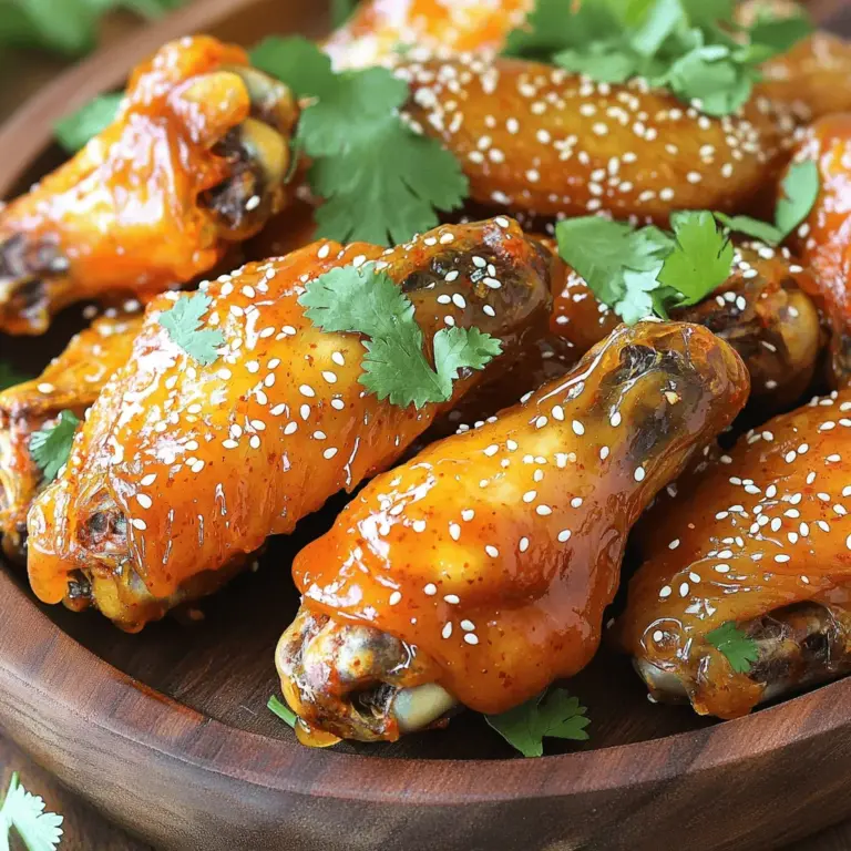 - 2 pounds chicken wings - 1/2 cup sweet chili sauce - 2 tablespoons soy sauce - 1 tablespoon honey - 1 tablespoon fresh lime juice - 1 teaspoon garlic powder - 1 teaspoon ginger powder - Salt and pepper to taste - 1 tablespoon sesame seeds (for garnish) - Fresh cilantro leaves (for garnish) - Lime wedges - Chopped green onions When picking chicken wings, you have choices. Fresh wings taste better than frozen. Fresh wings usually have better texture and flavor. If you can, go for organic options. Organic wings often come from healthier chickens. They may taste better and are better for you. For the best sweet chili chicken wings, use high-quality wings. They make a big difference in your dish. Always check the labels if you buy pre-packaged wings. Look for natural ingredients and no added hormones. You can find organic chicken wings at many grocery stores. Farmers' markets also sell fresh and local options. Choose what works best for your taste and values. For the full recipe, check the detailed instructions to make your wings shine! Start by thawing your chicken wings. If they are frozen, place them in the fridge overnight. This keeps them safe and helps them thaw evenly. If you need them fast, submerge them in cold water for about an hour. Once thawed, rinse the wings under cold water to remove any ice and debris. Pat them dry with paper towels. This step is key for crispy wings. If you skip drying, they may steam instead of bake. In a large bowl, mix the sweet chili sauce, soy sauce, honey, lime juice, garlic powder, ginger powder, salt, and pepper. Stir well until everything is combined. This gives your wings a sweet and tangy flavor. After mixing, add the chicken wings to the bowl. Toss them well to coat every wing in the sauce. Cover the bowl with plastic wrap and let it rest in the fridge for at least 30 minutes. For more flavor, marinate for up to 2 hours. Preheat your oven to 400°F (200°C). Line a baking sheet with aluminum foil for easier cleanup. When the oven is ready, arrange the marinated wings in a single layer on the sheet. This helps them cook evenly and get crispy. Bake for 30 to 35 minutes. Flip the wings halfway through to ensure they brown on both sides. In the last 5 minutes, brush the wings with any leftover marinade. This adds a nice glaze. When done, let them rest for a few minutes before serving. Enjoy the flavor! For the complete steps, check the Full Recipe. To get the best wings, you can try different cooking methods. An air-fryer gives you crispy wings with less oil. A grill adds a smoky flavor and char. Both methods can work well for sweet chili chicken wings. To check if your wings are done, use a meat thermometer. The internal temperature should reach 165°F (74°C). If you don't have a thermometer, look for golden brown skin. The juices should run clear when you cut into a wing. Want to spice things up? Add cayenne pepper or paprika to the marinade. These spices give your wings an extra kick. You can also try mixing in some sriracha for heat. Pair your wings with sauces and dips to boost flavor. A cool ranch dressing works great. You can also serve them with tangy blue cheese sauce. Both make tasty additions to your meal. When serving sweet chili chicken wings, think about sides. Crispy potato wedges or coleslaw make excellent companions. They balance the sweetness of the wings. For drinks, I suggest a cold beer or a refreshing lemonade. Both pair well with the spicy, sweet flavor. Enjoying your wings with the right drink makes the meal even better. For the complete cooking guide, check the Full Recipe. {{image_2}} You can change up the flavor of your sweet chili chicken wings easily. Try using spicy chili garlic sauce for a nice kick. This sauce adds heat and depth to the wings. If you want a sweeter taste, a teriyaki glaze is a great choice. It gives your wings a rich and sweet flavor that everyone will love. There are many ways to cook sweet chili chicken wings. Frying them makes for a crispy texture that many crave. Simply heat oil and fry the wings until golden brown. You can also use a slow cooker for a different method. This way, the wings become tender and soak up all the flavors from the sauce. If you need to avoid gluten, you can use gluten-free soy sauce. This keeps the flavor intact without the gluten. If you want a vegan option, try using tofu wings instead of chicken. Marinate the tofu just like the chicken for a tasty plant-based dish. These tweaks let you enjoy sweet chili chicken wings in many ways. To keep your sweet chili chicken wings fresh, follow these tips: - Refrigeration: Place leftover wings in an airtight container. They will stay fresh for up to four days in the fridge. - Freezing: For longer storage, freeze the wings in a freezer-safe bag. Remove as much air as possible. They can last up to three months in the freezer. When you're ready to enjoy your wings again, use these methods: - Oven: Preheat your oven to 375°F (190°C). Place wings on a baking sheet. Heat for about 10-15 minutes. This method helps keep the wings crispy. - Microwave: If you’re short on time, use the microwave. Place wings on a microwave-safe plate. Heat for about 1-2 minutes, but be aware that they may lose some crispiness. Knowing how long your wings last is key. - Fridge: Sweet chili chicken wings can stay fresh in the fridge for up to four days. - Signs of Spoilage: If you see any off-smells, changes in color, or odd textures, it's best to throw them away. Trust your senses! For the full recipe, check out the detailed instructions above. Yes, you can prepare sweet chili chicken wings ahead of time. This makes hosting easy and fun. To marinate, mix the sauce and spices, then add the wings. Cover and refrigerate them for at least 30 minutes. For the best taste, marinate them overnight. This lets the flavors soak in deeply. If you need a substitute for sweet chili sauce, you have options. You can mix equal parts of ketchup and sriracha for a quick fix. Another option is honey mixed with hot sauce. Both give a sweet and spicy kick. You can also try barbecue sauce for a different flavor. To make your chicken wings crispier, try these techniques. First, make sure the wings are dry before cooking. Pat them with paper towels. You can also toss them in a mix of baking powder and salt. Bake them on a wire rack for better air flow. This helps them cook evenly and get crispy all around. This guide helps you master sweet chili chicken wings. You learned about ingredients and how to prep them. We also explored baking tips and different flavor options. You can try variations or choose how to store leftovers. Now, go ahead and cook those wings! Enjoy your tasty creation. With these skills, you'll impress everyone at your next gathering. Trust me, they won't forget your delicious wings!
