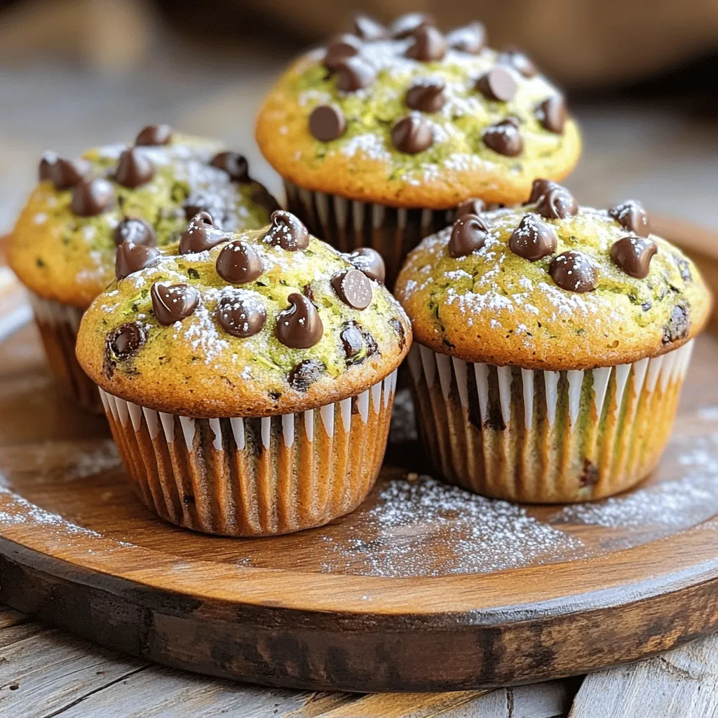To make these tasty muffins, gather the following: - 1 medium zucchini, grated (about 1 cup) - 1 cup all-purpose flour - 1/2 cup whole wheat flour - 1 teaspoon baking powder - 1/2 teaspoon baking soda - 1/2 teaspoon salt - 1/2 teaspoon ground cinnamon - 1/4 teaspoon nutmeg - 1/2 cup brown sugar, packed - 1/4 cup granulated sugar - 1/3 cup vegetable oil - 2 large eggs - 1 teaspoon vanilla extract - 1 cup semi-sweet chocolate chips These ingredients create a moist and sweet muffin with a chocolatey twist. The zucchini adds a nice texture and helps keep the muffins soft. If you need to swap some items, don’t worry! Here are some easy changes: - Instead of all-purpose flour, you can use whole wheat flour. - Coconut oil works well in place of vegetable oil. - You can use maple syrup instead of brown sugar. - For a dairy-free option, replace eggs with flax eggs. These swaps can help you customize the muffins to your needs while keeping them delicious. Want to make your muffins even yummier? Here are some fun ideas: - Add nuts like walnuts or pecans for crunch. - Mix in dried fruit such as raisins or cranberries for sweetness. - Try adding a sprinkle of shredded coconut for extra flavor. - Swap in peanut butter chips for a nutty twist. Feel free to experiment with these add-ins to create your perfect chocolate chip zucchini muffins. Check out the Full Recipe for all the steps! Start by grating one medium zucchini. You need about one cup of it. Set it aside. Next, preheat your oven to 350°F (175°C). Line a muffin tin with paper liners or grease it with cooking spray. In a large bowl, mix the grated zucchini, brown sugar, granulated sugar, vegetable oil, eggs, and vanilla extract. Stir until everything is well combined. In another bowl, whisk together the all-purpose flour, whole wheat flour, baking powder, baking soda, salt, cinnamon, and nutmeg. Gradually add the dry mix to the wet mix. Stir gently until just combined. A few lumps are fine. Finally, fold in one cup of semi-sweet chocolate chips. Now, it’s time to fill the muffin cups. Divide the batter evenly, filling each cup about two-thirds full. Bake in your preheated oven for 18 to 20 minutes. Check if they are done by inserting a toothpick into the center. If it comes out clean, your muffins are ready. Let the muffins cool in the pan for five minutes. Then, transfer them to a wire rack to cool completely. If your muffins are too dry, you may have overmixed the batter. Remember, mix just until combined. For muffins that stick, make sure to grease the muffin tin well. If they sink in the middle, you might not have baked them long enough. Lastly, if your muffins lack flavor, try adding a pinch more cinnamon or nutmeg next time. Follow the Full Recipe to ensure delicious Chocolate Chip Zucchini Muffins every time! To make the best chocolate chip zucchini muffins, start with fresh zucchini. Grate it finely to blend well. This adds moisture and flavor. Use both all-purpose and whole wheat flour for a nice texture. Measure your flour accurately. Too much flour can lead to dry muffins. Mix wet and dry ingredients separately before combining them. Stir gently; a few lumps are okay. This helps keep your muffins light and fluffy. Lastly, don’t skip the chocolate chips! They make every bite delightful. Store your muffins in an airtight container. They stay fresh for about three days at room temperature. If you want them to last longer, refrigerate them. For reheating, pop them in the microwave for 10-15 seconds. This brings back the soft, warm texture. You can also warm them in the oven at 350°F (175°C) for about five minutes. Enjoy them warm for the best taste. Using the right tools can make a big difference. A good muffin tin is key. I recommend a non-stick or silicone muffin pan. Paper liners make cleanup easy, too. Use a whisk for mixing dry ingredients. A rubber spatula works well for folding in the chocolate chips. Having a good oven thermometer helps ensure even baking. This way, your muffins will rise perfectly every time. For the full recipe, check out the details above. {{image_2}} To make gluten-free muffins, swap the all-purpose flour for gluten-free flour. Use a blend that works well for baking. Almond flour or oat flour is also a great option. Keep in mind that the texture might change slightly, but the taste will stay delicious. Always check your baking powder too, as some brands contain gluten. If you want to cut down on sugar, you can use applesauce instead of some sugar. Try using half the brown sugar and replace it with unsweetened applesauce. You can also add mashed banana for sweetness. This swap makes the muffins moist and tasty. If you use these, reduce the oil a little to keep the balance. You can mix things up by adding different flavors to your muffins. Try adding chopped nuts, like walnuts or pecans. You can also add dried fruits, such as raisins or cranberries, for fun bursts of flavor. For a spice twist, consider adding a pinch of cardamom or ginger. Each of these options gives your muffins a unique taste and makes them even more special. For all the details on making these muffins, check the Full Recipe. To keep your chocolate chip zucchini muffins fresh, let them cool completely. Place them in an airtight container. You can also use a resealable plastic bag. Keep them at room temperature for up to three days. If you want to keep them longer, refrigeration is not best. It may dry them out. If you want to freeze these muffins, wrap each one in plastic wrap. Then, place them in a freezer bag. They can last up to three months in the freezer. To thaw, take one muffin out of the bag. Leave it at room temperature for about an hour. You can also microwave it for 15-20 seconds if you want it warm fast. When stored properly, your muffins will stay fresh for about three days at room temperature. If refrigerated, they may last up to a week. In the freezer, they can last as long as three months. Always check for any signs of spoilage before eating. Enjoy your delicious muffins at their best! For the full recipe, see above. Yes, you can use frozen zucchini. Just thaw it first and drain the excess water. Frozen zucchini can work well. It will add moisture, just like fresh zucchini. To reduce the sweetness, cut back on the sugars. You can use half the brown and granulated sugar. You can also use unsweetened applesauce or mashed bananas. These add natural sweetness without too much sugar. If you want to skip eggs, try using applesauce or mashed bananas. Use 1/4 cup for each egg you replace. You can also use flaxseed meal mixed with water. Mix one tablespoon of flaxseed meal with three tablespoons of water. You can find the full recipe right [here](#). Follow the steps for delicious muffins. Enjoy baking! You learned how to make delicious chocolate chip zucchini muffins. We covered key ingredients and helpful substitutions. I shared step-by-step instructions to ensure your muffins bake perfectly. You discovered tips for storing and reheating, along with variations like gluten-free options. Remember, experimenting can lead to delightful results. Enjoy baking these muffins, and share them with friends. They will appreciate your tasty creations. Trust your skills; great baking awaits you.