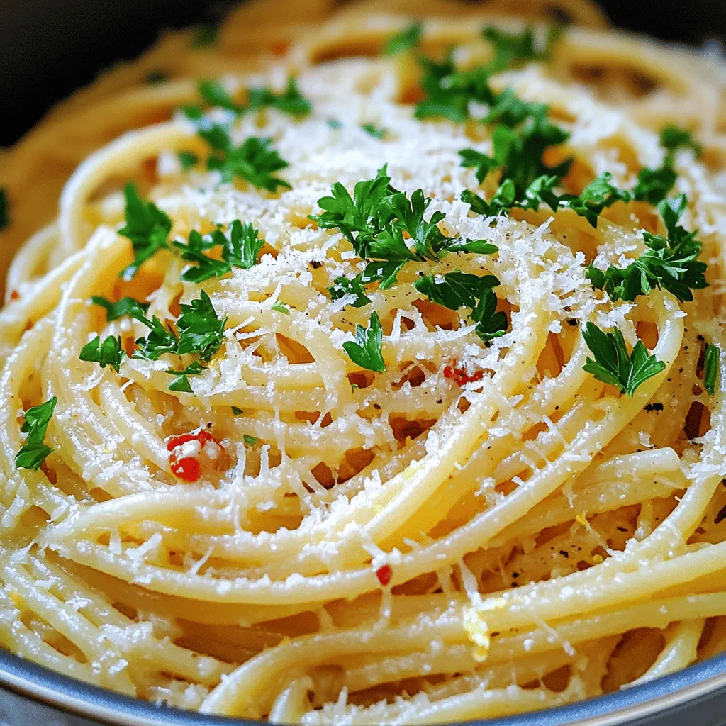 - 12 ounces spaghetti or fettuccine - 4 cups vegetable broth - 4 cloves garlic, minced - 1 tablespoon olive oil - 1 cup freshly grated Parmesan cheese - 1 cup heavy cream - Salt and pepper to taste To make a great One Pot Garlic Parmesan Pasta, you need some main ingredients. First, choose either spaghetti or fettuccine. They both work well. Next, grab some vegetable broth, which adds a lot of flavor. You will also need garlic and olive oil. Garlic gives that lovely aroma. For the creamy sauce, Parmesan cheese and heavy cream are key. Don’t forget salt and pepper to enhance the taste. - 1 teaspoon red pepper flakes (adjust to taste) - Zest of 1 lemon (optional, for brightness) - 2 tablespoons fresh parsley, chopped (for garnish) For those who want to kick it up a notch, consider adding some red pepper flakes. They give a nice heat to the dish. If you like a fresh twist, lemon zest adds brightness. Lastly, fresh parsley makes a beautiful garnish. It also adds a pop of color and freshness. These optional ingredients can elevate your meal from good to great. For the full recipe, check the details above. Start by heating the olive oil in a large pot over medium heat. Add the minced garlic and red pepper flakes. Sauté them together for about 1-2 minutes. You want the garlic to smell good but not brown. Next, pour in the vegetable broth. This broth adds flavor and helps the pasta cook. Now, toss in your spaghetti or fettuccine. Stir it gently to make sure the pasta is well mixed with the broth. Bring the mixture to a gentle boil. Once it bubbles, reduce the heat to medium-low. Cook the pasta while stirring occasionally. This step is key for getting the perfect texture. You want the pasta to be al dente, which means it should have a little bite to it. This usually takes about 10-12 minutes. Keep an eye on it, as most of the liquid will be absorbed. Once the pasta is ready, it’s time to make the sauce. Stir in the heavy cream. This adds richness and creaminess to your dish. Gradually add the grated Parmesan cheese. Mix it well until the cheese melts and creates a smooth sauce. If you find the sauce too thick, splash in a bit more vegetable broth. This will help reach your desired consistency. Season with salt and pepper for taste. If you want a bright flavor, add lemon zest. It gives a fresh twist! For the full recipe, check the earlier section. Stirring is key when cooking pasta in one pot. It helps keep the pasta from sticking together. Stir every couple of minutes to make sure the pasta cooks evenly. For al dente pasta, cook it until it’s firm but not hard. You want a slight bite, which gives your dish the right texture. To boost the flavor, consider adding extra spices. A pinch of Italian herbs or a dash of paprika can elevate the taste. If you want a richer flavor, use homemade vegetable broth instead of store-bought. This small change can make a big difference in taste. One common mistake is overcooking the pasta. Keep an eye on the time and taste it near the end. Another mistake is not adding enough seasoning. Always taste as you go, and adjust the salt and pepper to your liking. Seasoning is vital for bringing out the flavors in your dish. {{image_2}} You can add protein to your One Pot Garlic Parmesan Pasta to make it heartier. Grilled chicken or shrimp are great choices. They cook quickly and pair well with the creamy sauce. If you prefer a vegetarian option, try adding tofu. It soaks up flavors nicely and adds a nice texture. Vegetables make this dish even better. You can mix in spinach, mushrooms, or sun-dried tomatoes for added flavor. These veggies cook fast and brighten up the pasta. Seasonal vegetables add freshness too. Consider asparagus in spring or zucchini in summer. They can really enhance the taste. Cheese is key for flavor. You can switch it up with different types of cheese. Try mozzarella for a stretchier texture or feta for a tangy kick. If you need a dairy-free option, use non-dairy cheese. There are many tasty vegan cheeses available now. They can still give you that creamy feel you love. With these variations, you can create a dish that fits your taste perfectly! For the full recipe, check out the One Pot Garlic Parmesan Pasta section. To keep your One Pot Garlic Parmesan Pasta fresh, store it in the fridge. First, let the pasta cool to room temperature. Then, transfer it to an airtight container. This helps lock in flavor and moisture. You can store it in the fridge for up to three days. When reheating, use a stove or microwave. For the stove, add a splash of broth or cream. Heat on low and stir often. This keeps it creamy and delicious. If using a microwave, heat in short bursts. Stir in between to avoid hot spots. You can freeze One Pot Garlic Parmesan Pasta if you have extra. Let it cool, then place it in a freezer-safe bag. Squeeze out air before sealing. It can stay frozen for up to three months. To thaw, move it to the fridge overnight. Reheat on the stove or microwave, adding a bit of liquid if needed. Yes, you can use many types of pasta. Here are some options: - Penne - Farfalle - Fusilli - Rigatoni These shapes work well and will soak up the sauce nicely. To make this dish gluten-free, choose a gluten-free pasta. Some good options are: - Brown rice pasta - Quinoa pasta - Chickpea pasta These alternatives cook well and taste great in this recipe. You can serve many side dishes with this pasta. Here are some ideas: - A fresh green salad - Garlic bread - Steamed veggies - Roasted asparagus These sides will enhance your meal and add variety. This blog post covered a simple and tasty One Pot Garlic Parmesan Pasta. We went through the main ingredients and how to cook them step-by-step. I shared tips to perfect the dish, along with variations for added flavor. Remember to store leftovers properly for later enjoyment. With this recipe, you can easily make a delicious meal. Enjoy cooking and have fun experimenting with your own flavors and ingredients!