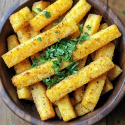- 1 cup polenta (cornmeal) - 4 cups vegetable broth - 1 teaspoon garlic powder - 1 teaspoon onion powder - 1 teaspoon smoked paprika - 1 tablespoon olive oil - Salt and pepper to taste - Fresh parsley, chopped (for garnish) Polenta is a type of cornmeal. It is the star of this recipe. You can find it in most grocery stores. The texture of polenta makes it perfect for fries. Vegetable broth adds great flavor. You can choose low-sodium broth if you want less salt. Garlic powder and onion powder bring depth to the taste. Smoked paprika gives a nice, smoky touch. Olive oil adds crispness when baking. Salt and pepper balance the flavors. Fresh parsley brightens up the dish as a garnish. If you can't find polenta, you can use corn grits. They have a similar texture and taste. For broth options, chicken broth works well too. You can also use water, but it will be less flavorful. If you prefer fresh herbs, use them instead of dried spices. Fresh garlic or onion can add a nice touch. Just remember, one clove of garlic equals about a quarter teaspoon of garlic powder. This way, you can customize your fries to your liking. If you're curious about the whole cooking process, check out the Full Recipe. First, preheat your oven to 425°F (220°C). This high heat helps make the fries crispy. Next, line a baking sheet with parchment paper. This step keeps the fries from sticking and makes clean-up easy. Now, let's cook the polenta. In a medium saucepan, bring 4 cups of vegetable broth to a boil. Once it’s boiling, slowly whisk in 1 cup of polenta. Stir constantly. This prevents lumps from forming. Reduce the heat and keep stirring for about 5 minutes, until the mixture thickens. Add 1 teaspoon each of garlic powder, onion powder, and smoked paprika. Mix in salt and pepper to taste. After cooking, you need to cool the polenta. Pour it into a greased rectangular dish. Spread the polenta to an even thickness of about 1 inch. Smooth the top with a spatula. Let it cool at room temperature for at least 30 minutes. For quicker results, refrigerate for 1–2 hours. Once it’s firm, carefully cut the polenta into sticks that resemble fries. Now it’s time to bake your fries. Place the cut polenta sticks on your prepared baking sheet. Drizzle with 1 tablespoon of olive oil. Toss them lightly to coat. This step adds flavor and helps with crispiness. Bake in the preheated oven for 25–30 minutes. Remember to flip the fries halfway through. They should be golden and crispy when done. Remove them from the oven and let them cool for a few minutes. Garnish with chopped fresh parsley before serving. Enjoy your crispy baked polenta fries! For the full recipe, check out the details above. To get the best crispiness, you must cool the polenta. Cooling helps firm it up. This step makes cutting easier and improves texture. After cooking, let the polenta sit for at least 30 minutes. For extra crispiness, place it in the fridge for 1-2 hours. Using the right baking sheet is also key. A dark, non-stick sheet works best. It helps the fries brown nicely. Make sure to coat the fries in olive oil. Use just enough to cover them lightly, but not too much. This ensures they crisp up without becoming greasy. Experiment with seasonings to boost flavor. Besides garlic powder and smoked paprika, try adding chili powder or Italian seasoning. Each spice can change the taste, so have fun mixing and matching. Don't forget to garnish! Fresh herbs like parsley or basil can brighten the dish. They add color and extra taste. A sprinkle on top right before serving makes a big difference. Crispy baked polenta fries pair well with various dips. Try marinara sauce, garlic aioli, or even spicy mayo. Each dip adds a unique twist to the fries. You can also serve them with complementary dishes. Pair the fries with a fresh salad or grilled veggies. These sides make a great balance and add nutrition to your meal. Enjoy your crispy baked polenta fries with any of these ideas for a delightful snack! {{image_2}} You can make your polenta fries even tastier by adding cheese. Mix in about one cup of shredded cheese to the cooked polenta. Cheddar, mozzarella, or Parmesan work great. The cheese melts and adds a nice flavor. When you bake these cheesy fries, you may need to adjust the time. Bake them for about 30-35 minutes. Keep an eye on them to ensure they don’t burn. If you love heat, add spices to your polenta. Try mixing in chili powder, cayenne pepper, or crushed red pepper flakes. These spices give your fries a spicy kick! After baking, serve them with your favorite sauce. A spicy mayo or a tangy salsa pairs well with these fries. It makes for a fun and bold snack. Herbs can add great flavor to your polenta fries. You can use fresh or dried herbs. Fresh herbs like rosemary or thyme work well. Dried herbs, such as oregano or basil, can also add flavor. Mix about one tablespoon of herbs into the polenta before baking. This will give your fries a lovely aroma and taste. You can experiment with different combinations to find your favorite! To store leftover polenta fries, let them cool completely. Place them in an airtight container. This keeps them fresh. You can store them in the fridge for 3 to 5 days. When reheating, use an oven for best results. Preheat your oven to 400°F (200°C). Spread the fries on a baking sheet. Heat for about 10 to 15 minutes. This will help them regain their crispiness. If you want to freeze polenta fries, first, let them cool fully. Arrange them in a single layer on a baking sheet. Freeze them for 1 to 2 hours until solid. Then, transfer the fries to a freezer bag. Remove as much air as possible to avoid freezer burn. You can keep them in the freezer for up to 3 months. To thaw, leave them in the fridge overnight. When ready, reheat them in the oven at 400°F (200°C) for about 15 minutes. The shelf life of polenta fries is about 5 days in the fridge. If you freeze them, they last up to 3 months. Check for signs of spoilage before eating. If they smell bad or have mold, throw them away. Always trust your senses. Fresh fries should feel firm and smell delicious. Enjoy your Crispy Baked Polenta Fries with confidence! For the full recipe, refer to the earlier section. To keep polenta fries from sticking, use a non-stick baking sheet. Grease it well with oil. You can also use parchment paper as a barrier. Always let the polenta cool and firm up before cutting. This helps prevent sticking. Make sure to spread the polenta evenly in the dish. An even thickness helps it set nicely. Yes, you can! To air fry, first cut the cooled polenta into fry shapes. Preheat your air fryer to 400°F (200°C). Place the polenta fries in a single layer in the basket. Lightly spray them with cooking oil for crispiness. Cook for about 15-20 minutes. Flip them halfway through for even browning. Keep an eye on them to ensure they don’t burn. These fries pair well with many dips. Try marinara sauce, garlic aioli, or spicy sriracha mayo. You can also serve them alongside a fresh salad or grilled veggies for a full meal. Fresh herbs like parsley or basil add a nice touch as a garnish. Feel free to get creative! For the full recipe, check out the earlier section. In this blog post, we explored how to make delicious polenta fries from scratch. We covered the ingredients needed, shares key steps for preparation, and provided tips for achieving that perfect crispiness. I shared variations, storage tips, and answered common questions to help you along the way. Polenta fries are versatile and easy to customize. Experiment with flavors to find your favorite. Enjoy making and sharing this tasty snack!