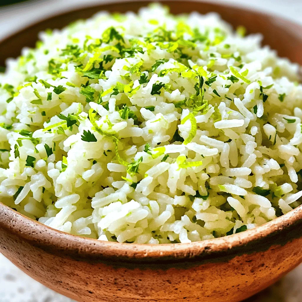 To make delicious cilantro lime rice, you'll need the following ingredients: - 1 cup long-grain white rice - 2 cups vegetable broth (or water) - 1 tablespoon olive oil - 2 cloves garlic, minced - Zest of 1 lime - 2 tablespoons lime juice - 1/2 cup fresh cilantro, finely chopped - Salt to taste - Pepper to taste Each ingredient plays a key role. The long-grain white rice gives a nice texture. Vegetable broth adds depth, but water works too. Olive oil helps the garlic toast, bringing out its flavor. Fresh lime zest and juice brighten the dish. Cilantro adds freshness and a pop of green. Salt and pepper enhance everything, making each bite perfect. For the full recipe, you can check out the detailed steps on how to create this zesty side dish. Enjoy! To make cilantro lime rice, start by gathering your ingredients. You will need one cup of long-grain white rice, two cups of vegetable broth or water, and one tablespoon of olive oil. Also, grab two cloves of minced garlic, the zest of one lime, and two tablespoons of lime juice. Lastly, have half a cup of fresh cilantro, salt, and pepper ready. Rinse the rice under cold water until the water runs clear. This step helps remove excess starch. In a medium saucepan, heat one tablespoon of olive oil over medium heat. Add the minced garlic and sauté for one minute. You want it to smell nice without burning. Next, add the rinsed rice to the pan. Stir it well to coat it with oil and garlic. Sauté the rice for two minutes until it looks slightly golden. Now, pour in the vegetable broth or water. Bring it to a boil. When it boils, turn the heat down low. Cover the pan and let it simmer for 18 to 20 minutes. The rice will cook and absorb the liquid. After the cooking time, take the pan off the heat. Let it sit covered for five more minutes. This resting time makes the rice fluffier. Then, use a fork to fluff the rice gently. Stir in the lime zest, lime juice, and chopped cilantro. Add salt and pepper to taste. Your cilantro lime rice is now ready to serve as a tasty side dish or a base for other meals. For the full recipe, you can check the instructions provided. To get the best taste from cilantro lime rice, use fresh ingredients. Fresh cilantro and lime juice make a big difference. The zest of the lime gives your rice a bright kick. Try to add salt and pepper to balance the flavors. Taste your rice before serving. Adjust the lime juice if you want more zing. Fluffy rice needs the right method. Start by rinsing the rice well. This removes extra starch and prevents it from clumping. After cooking, let the rice sit covered for five minutes. This helps the steam finish cooking the rice. Then, fluff it gently with a fork. Avoid stirring too hard. This keeps the grains separate. Many people skip rinsing the rice. This can lead to sticky rice. Also, don’t skip the resting step after cooking. It’s key for fluffiness. If you add too much liquid, your rice will be mushy. Always measure carefully. Lastly, don’t forget to taste and adjust the seasonings. A little salt can go a long way! For a complete guide on making this dish, check the Full Recipe. {{image_2}} You can switch things up with different citrus. Try using lemon or orange zest in place of lime. This adds a unique flavor that brightens the dish. Each fruit gives a fresh twist that’s fun to explore. Want to make your cilantro lime rice heartier? Add vegetables like peas, corn, or bell peppers. These add color and texture. For protein, consider black beans, grilled chicken, or shrimp. This will turn your side dish into a full meal. If you like heat, add chopped jalapeños or a dash of cayenne pepper. This will give your rice a kick. You can also mix in diced chipotle peppers for a smoky flavor. Adjust the spice level to suit your taste. With these variations, you can customize your cilantro lime rice to match your meals. For the full recipe, check out the Cilantro Lime Rice Fiesta. To store leftover cilantro lime rice, let it cool first. Place it in an airtight container. Store it in the fridge for up to four days. This keeps the rice fresh and tasty. Always check for any off smell or color before using. You can freeze cilantro lime rice for longer storage. Spread the cooled rice in a single layer on a baking sheet. Freeze it for about one hour, then transfer it to a freezer-safe bag. It can last up to three months in the freezer. Remember to label the bag with the date. To reheat the rice, use the microwave or a stovetop. If using a microwave, sprinkle a bit of water on the rice. Cover it to steam while heating. This keeps the rice moist and fluffy. If using a stovetop, add a splash of broth or water in a pan. Heat it over low heat, stirring until warm. This method brings back its flavor and texture. Check out the Full Recipe to enjoy this dish again! Cilantro lime rice is a simple and tasty side dish. It combines fluffy rice with fresh cilantro, lime juice, and garlic. The flavor is bright and zesty, thanks to the lime. This dish is great with many meals, especially Mexican food. To make cilantro lime rice easy, follow these steps: 1. Rinse the rice well. 2. Sauté garlic in olive oil. 3. Add the rice and toast it for a few minutes. 4. Cook the rice in vegetable broth. 5. Stir in lime juice, zest, and cilantro after cooking. This method keeps it quick and simple. You can find the Full Recipe for details. Cilantro lime rice pairs well with many dishes. It is perfect with tacos, burritos, or grilled chicken. You can serve it with beans or veggies too. The bright flavors help balance rich or spicy foods. Yes, you can use brown rice instead of white rice. Brown rice adds a nutty flavor and more fiber. Keep in mind that brown rice takes longer to cook. Adjust your cooking time to ensure it is tender. Cilantro has many health benefits. It is low in calories and rich in vitamins. It is known to help with digestion and has antioxidant properties. Some studies suggest it may reduce inflammation too. Adding cilantro to your meals boosts flavor and nutrition. Cilantro lime rice is a simple and tasty dish. We covered the key ingredients and steps to make it. You can add your own twist with spices or veggies. Storing and reheating it is easy, too. Remember, practice is key to getting the best flavor and texture. Enjoy this dish alongside your favorite meals for a fresh touch! I hope you feel ready to make it at home.