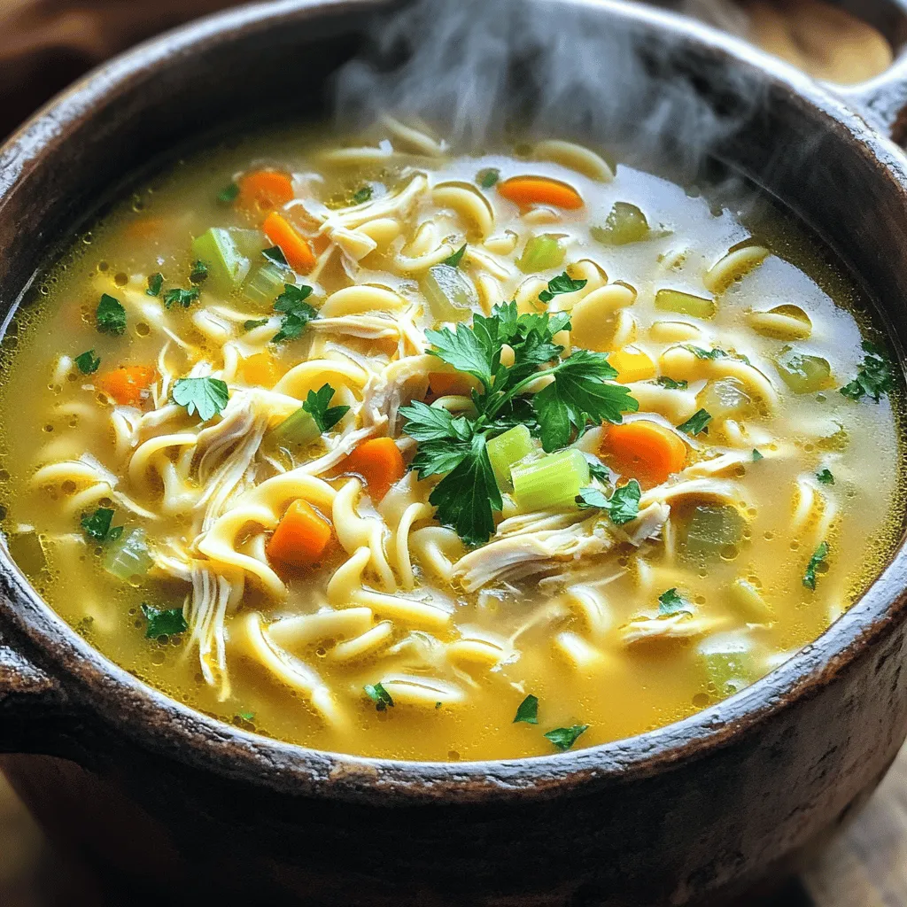 - 1 lb boneless, skinless chicken breasts - 8 cups low-sodium chicken broth - 2 cups egg noodles - 2 tablespoons olive oil - 1 medium onion, chopped - 2 carrots, diced - 2 celery stalks, diced - 3 cloves garlic, minced - 1 teaspoon dried thyme - 1 teaspoon dried parsley - Salt and pepper to taste - Fresh parsley for garnish (optional) For this soup, I use 1 pound of chicken. It gives a hearty flavor. Eight cups of chicken broth make a rich base. You need two cups of egg noodles for the perfect bite. I add two tablespoons of olive oil to sauté the veggies. One medium onion adds sweetness. Two diced carrots and two diced celery stalks bring crunch. Three cloves of minced garlic add a nice kick. One teaspoon each of thyme and parsley give depth. Finally, salt and pepper add balance. Use fresh chicken for the best taste. Look for skinless and boneless breasts. Choose low-sodium broth for control over salt levels. Fresh vegetables work best; they add bright flavors. Dried herbs should be fresh enough to ensure strong taste. When possible, pick organic ingredients. This choice supports better health and flavor. Don’t forget fresh parsley for garnish; it adds color and freshness. To make this soup, gather your ingredients first. This saves time and helps everything flow smoothly. You will need: - 1 lb boneless, skinless chicken breasts - 8 cups low-sodium chicken broth - 2 cups egg noodles - 2 tablespoons olive oil - 1 medium onion, chopped - 2 carrots, diced - 2 celery stalks, diced - 3 cloves garlic, minced - 1 teaspoon dried thyme - 1 teaspoon dried parsley - Salt and pepper to taste - Fresh parsley for garnish (optional) Start by heating the olive oil in a large pot over medium heat. Add the chopped onion, carrots, and celery. Stir these for about 5-7 minutes until they soften. Then, mix in the minced garlic and cook for one more minute. This will make your kitchen smell great! Next, add the chicken breasts to the pot. Pour in the chicken broth. Sprinkle in the thyme, parsley, salt, and pepper. Now, bring the mixture to a boil. Once boiling, lower the heat to medium-low and cover the pot. Let it simmer for 20-25 minutes. This is important for cooking the chicken all the way through. When done, the chicken should be tender enough to shred easily. Take the chicken out of the pot and shred it using two forks. This step adds texture to your soup. Return the shredded chicken back to the pot. Now, add the egg noodles. Let the soup simmer for another 8-10 minutes. This allows the noodles to cook perfectly. Stir occasionally to prevent sticking. Keep an eye on the temperature. Medium to medium-low heat works best for simmering. This helps all the flavors blend nicely. After the noodles are done, taste your soup. Adjust the seasoning if you need to. When ready, serve the soup hot. If you like, add fresh parsley on top for a nice touch. Enjoy this quick and comforting meal! For the full recipe, check out the complete instructions. To make your chicken noodle soup taste amazing, use fresh herbs. Fresh thyme and parsley can add depth. You can also add a squeeze of lemon juice for brightness. A dash of soy sauce can deepen the flavor too. Don’t forget to taste as you cook. Adjust salt and pepper to your liking. One mistake is overcooking the chicken. Cook it just until tender. If you cook it too long, it can dry out. Another mistake is adding noodles too soon. Add them near the end to keep them firm. Lastly, do not skip the garlic. It adds a lot of flavor. Having the right tools makes cooking easier. Use a large pot to fit all your ingredients. A sharp knife helps you chop veggies fast. A cutting board is a must for safety. You might want a ladle to serve the soup. A meat thermometer can help check if the chicken is done. These tools will help you make the Full Recipe with ease. {{image_2}} You can change up the soup to fit your taste. Instead of chicken breasts, try thighs. They add more flavor and stay tender. For a veggie boost, toss in peas or corn. You can also use whole wheat noodles for added fiber. If you want a rich taste, add a bit of heavy cream. This makes it extra creamy and delightful. Making this soup fit your diet is easy. For gluten-free needs, swap egg noodles with rice noodles or quinoa. You can also skip the noodles altogether for a low-carb version. Just add more veggies like zucchini or spinach. This keeps it hearty without the carbs. You can change the flavor with spices. For a spicy kick, add red pepper flakes or diced jalapeños. If you prefer herbs, fresh thyme or dill can brighten the taste. A splash of lemon juice adds freshness too. These small changes can make each bowl unique and exciting. For the full recipe, check out the Comforting Chicken Noodle Soup section above. To keep your chicken noodle soup fresh, store it in an airtight container. Let the soup cool down first. This step stops moisture build-up and keeps the soup tasty. It will last for about 3 to 4 days in the fridge. Make sure to label the container with the date. This way, you will know when to use it. If you want to save some for later, freezing is a great option. Use freezer-safe containers or bags. Leave some space at the top for expansion when it freezes. The soup can stay good in the freezer for up to 3 months. To enjoy it later, simply thaw it overnight in the fridge. When it's time to eat your soup again, reheat it gently. You can use a pot on the stove or a microwave. If using the stove, heat it on low to avoid burning. Stir often for even warming. If it seems too thick, add a splash of broth or water. This will help restore the right texture. Enjoy your comforting chicken noodle soup like it’s fresh again! For more details, check out the Full Recipe. Making Easy Chicken Noodle Soup takes about 50 minutes from start to finish. You spend 15 minutes prepping the ingredients and then 35 minutes cooking. This soup is quick, especially for a comforting meal. Yes, you can use rotisserie chicken! It saves time and adds great flavor. Just shred the meat and add it to the soup during the last few minutes of cooking. This way, you can enjoy a warm bowl of soup even faster. You can serve chicken noodle soup with many sides. Here are some ideas: - Crusty bread for dipping - Salad for some crunch - Grilled cheese for a classic combo - Rice crackers for a light bite These sides complement the soup well and add to the meal. You can find the full recipe in the earlier section for more details on making this delicious dish. This blog post showed you how to make Easy Chicken Noodle Soup. We covered key ingredients, preparation steps, and cooking tips. You now know how to enhance flavor and avoid common mistakes. The section on variations helps you customize the soup for different diets and taste preferences. Finally, you learned the best storage methods and answers to common questions. With these tips, you can create a tasty and comforting soup for anyone. Enjoy your cooking adventure and share your soup with others!