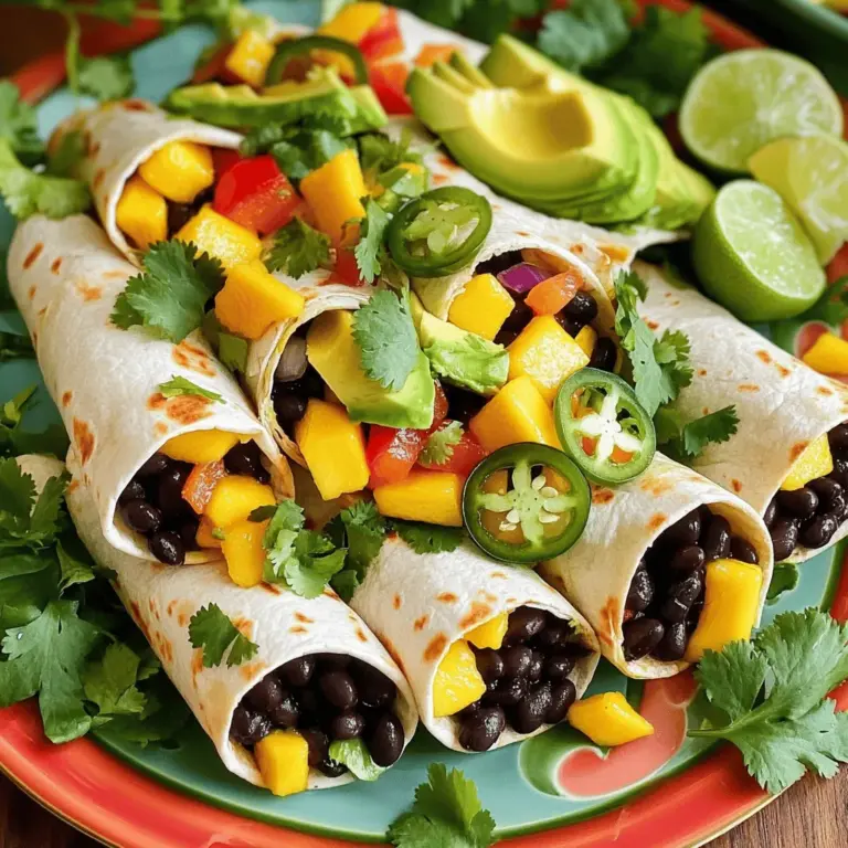 - 1 ripe mango, diced - 1 can black beans, rinsed and drained - 1 red bell pepper, diced - 1 avocado, sliced - 1 small red onion, finely chopped - 1 jalapeño pepper, diced (seeds removed) - 2 tablespoons lime juice - 1 tablespoon olive oil - 1 teaspoon cumin - 1/2 teaspoon smoked paprika - Salt and pepper to taste - 4 large whole wheat tortillas The ingredients for Spicy Mango Black Bean Wraps shine with color and flavor. The ripe mango brings a sweet and juicy taste that pairs perfectly with black beans. Black beans offer a creamy texture and a boost of protein. The red bell pepper adds a crunchy bite and a bright pop of color. For extra creaminess, I add avocado. Its smoothness balances the spice of the jalapeño. The red onion gives a mild sharpness that brightens the dish. I prefer using fresh lime juice for a tangy kick. A bit of olive oil helps blend the flavors together. Cumin and smoked paprika add depth and warmth to every bite. Salt and pepper round out the taste, ensuring every flavor shines. Finally, I use whole wheat tortillas. They are hearty and fill well with all the goodness inside. You can find the full recipe [here]. Enjoy these wraps as a fresh lunch or a light dinner! Start by mixing the diced mango, black beans, and red bell pepper in a large bowl. This mix brings sweetness, protein, and crunch to the wraps. Next, add the sliced avocado and diced jalapeño to the bowl. Avocado adds creaminess, while jalapeño gives a nice kick. Make sure to remove the seeds from the jalapeño if you want less heat. In a small bowl, whisk together lime juice, olive oil, cumin, smoked paprika, salt, and pepper. This dressing adds a zesty flavor that ties everything together. Pour this dressing over the mango and bean mix. Gently toss until well combined. This step ensures each ingredient shines in the wrap. Now, lay the large whole wheat tortillas flat on a clean surface. Spoon the mango-black bean mixture evenly onto the center of each tortilla. Be careful not to overfill, or they will be hard to roll. Fold in the sides of the tortilla and roll it tightly from the bottom up to form a wrap. Repeat this for all tortillas until the filling is gone. Finally, cut each wrap in half diagonally. This makes them easier to handle. For a pop of color, garnish each wrap with fresh cilantro leaves. You can find the full recipe [here]. To avoid soggy tortillas, use fresh ones. Heat them for a few seconds in a pan. This makes them soft and easier to roll. You can also use a bit of oil on the pan to give them a nice flavor. When rolling wraps, place the filling in the center. Fold the sides in first, then roll from the bottom up. Keep it tight for a better shape. This helps hold the filling inside. Add spices like chili powder or garlic powder for extra kick. You can also mix in fresh herbs like cilantro or parsley. These add freshness and depth to your wraps. To maximize mango flavor, choose ripe fruit. A ripe mango is sweet and juicy. You can also add a splash of mango juice to the filling for a boost. For a colorful platter, arrange the wraps in a circular pattern. Add lime wedges for a fresh touch. You can also sprinkle some fresh herbs on top for color. Pair these wraps with a light drink. A refreshing iced tea or lemonade works great. It balances the spice and adds to the meal's fun. For the full recipe, check out the detailed instructions above. {{image_2}} You can easily boost the protein in these wraps. Adding grilled chicken or shrimp makes a hearty meal. Just cook the protein of your choice and slice it into strips. Mix it with the mango and black beans for a tasty twist. For plant-based options, try adding tofu or tempeh. These ingredients soak up flavors well and add great texture. You can marinate them in lime juice and spices before cooking. This way, they blend nicely with the wrap's flavors. If you need a gluten-free option, choose gluten-free tortillas. Many brands offer great taste and texture. Check labels to ensure they meet your dietary needs. For a vegan dressing, swap out regular options for plant-based ones. Use vegan mayonnaise or a yogurt alternative. This keeps your wraps creamy while sticking to a vegan diet. Want to kick up the heat? Add more jalapeño or a splash of hot sauce. This gives your wraps a spicy kick. Adjust the amount based on your taste. You can also add more veggies for crunch. Try shredded carrots, cucumber slices, or corn. These options add color and extra nutrition. Mix and match to find the combination you love. For the full recipe, click here: [Full Recipe]. To store leftovers, place the wraps in an airtight container. If you have extra filling, store it separately to keep the tortillas fresh. These wraps last up to three days in the fridge. Make sure to keep them cool and away from other strong-smelling foods. This helps maintain their flavor. Yes, you can freeze Spicy Mango Black Bean Wraps! Wrap each one tightly in plastic wrap or foil. Then, place them in a freezer-safe bag. They can stay in the freezer for up to three months. When you’re ready, just take one out and let it thaw in the fridge overnight. To reheat without losing texture, use the oven. Preheat it to 350°F (175°C). Place the wraps on a baking sheet and heat for about 10 to 15 minutes. This keeps them crispy. You can also use a skillet on medium heat for about 5 minutes per side. This method works well too! If you don’t have black beans, don't worry! You can use several alternatives. Here are some great options: - Pinto beans: They have a creamy texture and mild flavor. - Chickpeas: These add a nice bite and are very nutritious. - Kidney beans: They provide a slightly sweet taste and firm texture. - Lentils: Cooked lentils can be a great choice. They are quick to cook and pack lots of protein. Each of these options will change the flavor a little, but they will still taste great in the wraps. Yes, using fresh mango is a wonderful choice! Fresh mango gives a bright and juicy taste. Here are some things to keep in mind: - Ripeness: Make sure the mango is ripe. It should feel soft but not mushy. - Preparation: Peel and dice the mango before adding it to your wrap. - Flavor: Fresh mango often tastes better than canned, which can be too sweet. Using fresh mango can elevate your wraps to a new level of freshness. The spice level of these wraps can vary. It mostly depends on how you prepare the jalapeño. Here are some tips: - Seeds: If you want less heat, remove the seeds from the jalapeño. - Quantity: Use less jalapeño if you prefer milder wraps. - Hot Sauce: You can add hot sauce for more heat, but go easy. These wraps can fit anyone’s spice preference, so adjust them to your taste! These Spicy Mango Black Bean Wraps offer a burst of flavor and nutrition. You learned to mix ripe mango, black beans, and peppers to create a tasty filling. Wrapping them in whole wheat tortillas makes a quick meal. Try my tips for storage and reheating to keep them fresh. Feel free to customize with proteins or extra spices. With these wraps, meal prep becomes fun and easy. Enjoy every bite of your delicious creation!