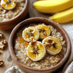 Here’s what you need to make caramelized banana oatmeal. Each ingredient adds its own flavor and texture, making this dish delightful. - 1 cup rolled oats - 2 cups almond milk (or any milk of choice) - 1 large ripe banana, sliced - 1 tablespoon brown sugar - 1 tablespoon unsalted butter (or coconut oil for a vegan option) - 1 teaspoon vanilla extract - 1/2 teaspoon cinnamon - Pinch of salt - Chopped nuts (walnuts or pecans) for topping - Fresh banana slices and a drizzle of honey or maple syrup for garnish Using these ingredients, you create a warm and creamy bowl of oatmeal. The rolled oats provide a hearty base. Almond milk keeps it dairy-free. You’ll love how the ripe banana caramelizes and adds sweetness. Brown sugar gives a rich flavor. Butter or coconut oil adds richness, while vanilla and cinnamon bring warmth. A sprinkle of salt enhances all the flavors. For the best taste, use fresh ingredients. Choose ripe bananas for maximum sweetness. Fresh nuts add crunch and nutrition. Finally, don’t skip the honey or maple syrup. These toppings bring everything together beautifully. This recipe is simple and quick. You can find the Full Recipe linked earlier to guide you through each step. Enjoy this delightful dish for breakfast or a snack! 1. Start by bringing 2 cups of almond milk to a gentle boil in a medium saucepan over medium heat. Watch it closely so it doesn't spill over. 2. Once the milk is boiling, carefully add in 1 cup of rolled oats and a pinch of salt. Lower the heat to let it simmer. 3. Stir the oats every few minutes for about 5-7 minutes. This helps them become creamy and soft. 1. While the oats cook, heat a non-stick skillet over medium heat. This is key for even cooking. 2. Add 1 tablespoon of unsalted butter or coconut oil to the skillet. Let it melt fully. 3. Place 1 large sliced banana in the pan. Sprinkle 1 tablespoon of brown sugar over the bananas. 4. Cook the bananas for 2-3 minutes on each side. They should turn golden brown and caramelized. Use a spoon to drizzle the caramel sauce over the bananas as they cook. 1. When the oats are creamy, stir in 1 teaspoon of vanilla extract and 1/2 teaspoon of cinnamon. This adds a warm flavor. 2. Taste your oatmeal. If you want it sweeter, add more brown sugar or honey. 3. Serve the oatmeal in bowls. Top with the caramelized bananas, some chopped nuts, and more banana slices. For a sweet touch, drizzle honey or maple syrup on top. Now you have a delightful bowl of caramelized banana oatmeal to enjoy! For a full recipe, check [Full Recipe]. To get the best oatmeal texture, focus on cooking times. Rolled oats usually cook in 5 to 7 minutes. Steel-cut oats take longer, about 20 to 30 minutes. Instant oats are quick but might be mushy. You can cook oatmeal in two ways: stovetop or microwave. Stovetop gives a creamier result. For stovetop, bring almond milk to a boil first. Then, add oats and let them simmer. For the microwave, combine oats and milk in a bowl. Heat for 2 to 3 minutes, stirring halfway through. To boost flavor, try different sweeteners. Maple syrup or agave can replace brown sugar. You can also add honey for a unique touch. Adding spices makes a big difference too. Cinnamon and nutmeg can enhance the taste. You can even add a drop of almond or coconut extract for more flavor. Presentation is key for any dish. Use rustic bowls for a cozy vibe. Arrange the caramelized bananas artfully on top. For garnish, sprinkle chopped nuts for crunch. You can also add fresh banana slices for color. A drizzle of honey or maple syrup adds shine and sweetness. This makes your caramelized banana oatmeal look as good as it tastes. You can find the Full Recipe to guide you through each step for this delightful dish! {{image_2}} You can easily make this recipe vegan and dairy-free. Just swap the unsalted butter for coconut oil and use almond milk or any plant-based milk. This change keeps the flavors rich while sticking to a vegan diet. For gluten-free options, use certified gluten-free oats. Oats are naturally gluten-free, but some brands may process them with wheat. Always check labels to ensure your oats meet gluten-free standards. You can mix things up by adding fruits. Try berries like strawberries or blueberries for a fresh twist. Apples also work well; just chop them and add them when you cook the oats. For a nutty flavor, incorporate nut butters such as almond or peanut butter. Cocoa powder can add a chocolatey kick, too. Just a tablespoon will do! Get inspired by international oatmeal recipes. For example, try adding spices like cardamom or turmeric for a warm flavor from Indian cuisine. You could also mix in coconut and mango for a tropical taste. Experiment with unique ingredients like matcha or chai spices for a fun twist on this classic dish. There are endless ways to enjoy your caramelized banana oatmeal! Check out the Full Recipe for more ideas and tips. To keep your caramelized banana oatmeal fresh, store it in the fridge. Place the leftover oatmeal in an airtight container. This helps prevent drying out or absorbing other smells. It stays good for about three days. If you want to save space, divide it into single servings. This makes it easy to grab when you need a quick breakfast. When it’s time to eat your leftovers, use the microwave or stovetop to reheat. For the microwave, place the oatmeal in a bowl. Heat it for 30-second bursts, stirring in between. This helps it warm evenly. If the oatmeal is too thick, add a splash of milk to loosen it up. For stovetop reheating, warm it in a pot over low heat. Stir often and add milk if needed for a creamier texture. You can prepare oatmeal in advance for busy mornings. Cook a big batch at once. Let it cool, then store it in the fridge. This way, you have breakfast ready for several days. To make it easier, consider making a double batch. You can also freeze portions in airtight containers. Just thaw and reheat when you’re ready to enjoy. This saves time and ensures you have a tasty meal on hand. For more details, check the Full Recipe. To make your oatmeal creamier, use more liquid. You can add an extra half cup of almond milk. Stir the oats often while they cook. This helps them absorb the liquid better. Adding a splash of vanilla extract gives a nice flavor too. If you want a richer taste, add a little more butter or coconut oil. This will enhance the creaminess and make each bite more enjoyable. Yes, you can use instant oats. They cook faster than rolled oats, usually in about one to two minutes. This is great if you're short on time. However, instant oats may not be as creamy or chewy. They can become mushy if overcooked. If you prefer a heartier texture, stick with rolled oats. They offer a nice balance of chewiness and creaminess. You can add many things to boost nutrition. Chopped nuts like walnuts or pecans add healthy fats and protein. You can also sprinkle in some chia seeds or flaxseeds for fiber. Fresh fruits like berries or apples provide vitamins and antioxidants. If you want more sweetness, try a spoonful of nut butter. It adds creaminess and a nutty flavor too. These additions make your oatmeal not just tasty but also a healthy meal. This blog post covered how to make delicious oatmeal. We explored the key ingredients like rolled oats and ripe bananas. I shared step-by-step instructions for cooking and caramelizing. We also discussed tips for perfect texture and ways to enhance flavor. Final thoughts: Oatmeal is versatile and easy to adapt. Feel free to experiment with your favorite toppings and flavors. Enjoy this healthy dish any time!