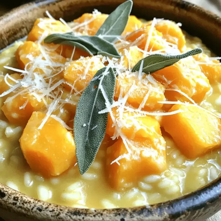 - 1 medium butternut squash, peeled and diced - 1 ½ cups Arborio rice - 4 cups vegetable broth - 1 small onion, finely chopped - 2 cloves garlic, minced - 2 tablespoons olive oil - 1 tablespoon butter - ½ cup grated Parmesan cheese (or nutritional yeast for vegan) - Salt and pepper to taste - Fresh sage leaves for garnish - Optional: ½ teaspoon nutmeg When I make butternut squash risotto, I focus on fresh, quality ingredients. First, I choose a medium butternut squash. This squash gives a sweet and nutty flavor. I peel and dice it into small cubes for even cooking. Next, I reach for Arborio rice. This short-grain rice has a high starch content. It helps create that creamy texture we all love in risotto. I also use vegetable broth. Keeping the broth warm helps the rice cook evenly. A small onion and a few cloves of garlic add depth to the dish. I chop the onion finely and mince the garlic to release their flavors. Olive oil and butter work together to sauté the onion and garlic. The fat helps to build the base of flavor. I always have grated Parmesan cheese on hand. It adds creaminess and richness. If you prefer a vegan option, nutritional yeast works well too. Finally, I season with salt and pepper. Fresh sage leaves add a lovely aroma and taste. If you want an extra kick, you can sprinkle in a bit of nutmeg. This combination of ingredients makes a comforting, creamy dish that warms the soul. For the full recipe, check out the instructions and get cooking! 1. Start by preparing the vegetable broth. Heat 4 cups of vegetable broth in a medium saucepan over low heat. This keeps it warm while you cook the risotto. 2. Next, sauté the onions and garlic. In a large pan, heat 2 tablespoons of olive oil and 1 tablespoon of butter over medium heat. Add 1 small finely chopped onion and cook for 3-4 minutes until it turns translucent. Then, add 2 minced garlic cloves and sauté for one more minute. 1. Now it's time to add the butternut squash. Toss in 1 medium peeled and diced butternut squash. Cook for about 5-7 minutes until it softens a bit. 2. Incorporate the Arborio rice next. Stir in 1 ½ cups of Arborio rice, coating it in the oil. Toast the rice for about 2 minutes to enhance its flavor. 1. Stir in the warm broth one ladle at a time. Keep stirring as you add the broth. Wait until the rice absorbs most of the liquid before adding more.Continue this for 18-20 minutes until the risotto is creamy and the rice is al dente. 2. Add ½ cup of grated Parmesan cheese (or nutritional yeast for a vegan option) and season with salt and pepper. Stir in optional ½ teaspoon of nutmeg for extra warmth. 3. Let the risotto thicken for a minute before serving. Top with fresh sage leaves for a lovely touch. For the complete list of ingredients and detailed instructions, check out the Full Recipe. To pick a ripe butternut squash, look for one that is firm and heavy. The skin should be a deep tan color with few blemishes. Avoid squashes with soft spots or cuts. Store your butternut squash in a cool, dark place. It can stay fresh for weeks. Do not refrigerate it, as cold can spoil its taste and texture. Stirring your risotto constantly is key. This helps release the rice’s starch and creates a creamy texture. If you stop stirring, the rice may stick to the pan and burn. Adjust the risotto's consistency with broth. If it feels too thick, add more broth slowly. If it’s too thin, cook it a bit longer without adding more liquid. Fresh herbs can enhance your risotto’s flavor. Try using sage, thyme, or parsley. Toasted nuts or seeds can add crunch and depth. For serving, place your risotto in a bowl. Add a sprinkle of cheese on top and a few fresh herbs. This makes for a lovely presentation that looks as good as it tastes. For the full recipe, check out the Full Recipe section. {{image_2}} You can boost the flavor of your butternut squash risotto easily. - Try adding fresh herbs like thyme or rosemary. - Use spices like smoked paprika or cumin for a warm kick. - For a protein boost, mix in cooked chicken or shrimp. - This adds heartiness and makes the dish more filling. If you want a vegetarian or vegan dish, you can make simple swaps. - Use nutritional yeast instead of Parmesan cheese for a cheesy taste. - Add more veggies like spinach or peas for color and nutrition. - Other great options include mushrooms or bell peppers. Make your risotto match the seasons with simple changes. - In fall, add dried cranberries for sweetness and texture. - For spring, toss in fresh asparagus for a bright touch. - You can also try green peas in early summer for a pop of color. These variations will keep your butternut squash risotto fresh and exciting. Each change can create a new flavor profile that you will love. For the complete recipe, check the Full Recipe section. To store leftover risotto, let it cool first. Place it in an airtight container. This keeps it fresh for up to three days. Glass or plastic containers work well for storage. Make sure to seal them tightly to avoid moisture loss. You can freeze risotto, but it changes the texture. Spread it in a single layer on a baking sheet. Freeze for about an hour, then transfer to a freezer bag. This method helps you avoid clumps. Risotto can last up to three months in the freezer. To reheat, thaw in the fridge overnight. Warm it gently on the stove, adding a splash of broth for creaminess. Leftover risotto is a great base for many dishes. You can turn it into risotto cakes. Just mix in an egg and some breadcrumbs, then shape into patties. Pan-fry until golden. Another idea is to add fresh herbs, veggies, or proteins to revive the flavor. You can also use it as a filling for stuffed peppers. For more inspiration, check out the Full Recipe. You can use Carnaroli or Vialone Nano rice. These types also work well for risotto. If you need a gluten-free option, try sushi rice. It has a similar starch content. Quinoa is another choice, but it changes the dish's texture. To keep your risotto creamy, try adding pureed butternut squash. It adds natural creaminess and flavor. Use a splash of coconut milk or cashew cream for richness. Stirring in some extra vegetable broth helps maintain the creamy texture. Yes! You can try acorn squash or kabocha squash. Each type gives a unique flavor and texture. Just ensure they are cooked until soft before adding to the risotto. This way, they blend well with the rice. Butternut squash risotto can be healthy. It is packed with vitamins A and C. The fiber from the squash aids digestion too. Using less cheese or a cheese alternative makes it lighter. This way, you enjoy its creamy goodness without guilt. Your risotto is done when the rice is creamy and al dente. The grains should be tender with a slight bite. Stir occasionally to prevent sticking. Taste a grain to check for doneness. If it’s soft yet firm, you’re ready to serve. For the full recipe, check the Creamy Butternut Squash Risotto instructions above. You’ve learned how to make a tasty butternut squash risotto. We covered the key ingredients, step-by-step instructions, tips for success, and ways to mix it up. Risotto can be a beautiful dish, perfect for any season. Don't forget: keep stirring, and adjust the flavors. With the right care, you'll create a comforting meal. Enjoy experimenting with your own variations. Now, go cook and impress your friends and family!