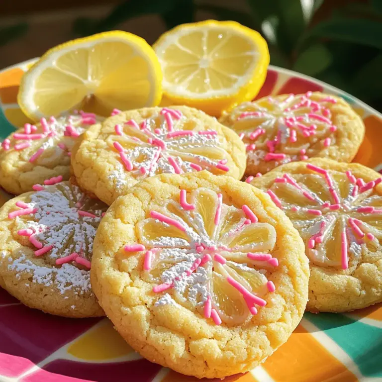 To make pink lemonade cookies, you need these key items: - 1 cup unsalted butter, softened - 1 cup granulated sugar - 1 egg - 2 teaspoons vanilla extract - 2 cups all-purpose flour - 1/2 teaspoon baking soda - 1/4 teaspoon salt - 1/4 cup pink lemonade concentrate (thawed) - 1/2 cup powdered sugar (for dusting) - Zest of 1 lemon Each ingredient plays an important role in the recipe. The butter gives the cookies a rich flavor and soft texture. Sugar adds sweetness and helps with browning. The egg binds everything together, while vanilla enhances the flavor. Flour provides the structure. Baking soda helps the cookies rise, making them light. Salt balances the sweetness. Pink lemonade concentrate gives that refreshing flavor. The lemon zest adds a bright touch, and the powdered sugar dusting makes them pretty. You can enhance your cookies with these fun add-ins: - Pink sprinkles (for a festive look) If you want to make these cookies gluten-free, you can use a gluten-free flour blend instead of all-purpose flour. This will keep the cookies soft and delicious while catering to your dietary needs. You can also try swapping the pink lemonade concentrate with fresh lemon juice for a more natural taste. Just remember to adjust the sugar since fresh lemon juice is less sweet! To make your pink lemonade cookies, start by gathering your ingredients. Here’s what you’ll need: - 1 cup unsalted butter, softened - 1 cup granulated sugar - 1 egg - 2 teaspoons vanilla extract - 2 cups all-purpose flour - 1/2 teaspoon baking soda - 1/4 teaspoon salt - 1/4 cup pink lemonade concentrate (thawed) - Zest of 1 lemon - 1/2 cup powdered sugar (for dusting) - Pink sprinkles (optional) 1. Preheat your oven to 350°F (175°C) and line a baking sheet with parchment paper. This helps cookies bake evenly and prevents sticking. 2. In a large bowl, cream the softened butter and granulated sugar together until the mix is light and fluffy. Use an electric mixer for the best results. 3. Now add the egg and vanilla extract. Mix until all ingredients are well combined. 4. In a separate bowl, whisk together the flour, baking soda, salt, and lemon zest. This step helps to distribute the baking soda evenly. 5. Gradually add the dry mix to the wet mixture, stirring until just combined. Avoid over-mixing to keep cookies tender. 6. Stir in the pink lemonade concentrate. The dough should feel slightly moist but not sticky. If it’s too sticky, add a bit more flour. 1. Use a cookie scoop or tablespoon to drop rounded balls of dough onto the prepared baking sheet. Space them about 2 inches apart to allow room for spreading. 2. For a fun touch, you can gently flatten the dough balls and sprinkle pink sprinkles on top. 3. Bake your cookies in the preheated oven for 10-12 minutes. Watch for the edges to turn lightly golden. 4. When done, let the cookies cool on the baking sheet for a few minutes. Then, transfer them to a wire rack to cool completely. This keeps them from becoming soggy. 1. Once cooled, it’s time to dust your cookies with powdered sugar. Use a fine sieve to sprinkle it evenly. This adds a sweet, festive touch. 2. For serving, arrange the cookies on a colorful plate. Garnish with fresh lemon slices and a sprinkle of pink sugar. This makes your cookies look vibrant and inviting. These steps will help you create delightful pink lemonade cookies. Enjoy every bite! For more details, check out the Full Recipe. Baking cookies can be tricky. Here are some common pitfalls to avoid: - Overmixing the dough: This can make cookies tough. Mix just until combined. - Not measuring flour correctly: Use a spoon to scoop flour into a measuring cup. This helps avoid too much flour. - Skipping the chilling step: If your dough is too warm, cookies spread too much. Chill the dough for about 30 minutes if needed. To ensure your cookies are soft and chewy, follow these tips: - Use room temperature butter: Softened butter helps create that nice texture. - Do not overbake: Pull cookies from the oven when the edges are golden but the center looks soft. They will firm up as they cool. - Add cornstarch: A tablespoon can help keep cookies soft and chewy. Storing cookies properly keeps them fresh and tasty. Here are best practices: - Use airtight containers: Store cookies in a container with a tight lid. This helps keep them moist. - Layer with parchment paper: If stacking cookies, place parchment paper between layers to prevent sticking. - Keep away from heat: Store cookies in a cool place to avoid melting. For longer shelf life, you can freeze cookies: - Freezing baked cookies: Place cooled cookies in a single layer on a baking sheet. Freeze until solid, then transfer to a freezer bag. - Freezing dough: Scoop dough into balls. Freeze on a tray, then store in a bag. Bake from frozen, adding a few minutes to the time. These tips will help you enjoy your pink lemonade cookies longer! For the full recipe, check the details above. {{image_2}} You can play with flavors in pink lemonade cookies. Try using other citrus fruits like lime or orange. Both add a fresh twist. You might also enjoy berry flavors. Raspberry or strawberry puree can make these cookies extra special. For a fun surprise, add chocolate chips or nuts. They add texture and depth. If you want vegan cookies, swap the egg for a flax egg. Mix one tablespoon of flaxseed meal with three tablespoons of water. Let it sit for five minutes to thicken. Use coconut oil instead of butter for a dairy-free option. For lower sugar cookies, try using a sugar substitute. Just make sure it measures the same as sugar. This way, your cookies stay sweet and yummy without the extra sugar. For the full recipe, check out the previous section. To enjoy pink lemonade cookies, pair them with refreshing drinks. Here are some great options: - Iced Tea: Sweet or unsweetened, iced tea complements the sweet and tart flavor. - Lemonade: Serve with classic lemonade for a fun flavor match. - Sparkling Water: A fizzy option adds a lively touch to your treat. These pairings work well for summer gatherings. You can create a pink lemonade cookie bar with: - Picnics: Lay out a spread with drinks, cookies, and fresh fruit. - Birthday Parties: Make a fun dessert table with colorful decorations and themed drinks. - Barbecues: Serve cookies alongside grilled favorites for a sweet finish. How you display your cookies can enhance the joy of eating them. Here are some tips for a stunning setup: - Colorful Plates: Use bright plates to showcase the cookies, making them pop. - Garnish with Lemon: Add fresh lemon slices around the cookies to bring a burst of color. - Cookie Stacks: Create small stacks of cookies tied with twine for a rustic look. For extra flair, consider: - Pink Sugar Dust: Dust the cookies with pink sugar for a festive touch. - Fruits as Decor: Use strawberries or raspberries to add freshness and color. These ideas make your cookie display inviting and fun! For more details on making these cookies, check the Full Recipe. Can I use fresh lemon juice instead of lemonade concentrate? Yes, you can use fresh lemon juice. It will give the cookies a bright, fresh taste. However, you may need to add a bit of sugar to balance the tartness. How do I know when the cookies are done baking? Look for light golden edges. The centers should still be soft but not raw. They will firm up as they cool. How long do these cookies stay fresh? These cookies stay fresh for about a week when stored in an airtight container. They are best enjoyed within the first few days. Can I freeze the cookie dough? Yes, you can freeze the cookie dough. Just scoop the dough into balls and freeze them on a baking sheet. Once frozen, transfer them to a bag. They last up to three months. What can I use instead of butter? You can use coconut oil or vegetable shortening. Both will work well to keep the cookies soft. Are there gluten-free alternatives for the flour? Yes, you can use a gluten-free flour blend. Make sure it has xanthan gum to help the cookies hold together. In this post, I shared the essential ingredients and steps to make pink lemonade cookies. You learned how to prepare the dough, bake, and cool the cookies for the perfect treat. Plus, I covered tips to keep them fresh and variations to suit your taste. Always remember to enjoy these cookies with a fun drink and present them beautifully. Baking should be a joy, so get creative and make it your own!