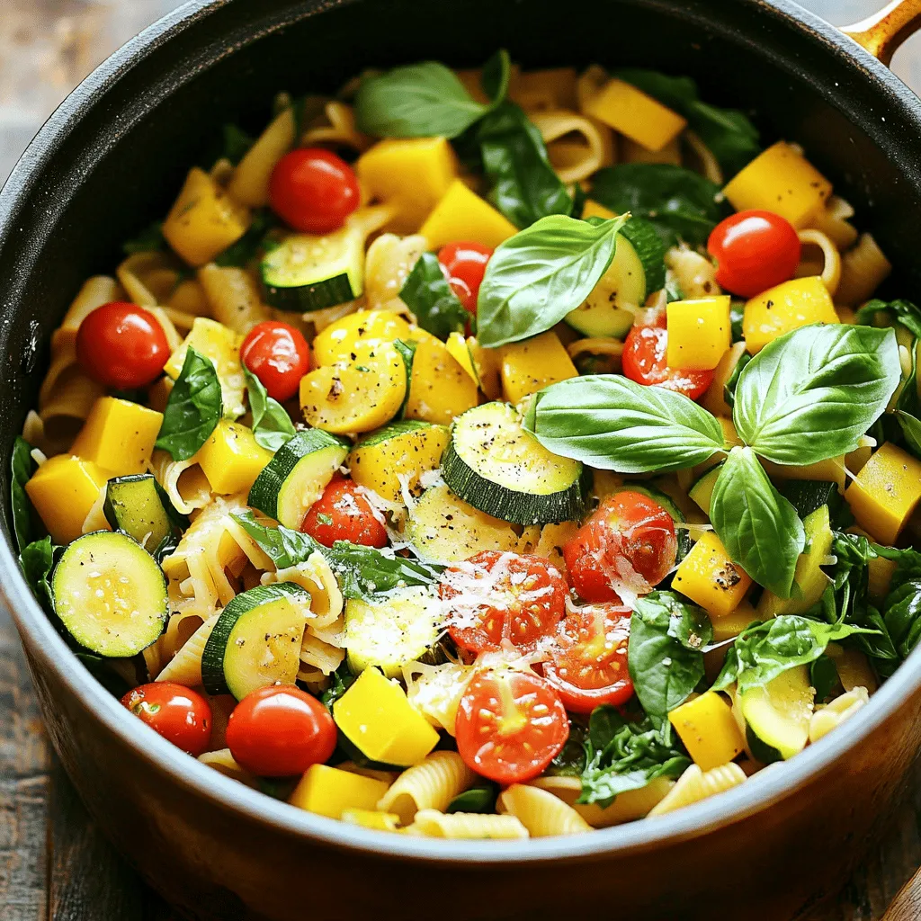 To make this dish, gather these fresh ingredients: - 12 oz. whole wheat or gluten-free pasta - 2 tablespoons olive oil - 1 medium zucchini, diced - 1 medium yellow squash, diced - 1 red bell pepper, diced - 1 cup cherry tomatoes, halved - 1 cup fresh spinach - 4 cloves garlic, minced - 4 cups vegetable broth - 1 teaspoon dried Italian herbs (oregano, basil, thyme) - 1/2 teaspoon red pepper flakes (optional) - Salt and pepper to taste - Fresh basil leaves for garnish - Grated Parmesan cheese (optional for serving) You need a few basic tools for this recipe: - Large pot - Wooden spoon or spatula - Knife and cutting board - Measuring cups and spoons - Ladle or serving spoon You can swap some items if needed: - Use any pasta you like, such as penne or rotini. - Substitute olive oil with avocado oil or butter. - Try different veggies, like asparagus or carrots. - Use low-sodium broth for a healthier option. - For a dairy-free dish, skip the Parmesan cheese or use a vegan version. This recipe is flexible, so feel free to get creative! Check the Full Recipe for more details. To make One-Pot Summer Veggie Pasta, gather your ingredients first. You will need: - 12 oz. whole wheat or gluten-free pasta - 2 tablespoons olive oil - 1 medium zucchini, diced - 1 medium yellow squash, diced - 1 red bell pepper, diced - 1 cup cherry tomatoes, halved - 1 cup fresh spinach - 4 cloves garlic, minced - 4 cups vegetable broth - 1 teaspoon dried Italian herbs - 1/2 teaspoon red pepper flakes (optional) - Salt and pepper to taste - Fresh basil leaves for garnish - Grated Parmesan cheese (optional) Make sure your tools are handy. You will need a large pot and a wooden spoon. 1. Start by heating olive oil in a large pot over medium heat. 2. Add minced garlic and sauté for 1-2 minutes until you smell it. Don’t let it brown. 3. Next, toss in the diced zucchini, yellow squash, and red bell pepper. Cook for 3-4 minutes. The veggies should soften a bit. 4. Now, add the halved cherry tomatoes, dried Italian herbs, and red pepper flakes if you want a kick. Season with salt and pepper. Mix everything well. 5. Pour in the vegetable broth and bring it to a boil. 6. Add the pasta to the pot, making sure it’s submerged. Lower the heat to medium-low and cover the pot. 7. Cook for about 10-12 minutes. Stir occasionally until the pasta is firm but cooked. Most of the broth should absorb. 8. Stir in the fresh spinach and let it wilt for 1-2 minutes. Taste and adjust seasoning if needed. 9. Remove the pot from heat. Let it sit covered for a few minutes to blend the flavors. Serve your One-Pot Summer Veggie Pasta warm. Garnish with fresh basil leaves for color. If you like, sprinkle some grated Parmesan cheese on top. This dish is vibrant and full of flavor. Enjoy your delicious meal! To make your pasta perfect, use a large pot. This gives the pasta room to cook evenly. Always stir the pasta every few minutes. This helps keep it from sticking. Adjust the cooking time for your pasta type. Whole wheat pasta might need a bit longer. One mistake is not measuring the broth. Too little broth makes dry pasta. Another mistake is adding all veggies at once. Some cook faster than others. Cut your vegetables the same size for even cooking. Don’t skip the resting time after cooking. This helps all flavors blend well. To boost the taste, add fresh herbs at the end. Basil or parsley adds bright notes. You can also use lemon juice for a fresh zing. A splash of balsamic vinegar can deepen the flavors. For a kick, try adding more red pepper flakes. Parmesan cheese can also elevate the dish. Use the Full Recipe for all the details. {{image_2}} If you want to keep your dish vegetarian, you have many choices. You can add more vegetables, like carrots or peas. These add great color and flavor. You can also use cheese as a topping. Feta or mozzarella will work well. These flavors mix well with the fresh veggies in the pasta. For a vegan dish, skip the cheese. You can use nutritional yeast instead. It gives a cheesy flavor without dairy. Add more veggies like mushrooms or eggplant for depth. You can also use a plant-based broth for more taste. Fresh herbs like parsley or cilantro can add a bright touch. Need more protein? Add chickpeas or lentils. They are great choices and easy to mix in. You can also use tofu or tempeh for a heartier dish. Cook these add-ons in the pot with the veggies. This way, they soak up all the flavors. If you prefer meat, grilled chicken or shrimp also work well. Each choice can make your meal filling and tasty. For the full recipe, check out the One-Pot Summer Veggie Pasta. To keep your One-Pot Summer Veggie Pasta fresh, let it cool first. Use an airtight container for storage. You can place it in the fridge for up to three days. Make sure to cover it well to avoid drying out. When you are ready to enjoy your pasta again, reheat it gently. I recommend using a skillet on low heat. Add a splash of water or broth to help it warm evenly. Stir it often until heated through. This helps keep the pasta moist and tasty. If you want to store it longer, freezing is a great option. Divide the pasta into single servings before freezing. Use freezer-safe containers or bags for best results. To thaw, move the pasta to the fridge overnight. Reheat it in a skillet or microwave, adding a little liquid if needed. Enjoy your delicious meal again! Yes, you can swap in any veggies you like. Try carrots, broccoli, or peas. I enjoy mixing colors and textures. Seasonal veggies work best for flavor and freshness. Just cut them small for even cooking. Cooking pasta in one pot takes about 10 to 12 minutes. This time may change based on the pasta shape you use. Stir the pasta a few times to keep it from sticking. Check for doneness after 10 minutes. Whole wheat or gluten-free pasta works great for this dish. Both types absorb flavors well and add a nice texture. Use your favorite shape, like penne or fusilli. Just make sure to adjust cooking time if you choose a different type. You can find the full recipe for One-Pot Summer Veggie Pasta here. It guides you through each step, ensuring a delicious meal. Enjoy the ease of cooking with just one pot! You've learned how to make a great one-pot summer veggie pasta. We covered ingredients, tools, and easy steps to cook. I shared tips to enhance the taste and avoid mistakes. You also saw options for different diets and how to store leftovers. Try this dish with your favorite veggies. Enjoy cooking and sharing this meal!