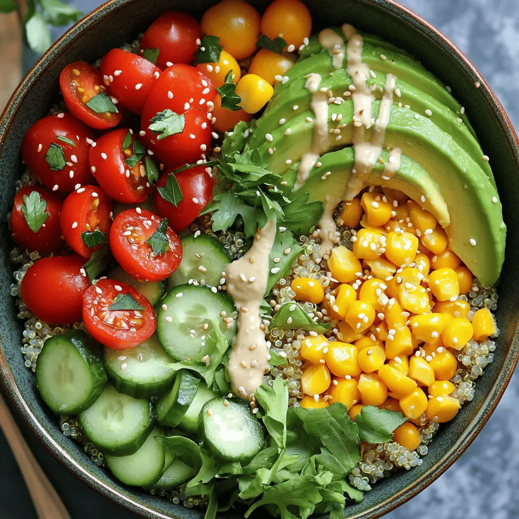 To make a tasty summer veggie bowl, gather these fresh ingredients: - 1 cup quinoa, rinsed - 2 cups water - 1 cup cherry tomatoes, halved - 1 cucumber, diced - 1 bell pepper (any color), diced - 1 cup corn (fresh or frozen) - 1 avocado, sliced - 1 cup mixed greens (spinach, arugula) - 2 tablespoons olive oil - Salt and pepper to taste These ingredients create a colorful and nutritious base. Quinoa adds protein and fiber. Mixed greens bring freshness. Vegetables provide crunch and vibrant flavors. To make the lemon tahini drizzle, you need: - 3 tablespoons tahini - 2 tablespoons lemon juice - 1 tablespoon maple syrup or honey (for sweetness) - 1-2 tablespoons water (to thin) - Salt to taste This drizzle adds a creamy tang. Tahini is rich in healthy fats. Lemon juice brightens the flavor, while maple syrup or honey balances it with sweetness. When picking vegetables, look for these tips: - Choose bright colors; they often taste better. - Avoid any soft spots or blemishes. - Smell the produce; fresh veggies have a strong scent. - Buy seasonal vegetables for the best flavor and value. Fresh vegetables enhance your dish. They are crisp and full of nutrients. When you use fresh ingredients, your summer veggie bowl shines. For the full recipe, check out the details above. Start by rinsing one cup of quinoa under cold water. This step helps to remove the bitter coating. In a medium saucepan, bring two cups of water to a boil. Add the rinsed quinoa to the boiling water. Reduce the heat to low and cover the pan. Let it simmer for about 15 minutes. The quinoa will absorb the water and become fluffy. Once done, take it off the heat and let it cool. While the quinoa cooks, it’s time to chop your veggies. Halve one cup of cherry tomatoes and dice one cucumber. Next, chop one bell pepper into small pieces. If you have fresh corn, cut it off the cob. If you use frozen corn, thaw it by running it under warm water or microwaving it for a minute. Finally, slice one avocado. These colorful veggies will add flavor and crunch to your bowl. In a small mixing bowl, combine three tablespoons of tahini with two tablespoons of lemon juice. Add one tablespoon of maple syrup or honey for sweetness. Mix in a pinch of salt. To thin the sauce, add one to two tablespoons of water. Stir until the mixture is smooth. The drizzle should be pourable but not too runny. This sauce adds a bright flavor to your veggie bowl. In a large bowl, layer the cooled quinoa first. Then add a handful of mixed greens. Next, pile on the cherry tomatoes, cucumber, bell pepper, corn, and avocado. Drizzle the lemon tahini sauce generously over the top. Toss everything gently to mix. Make sure the sauce coats all the ingredients evenly. Season with salt and pepper to your taste. If you like, drizzle a little extra olive oil over the top for added richness. Enjoy your vibrant Summer Veggie Bowl with Lemon Tahini Drizzle! You can find the full recipe [here](#). To make the tahini dressing just right, start with high-quality tahini. It should be creamy and smooth. Mix tahini, lemon juice, and maple syrup in a bowl. Add salt to taste. To get the right pourable texture, add water slowly. Whisk until it’s smooth, but not too thin. If it gets too runny, add more tahini. You want it thick enough to coat your veggies well. Cooking quinoa is simple, but a few tips help. First, rinse the quinoa well to remove its natural coating, called saponin. This helps reduce bitterness. Use two cups of water for every cup of quinoa. Bring the water to a boil, then lower the heat. Let it simmer for about 15 minutes. Once done, let it sit covered for 5 minutes. This step helps it fluff up nicely. Fluff it with a fork before serving for the best texture. To serve your summer veggie bowl, choose colorful bowls for a fun look. Layer the quinoa and greens first. Add your veggies and avocado on top. Drizzle the lemon tahini sauce generously over everything. For extra flavor, sprinkle sesame seeds or fresh herbs like parsley on top. This adds a nice crunch and fresh taste. You can also serve it with pita bread or grilled chicken for more options. For the full recipe, check out the details above! {{image_2}} You can swap out ingredients if needed. Use brown rice or farro instead of quinoa. If you don’t have cherry tomatoes, use diced regular tomatoes. You can also switch cucumber for zucchini. If you want a creamier texture, try adding Greek yogurt instead of tahini in the drizzle. Want to boost the protein? Add grilled chicken, shrimp, or chickpeas. Tofu or tempeh works great for a plant-based option. Just season them well before cooking. You could also sprinkle feta cheese or add hard-boiled eggs for extra flavor and protein. The beauty of the Summer Veggie Bowl lies in its flexibility. Use fresh veggies that you find at the market. In summer, try adding radishes or green beans. In fall, roasted sweet potatoes or Brussels sprouts are tasty. This dish can adapt to any season, keeping your meals fresh and exciting. For the full recipe, check out the details above! To store leftovers, let the veggie bowl cool down first. Place it in an airtight container. Keep it in the fridge for up to three days. When you are ready to eat, just give it a good stir. You might want to add a little more lemon tahini drizzle for extra flavor. If you have leftover quinoa, you can freeze it for later. Spread the cooled quinoa on a baking sheet. Freeze it for about an hour until firm. Then, transfer it to a freezer-safe bag. It will keep well for up to three months. When you want to use it, let it thaw overnight in the fridge. The lemon tahini drizzle can last for up to one week in the fridge. Store it in a sealed jar or container. If it thickens, just mix in a bit of water to loosen it up. Always give it a quick taste check before using. This ensures it stays fresh and tasty. Yes, you can prepare this dish in advance. Cook the quinoa and chop the veggies. Store them separately in the fridge. This keeps the ingredients fresh. You can mix them when ready to eat. The Lemon Tahini Drizzle can also be made ahead. Just store it in a jar. It lasts well for a few days. Yes, the Lemon Tahini Drizzle is completely vegan. It contains tahini, lemon juice, and maple syrup. These ingredients come from plants. This makes the drizzle a great choice for vegan meals. You can enjoy it guilt-free! You can serve the Summer Veggie Bowl with many tasty sides. Grilled chicken or shrimp adds protein. Hummus or pita chips are great for dipping. A side of fresh fruit salad adds sweetness. You can also pair it with a light soup for a full meal. Store cooked quinoa in an airtight container. Keep it in the fridge for up to five days. To reheat, you can use the microwave or a stovetop. Add a splash of water to keep it moist. Heat until warm, and your quinoa is ready to enjoy! For the full recipe, check out the earlier sections. This blog post highlighted key ingredients and steps to make a delicious summer veggie bowl. I shared tips for choosing fresh veggies, cooking quinoa, and perfecting tahini dressing. You learned about variations and how to store leftovers. In conclusion, this summer veggie bowl is flexible and easy to prepare. With a few simple ingredients, you can create a healthy meal. Try it out and enjoy the fresh flavors all season long.
