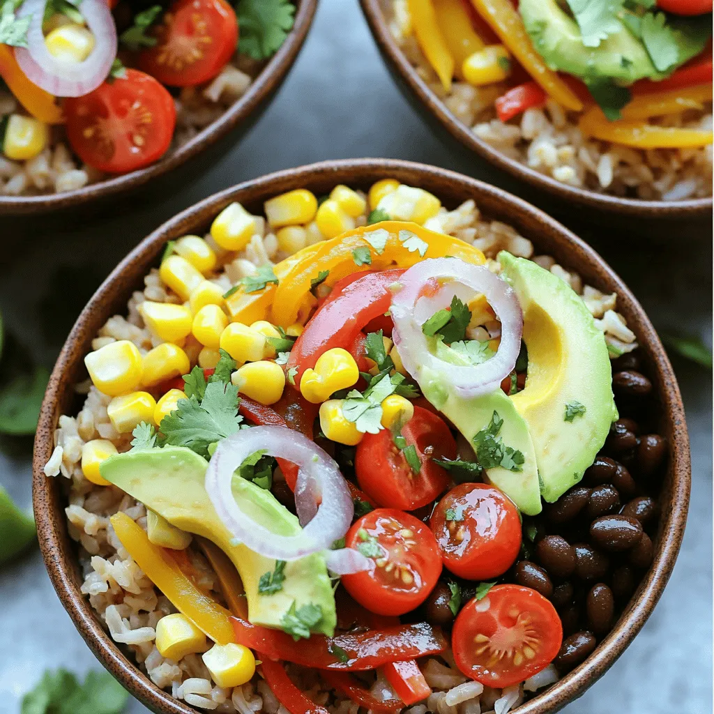 To make these veggie burrito bowls, you need fresh and tasty ingredients. Here’s what you’ll need: - 1 cup brown rice - 1 can (15 oz) black beans, drained and rinsed - 1 red bell pepper, diced - 1 cup corn (frozen or fresh) - 1 avocado, sliced - 1 cup cherry tomatoes, halved - 1 small red onion, finely chopped - 1 teaspoon cumin - 1 teaspoon chili powder - 2 tablespoons olive oil - Salt and pepper to taste - Fresh cilantro, chopped (for garnish) - Juice of 1 lime Each of these items brings a unique flavor. The brown rice gives a hearty base. Black beans add protein and fiber. Fresh veggies like bell pepper and corn offer sweetness and crunch. Avocado adds creaminess, while lime juice brightens the dish. You can customize your burrito bowls to suit your taste. Here are some fun options: - Add grilled chicken or shrimp for extra protein. - Use quinoa instead of brown rice for a different grain. - Swap black beans for pinto beans or chickpeas. - Toss in more veggies like zucchini, spinach, or jalapeños. - For a creamy touch, add sour cream or Greek yogurt. These swaps can change the taste and nutrition of your dish. Feel free to mix and match based on what you have at home. This dish is not just tasty; it’s healthy too. Here’s a quick look at the nutrition: - High in fiber from beans and veggies - Good source of healthy fats from avocado - Packed with vitamins from fresh produce - Balanced meal with carbs, protein, and fats Each bowl offers a satisfying meal that fuels your body. Enjoy the flavors while knowing you are eating well. To start, you need to cook the brown rice. First, measure 1 cup of brown rice. Then, add 2 cups of water to a medium saucepan. Bring it to a boil over high heat. Once it boils, reduce the heat to low. Cover the pan with a lid. Let it simmer for about 40 to 45 minutes. The rice will soak up all the water. After it's tender, take it off the heat. Let it sit for 10 minutes, then fluff it with a fork. Next, you’ll sauté the vegetables. Grab a large skillet and heat 2 tablespoons of olive oil over medium heat. Once hot, add the diced red onion. Sauté it for about 2 to 3 minutes until it turns soft and clear. After that, add the diced red bell pepper and corn. Cook this mix for another 5 minutes. Stir in 1 teaspoon of cumin and 1 teaspoon of chili powder. Season with salt and pepper to taste. The mix should smell great and look colorful. Now it’s time to assemble your burrito bowls. In each bowl, start with a scoop of brown rice as your base. Then, add a generous portion of the sautéed veggie mix on top. Next, divide 1 can of black beans, sliced avocado, and halved cherry tomatoes among the bowls. Finish by squeezing fresh lime juice over everything. Don’t forget to sprinkle chopped cilantro on top for extra flavor. These steps will give you a colorful and tasty meal. For the full recipe, check the details above. To make perfect brown rice, rinse it first. This helps remove extra starch. Use a 1:2 ratio of rice to water. Start boiling the water before adding the rice. Once it boils, lower the heat. Cover it tight and let it simmer. After 40-45 minutes, check if the rice is tender. Let it sit for 10 minutes before fluffing with a fork. This step is key for great texture. Seasoning brings your veggie burrito bowls to life. The main spices are cumin and chili powder. These spices add warmth and depth. Always taste your vegetables as you cook. Adjust the salt and pepper to your liking. A squeeze of fresh lime juice adds a zesty kick. Fresh cilantro brightens the dish and adds color. Don't skip these flavor boosters! Presentation matters, even for simple dishes. Use colorful bowls to make your meal pop. Start with a scoop of brown rice at the bottom. Layer your sautéed veggies on top. Arrange black beans, avocado slices, and cherry tomatoes neatly. Finish with a sprinkle of cilantro and a lime wedge on the side. This makes each bowl look inviting and fun. Your guests will love it! For the full recipe, check the section above. {{image_2}} You can boost the protein in your veggie burrito bowls easily. Here are some options: - Grilled chicken or turkey - Tofu, cubed and sautéed - Tempeh, crumbled and cooked - Quinoa for a protein-packed base Each option adds flavor and makes your meal more filling. For a quick meal, I love using canned beans. They are easy to add and full of protein. Making your burrito bowls vegan or gluten-free is simple. Swap ingredients to meet your needs: - Use quinoa instead of brown rice for a gluten-free base. - Choose corn tortillas or lettuce wraps instead of rice for a low-carb option. - Replace honey with maple syrup for a vegan sweetener. These swaps keep your meal tasty and healthy without losing flavor. Seasonal ingredients can make your burrito bowls even better. Here are some ideas: - In summer, add fresh zucchini or bell peppers. - In fall, consider roasted butternut squash or sweet potatoes. - During winter, try hearty greens like kale or spinach. Using fresh, in-season veggies not only enhances flavor but also makes your meal fun and vibrant. For the full recipe, check out the detailed instructions earlier. Store leftover burrito bowls in an airtight container. This keeps them fresh and tasty. Place the container in the fridge. The bowls stay good for about 3 to 4 days. To prevent sogginess, keep the rice and toppings separate. You can freeze these burrito bowls too! Use freezer-safe containers or bags. Make sure to cool the bowls first. Label each bag with the date. You can freeze them for up to 3 months. When ready to eat, simply thaw in the fridge overnight. Reheat your burrito bowls in the microwave. Use a microwave-safe dish and cover it with a lid. Heat for 1 to 2 minutes. Stir halfway through for even heating. If you want, add a splash of water to keep the rice moist. You can also reheat on the stove over low heat. Just keep stirring until warm. For the full recipe, check out the details above. Yes, you can make these burrito bowls ahead. Cook the rice and sauté the veggies. Store each part in separate containers. This keeps everything fresh. You can mix them when you're ready to eat. The flavors will still be great! If you want a swap for brown rice, try quinoa or cauliflower rice. Quinoa is a good option for extra protein. Cauliflower rice is low in carbs and very light. Both choices bring a nice texture to the bowl. To add heat, use jalapeños or hot sauce. You can also add more chili powder or cayenne pepper. For a smoky flavor, try chipotle peppers in adobo sauce. Start with small amounts, then taste as you go. Healthy toppings can include fresh greens like spinach or arugula. Sliced radishes add crunch and color. Greek yogurt can replace sour cream for creaminess. You can also use pumpkin seeds for a nice crunch. These toppings boost nutrients and flavor. In this post, we covered how to make simple veggie burrito bowls. We looked at key ingredients, step-by-step cooking methods, and tips for great flavor. We also explored variations, storage tips, and answers to common questions. These bowls are easy to prepare and can please many tastes. I encourage you to try them out. Customize your bowl and enjoy a healthy meal anytime!