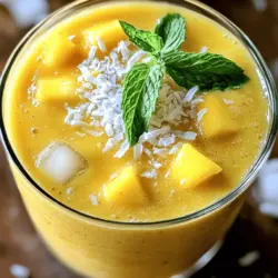 - 1 ripe mango, peeled and diced - 1/2 cup coconut milk (canned or carton) - 1/2 cup Greek yogurt (or dairy-free yogurt) - 1 tablespoon honey or agave syrup (optional) - 1/2 cup ice cubes - 1/4 teaspoon vanilla extract - 1 tablespoon shredded coconut (for garnish) - Fresh mint leaves (for garnish) Mango is the star of this smoothie. It brings a sweet and tropical flavor. Coconut milk adds creaminess and richness. Greek yogurt gives a nice thickness and boosts protein. Honey or agave syrup can sweeten your drink if you like. The ice cubes keep it cold and refreshing. Vanilla extract adds an extra layer of flavor. Finally, garnishing with shredded coconut and mint makes it look beautiful. Health benefits of mango Mango is rich in vitamins A and C. It also has fiber, which helps digestion. This fruit may boost your immune system and improve skin health. Advantages of coconut milk Coconut milk contains healthy fats. These fats provide energy and may help with heart health. It also has some minerals like magnesium and potassium. Importance of Greek yogurt Greek yogurt is a great source of protein. It helps with muscle repair and growth. Plus, it has probiotics that support gut health. Using Greek yogurt in this smoothie makes it hearty and satisfying. For a full recipe, check out the Mango Coconut Bliss Smoothie. - Step 1: Preparing and measuring ingredients Start by gathering all your ingredients. You need one ripe mango, half a cup of coconut milk, and half a cup of Greek yogurt. If you want it sweet, grab one tablespoon of honey or agave syrup. Don't forget half a cup of ice cubes and a quarter teaspoon of vanilla extract. Finally, get some shredded coconut and fresh mint leaves for garnish. - Step 2: Blending the smoothie Place the diced mango, coconut milk, and Greek yogurt into your blender. If you like it sweet, add the honey or agave syrup. Toss in the ice cubes and vanilla extract. Blend on high speed until the mixture is smooth and creamy. You might need to stop and scrape down the sides to mix everything well. - Step 3: Adjusting sweetness After blending, taste your smoothie. If it’s not sweet enough, add a bit more honey or agave syrup. Blend again to mix. - Recommended blender types A high-speed blender works best for a smooth texture. If you have a regular blender, blend longer to get the same result. - Importance of ice quantity Use half a cup of ice cubes for a chilly and thick smoothie. Adjust the amount if you prefer a thinner drink. - How to scrape down the blender When blending, stop the machine and use a spatula to scrape down the sides. This helps mix the ingredients evenly for a better blend. For the complete recipe, check out the [Full Recipe]. To make your smoothie even tastier, try adding spices. A pinch of cinnamon or nutmeg can boost the flavor. Use fresh mango for the best taste. If fresh mango isn’t an option, frozen mango works well too. It adds a nice chill to your drink. If you want a creamier texture, substitute Greek yogurt with your favorite yogurt. Serving your smoothie in fun glassware makes it more exciting. Use colorful cups or jars to catch the eye. For garnishing, top your smoothie with shredded coconut and fresh mint. These add a lovely touch and extra flavor. You can serve this smoothie with breakfast or as a refreshing snack. It pairs well with granola or fresh fruit for a balanced meal. If you want to try this delicious drink, check out the Full Recipe for all the details! {{image_2}} You can mix different fruits to change up your mango coconut smoothie. Here are some fun options: - Adding pineapple for an exotic twist: Pineapple adds a sweet and tangy flavor. It brings a tropical vibe to the smoothie. Just toss in half a cup of diced pineapple with the mango. - Using berries for added antioxidants: Berries like strawberries, blueberries, or raspberries boost nutrition. They add a nice burst of color and flavor. Use half a cup of mixed berries for a fruity punch. - Incorporating avocado for creaminess: Avocado makes the smoothie rich and smooth. It also adds healthy fats. Just add half a ripe avocado to the mix for a creamy texture. You can adjust the recipe to fit your diet. Here are some easy swaps: - Dairy-free options for lactose intolerance: If you can't have dairy, swap Greek yogurt with coconut yogurt. It keeps the creamy taste without dairy. - Vegan alternatives using plant-based yogurt: For a vegan smoothie, use plant-based yogurt. Choose almond or cashew yogurt for a tasty option. - Low-calorie versions with fruit sweeteners: If you're watching calories, you can use fruit sweeteners. Try using mashed bananas or dates instead of honey or agave syrup. These variations and modifications make the mango coconut smoothie yours. Enjoy experimenting with flavors! For the full recipe, check out the details above. To keep your mango coconut smoothie fresh, store it in the fridge. Pour any leftover smoothie into a clean glass jar or bottle. Seal it tightly to prevent air from getting in. This method helps to maintain freshness. If you want to save your smoothie for later, freezing is a great option. Pour the smoothie into ice cube trays or freezer-safe bags. This way, you can blend it again later. Just blend the frozen cubes with a little liquid when you’re ready. Use airtight containers for best results. They help prevent freezer burn and keep your smoothie tasting great. Glass jars work well, but BPA-free plastic containers are also good. In the fridge, your mango coconut smoothie lasts about 1 to 2 days. Make sure to check for signs of spoilage. If it smells sour or has an off color, it’s time to toss it. Always trust your senses. If the texture seems weird or there's a film on top, do not drink it. Fresh is best for flavor and health. You can use almond milk or soy milk. These options still give a nice flavor. Coconut yogurt also works well. If you want creaminess, try using cashew milk. Each choice brings a different taste, so pick what you like best. Yes, you can make it ahead. Blend the smoothie and store it in the fridge. It tastes best within 24 hours. Just shake or stir it before drinking. You can also freeze it for later. Just blend it again when you’re ready to enjoy. Yes, it can be good for weight loss. The mango has fiber, which helps you feel full. Coconut milk adds healthy fats that satisfy hunger. Greek yogurt gives protein, which is great for weight control. Just watch the amount of sweetener you add. You can add protein powder to boost the protein level. Another option is to use more Greek yogurt. You can even throw in some nut butter, like almond or peanut. Each of these choices will make your smoothie more filling and nutritious. Yes, you can use fresh coconut. Grate the meat and blend it with water for a creamy base. This adds a fresh taste to your smoothie. Just remember to adjust the liquid so it blends well. Fresh coconut can make the drink even more delicious. For the complete recipe, you can check the Full Recipe section. This blog post covered how to make a delicious mango coconut smoothie. We explored the key ingredients, their health benefits, and easy prep steps. I shared tips to improve flavor and how to present your smoothie. You also learned fun variations and best storage practices. In conclusion, this smoothie is tasty and healthy. Try it out, and enjoy making your own creations!