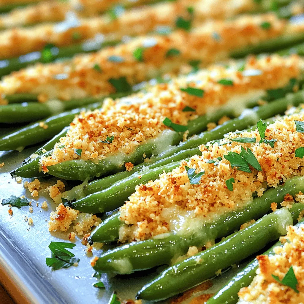 For Baked Parmesan Green Beans, you will need: - 1 pound fresh green beans, trimmed - 1 cup grated Parmesan cheese - 1/2 cup whole wheat breadcrumbs - 3 tablespoons olive oil - 2 cloves garlic, minced - 1 teaspoon paprika - 1/2 teaspoon salt - 1/2 teaspoon black pepper - 1 tablespoon lemon zest - Fresh parsley for garnish (optional) These ingredients work together to bring out the best flavors. Fresh green beans offer a crisp bite. The Parmesan gives a savory kick. Whole wheat breadcrumbs add texture. Olive oil helps everything combine. Garlic and spices enhance the dish. Lemon zest brightens the overall taste. If you want to switch things up, consider these options: - Alternatives for Parmesan cheese: You can use Pecorino Romano or nutritional yeast for a vegan option. - Options for reducing breadcrumbs: You can cut the breadcrumbs in half or use crushed nuts for crunch. - Olive oil substitutes: You can replace olive oil with avocado oil or melted butter for added richness. These swaps can help meet your taste or dietary needs while keeping the dish delicious. Feel free to experiment! For the complete details on making this dish, check out the Full Recipe. First, preheat your oven to 400°F (200°C). This step is key for crispy green beans. Next, prepare the green beans by trimming the ends. You want them clean and ready to cook. Rinse them lightly under cold water and pat them dry with a towel. In a large mixing bowl, combine the green beans with minced garlic, olive oil, salt, black pepper, and paprika. Toss until every green bean is well coated. This mix adds great flavor to your dish. In another bowl, prepare the breadcrumb topping. Mix the grated Parmesan cheese, breadcrumbs, and lemon zest. This topping adds a crunchy texture and rich taste. Spread the coated green beans evenly on a large baking sheet lined with parchment paper. This helps prevent sticking. Next, sprinkle the breadcrumb and Parmesan mixture generously over the beans. Make sure each bean has a nice layer. Bake in the preheated oven for 15-20 minutes. Watch for the cheese to turn golden and the beans to become tender yet crispy. Once done, remove them from the oven and let them cool for a couple of minutes. If you like, garnish with fresh parsley before serving. Enjoy your Baked Parmesan Green Beans, a dish that’s both crispy and flavorful! You can find the Full Recipe for more details. To avoid sogginess, start with fresh green beans. Make sure they are dry before mixing with oil. A good trick is to pat them with a paper towel after washing. Use a large baking sheet. This allows the beans space to roast. Crowding them can lead to steaming instead of crisping. For even browning of the cheese, consider broiling for the last few minutes. Watch closely while broiling. Cheese burns quickly, and you want a nice golden color. Stir the green beans halfway through baking to help them brown evenly. You can add more herbs or spices to elevate the taste. Try oregano, thyme, or even a pinch of cayenne for heat. Fresh herbs like basil add a lovely aroma and flavor. Experiment to find your perfect blend. Lemon zest plays a big role in flavor. It brightens the dish and adds freshness. Zest the lemon before juicing. Use a microplane for fine zest. A little goes a long way to enhance the green beans. Pair baked Parmesan green beans with proteins like chicken or fish. They complement grilled meats nicely. You can also serve them with a hearty grain, like quinoa or rice, for a full meal. For creative serving ideas, try placing the beans on a bed of mixed greens. Drizzle with balsamic reduction for a touch of sweetness. You can also use them as a side for pasta dishes, adding a crunch and flavor contrast. For the full recipe, check out the Baked Parmesan Green Beans section. {{image_2}} You can switch up the cheese in this dish. Cheddar or mozzarella both work well. Each cheese adds a unique taste. For a fun twist, combine different cheeses. Mixing Parmesan with cheddar gives a rich, creamy flavor. Mozzarella adds stretchiness and a mild taste to your dish. Experimenting with cheese can enhance your green beans. Want to spice things up? Add chili flakes for heat. Fresh herbs like thyme or rosemary can brighten the dish, too. You can even mix in other vegetables. Sliced bell peppers or cherry tomatoes add color and taste. These simple changes make your baked green beans more exciting. If you need to make it gluten-free, swap breadcrumbs for ground almonds or gluten-free panko. This keeps the crunch while avoiding gluten. For a vegan version, use nutritional yeast instead of cheese. It adds a cheesy flavor without dairy. These swaps make the dish friendly for various diets. After you make Baked Parmesan Green Beans, let them cool down completely. Then, place any leftovers in an airtight container. Store them in the fridge for up to three days. To freeze baked green beans, use a freezer-safe bag. Make sure to remove as much air as possible. They will stay fresh for about two months in the freezer. To reheat your baked green beans, the oven works best. Preheat it to 350°F (175°C). Spread the green beans on a baking sheet and heat for about 10 minutes. This method keeps them crispy. You can also use the microwave for quick reheating. Just place them in a microwave-safe dish. Heat in short bursts, checking often to avoid overcooking. You can keep baked Parmesan green beans fresh for three days in the fridge. In the freezer, they last for about two months. Look for signs of spoilage, like a sour smell or mushy texture. If they smell off or feel slimy, it's best to throw them away. Always trust your senses when it comes to food safety. Yes, you can use frozen green beans. They save time and are easy to find. However, they may lose some crunch. Frozen green beans have less water than fresh ones, which affects texture. When using frozen, adjust cooking time. Bake them for about 20-25 minutes. Check for tenderness and crispiness before serving. Baked Parmesan green beans go well with many dishes. Try serving them with grilled chicken or steak. They also pair nicely with fish. For sides, consider mashed potatoes or quinoa. A fresh salad can add a nice touch. The garlic and Parmesan flavors complement lemony dishes too. You can prepare Baked Parmesan green beans ahead of time. Mix the beans with olive oil and seasonings. Store them in the fridge for up to 24 hours. When ready to bake, add the breadcrumb topping. Bake them fresh right before serving. This keeps them crispy and delicious. This blog post covered how to make baked Parmesan green beans, including essential ingredients, preparation, and baking steps. You learned tips to keep your green beans crispy and flavorful. We explored variations like cheese options and dietary modifications. Don't forget to store leftovers properly for later enjoyment. With these insights, you can confidently create a tasty dish that pairs well with many meals. Enjoy your delicious baked green beans and feel free to experiment with the recipe!